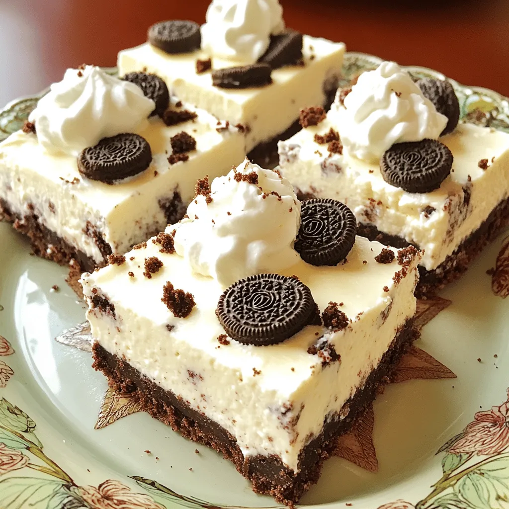 To make these yummy no-bake Oreo cheesecake bars, gather these key ingredients: - 24 Oreo cookies, crushed - 1/4 cup unsalted butter, melted - 16 oz cream cheese, softened - 1 cup powdered sugar - 1 teaspoon vanilla extract - 1 cup heavy whipping cream - 10 Oreo cookies, chopped (for mixing into the cheesecake) - Additional Oreo crumbs or whole cookies for topping These ingredients work together to create a rich and creamy dessert. The crushed Oreos form a crunchy crust that pairs perfectly with the smooth filling. For the best results, I recommend using these brands: - Oreo Cookies: Nabisco is the classic choice. They provide the best flavor and texture. - Cream Cheese: Philadelphia cream cheese is my favorite. It is creamy and blends well. - Powdered Sugar: Domino is a reliable brand for sweetness and smoothness. - Heavy Whipping Cream: Land O'Lakes offers a high-fat cream that whips nicely. You can try using flavored Oreos, like mint or peanut butter, for a fun twist. If you have allergies or dietary needs, here are some easy swaps: - Gluten-Free: Use gluten-free Oreo cookies for the crust and filling. - Dairy-Free: Substitute cream cheese with dairy-free cream cheese. Use coconut cream instead of heavy cream. - Sugar-Free: Choose sugar-free Oreo cookies and powdered sugar alternatives for a lighter option. These substitutes allow everyone to enjoy this tasty treat! To start, you need 24 Oreo cookies. Crush them in a bowl until they turn into fine crumbs. Add 1/4 cup of melted butter to the crumbs. Mix well until the crumbs are coated. This will give your crust a rich taste. Next, line a 9x9 inch baking pan with parchment paper. Pour the cookie mixture into the pan. Use a spatula or your hands to press it down firmly. Make sure it’s even and compact. Place this crust in the freezer for about 10 minutes. This helps it set nicely before adding the filling. Now, let’s make the cheesecake filling. Take 16 oz of softened cream cheese and put it in a large bowl. Use an electric mixer to beat it until smooth. This should take about 2 minutes. Next, gradually add 1 cup of powdered sugar and 1 teaspoon of vanilla extract. Mix until everything is well blended. In another bowl, whip 1 cup of heavy cream until it forms stiff peaks. This is key for a light texture. Carefully fold the whipped cream into the cream cheese mixture. Be gentle to keep the mixture airy. After that, fold in 10 chopped Oreo cookies. This adds extra flavor and texture to your bars. Once your crust is set, it’s time to assemble. Spread the cheesecake filling evenly over the crust. Use a spatula to smooth the top. Make it look nice; presentation matters! Cover the pan with plastic wrap and put it in the fridge. Let it chill for at least 4 hours. This allows the bars to firm up. After chilling, remove the bars by lifting the parchment paper. Cut them into squares. You can top each one with extra Oreo crumbs or whole cookies for a nice touch. Enjoy your delicious no-bake Oreo cheesecake bars! To make great whipped cream, start with cold heavy cream. Pour it into a clean bowl. Whip it using a mixer until you see stiff peaks. This means it holds shape well. Do not over-whip. If you do, it can turn grainy. Fold this whipped cream gently into your cream cheese mix. This keeps it light and fluffy. When it’s time to cut your bars, use a sharp knife. Run it under hot water first. This helps the knife glide through the cheesecake smoothly. Wipe the knife between cuts to keep edges clean. For serving, place each bar neatly on a plate. Add a dollop of whipped cream on the side for flair. You can also sprinkle extra Oreo crumbs on top to make it look special. Keep your cheesecake bars in the fridge until you are ready to serve. They taste best chilled. Cover them with plastic wrap to keep them fresh. If you wish to serve them later, let them sit out for about 10 minutes. This makes them easier to cut and enhances the flavor. Enjoy your creamy bars at the perfect temperature! {{image_2}} You can easily change the flavor of these bars. Add mint extract for a minty twist. You can also mix in peanut butter for a nutty taste. Try adding fresh berries or crushed candy for some fun. Each add-in creates a unique treat that everyone will love. Want a lighter version? Use low-fat cream cheese instead of regular. You can swap powdered sugar for a natural sweetener like honey or maple syrup. For a lower-calorie crust, use whole-grain cookies or oats. These swaps keep the taste while making it a bit healthier. Making these bars gluten-free is easy. Use gluten-free cookies for the crust. For a dairy-free option, choose dairy-free cream cheese and coconut cream. These choices allow everyone to enjoy the bars, no matter their dietary needs. Store leftover cheesecake bars in the fridge. Place them in an airtight container. This keeps them fresh and tasty. You can enjoy them for about five days. Just make sure to cover them well. If you notice any change in texture or smell, it’s best to toss them. You can freeze these cheesecake bars for up to three months. First, cut the bars into squares. Wrap each piece in plastic wrap. Then, place them in a freezer bag or container. When you want to eat one, let it thaw in the fridge overnight. This way, you keep the creamy texture. For best storage, use glass or plastic containers. Make sure they seal tightly. This helps prevent any odors from the fridge. If you freeze them, use freezer-safe bags or containers. Label each bag with the date. This keeps track of how long they stay fresh. Yes, you can use other cookies! Consider using chocolate sandwich cookies or graham crackers. Each type brings a unique taste. Chocolate cookies add more richness. Graham crackers give a different, lighter texture. Experiment to find your favorite combo! These cheesecake bars can last up to five days in the fridge. Store them in an airtight container for best results. Keeping them covered helps maintain their creaminess. If they last that long, you have great self-control! If you lack heavy whipping cream, use whipped topping as a substitute. You can also whip milk with cornstarch for a thicker texture. Cream cheese can work in a pinch, but it changes the flavor slightly. Choose what fits your taste best! No-bake Oreo cheesecake bars are simple and fun to make. We covered all the essential ingredients, from the Oreo crust to creamy filling. I shared tips for making perfect whipped cream and serving them well. We also explored variations for flavor and dietary needs. Remember to store leftovers properly for the best taste. Enjoy experimenting with flavors and share your results! You’ll impress everyone with these easy and delicious bars.