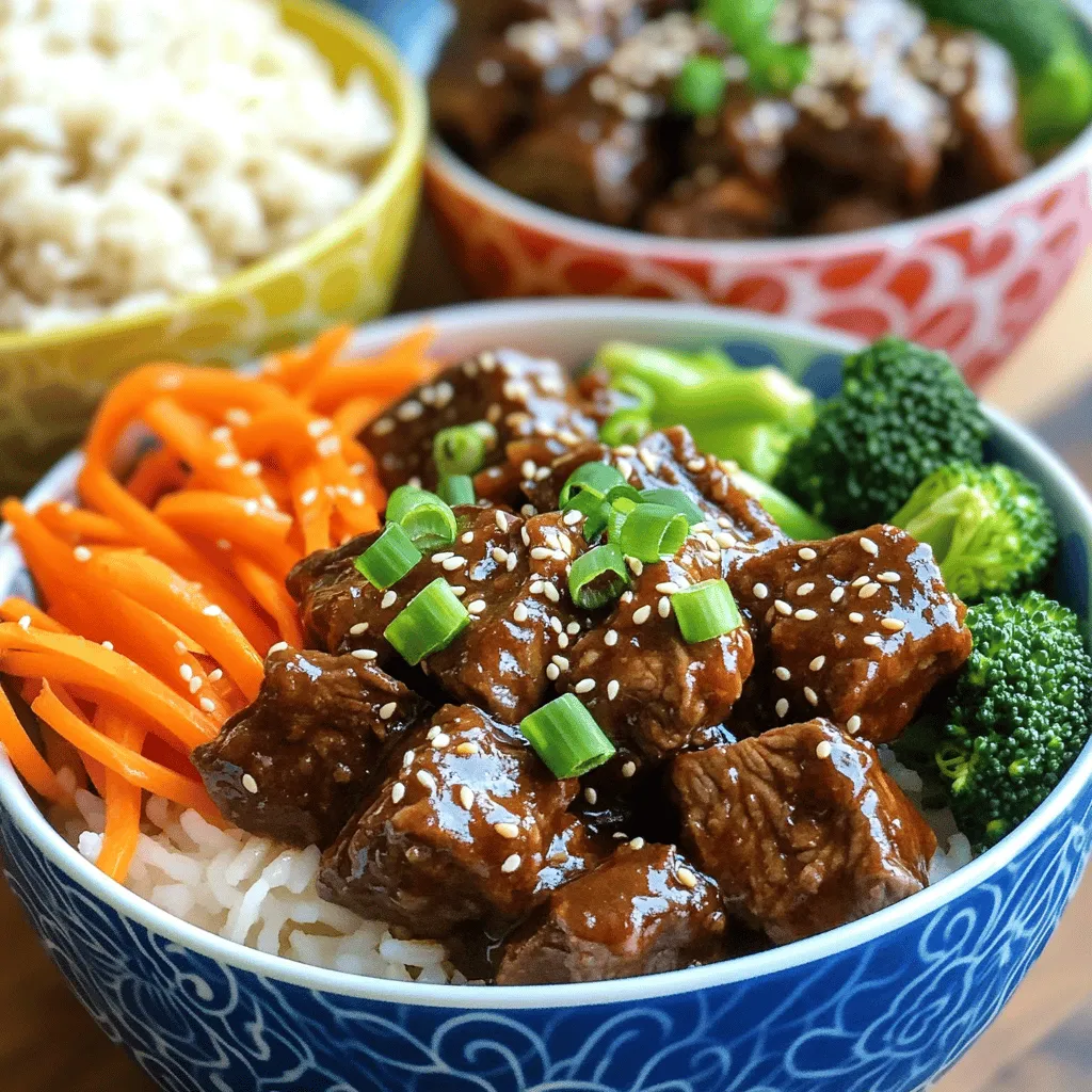 To make Slow Cooker Korean BBQ Beef Bowls, you need a few key ingredients: - 2 lbs beef chuck roast, cut into 1-inch cubes - 1 cup low sodium soy sauce - 1/2 cup brown sugar - 1/4 cup honey - 4 cloves garlic, minced - 1 tablespoon fresh ginger, grated - 1 tablespoon sesame oil - 1 teaspoon black pepper - 1 tablespoon gochujang (Korean chili paste) - 1 cup beef broth - 2 cups cooked jasmine rice - 1 cup sliced green onions (for garnish) - 1/2 cup sesame seeds (for garnish) - 1 cup julienned carrots, steamed (for serving) - 1 cup steamed broccoli florets (for serving) These ingredients come together to create a rich and savory dish. The beef chuck roast is perfect for slow cooking. It becomes tender and absorbs all the flavors. The sauce combines sweet, spicy, and salty notes, making each bite delicious. For garnishes, sliced green onions and sesame seeds add a nice crunch. Steamed carrots and broccoli bring color and nutrition to your bowls. Enjoy the balance of flavors and textures in every bite! To start, you need to mix the marinade. In a big bowl, combine these ingredients: - 1 cup soy sauce - 1/2 cup brown sugar - 1/4 cup honey - 4 cloves garlic, minced - 1 tablespoon fresh ginger, grated - 1 tablespoon sesame oil - 1 teaspoon black pepper - 1 tablespoon gochujang Mix well until the sugar dissolves. This step gives your beef a rich flavor. Next, prepare the beef. Cut 2 pounds of beef chuck roast into 1-inch cubes. This size helps it cook evenly and become tender. Now, let's talk about cooking. If you want more flavor, you can brown the beef first. Heat a large skillet over medium-high heat. Sear the beef cubes in batches for 3-4 minutes, turning until all sides are browned. This step is optional but adds depth to the dish. After browning, it’s time to use the slow cooker. Place the beef cubes in the slow cooker. Pour the marinade over the beef, coating each piece well. Add 1 cup of beef broth to keep everything moist. Cover the slow cooker and cook on low for 6-8 hours. If you're short on time, you can cook on high for 4-5 hours. The beef should be tender and easy to shred. When the beef is ready, taste the sauce. If you want it thicker, remove the lid and cook on high for another 30 minutes. Now it’s time to serve. Fluff 2 cups of cooked jasmine rice and divide it into bowls. Top each bowl with the Korean BBQ beef. Add steamed carrots and broccoli for color and nutrition. For the final touch, sprinkle sliced green onions and sesame seeds on top. This adds a nice crunch and flavor. To make it even better, serve with a small side of kimchi for that authentic touch. Enjoy your meal! - Options for marinating the beef: You can marinate the beef overnight. This adds more flavor. Mix soy sauce, brown sugar, honey, garlic, ginger, and gochujang. The longer you marinate, the better the taste. If you want a quick option, marinate for at least 30 minutes. - Adjusting sauce thickness: If you like a thicker sauce, remove the lid after cooking. Cook on high for 30 minutes. This helps the sauce reduce and thicken. You can also add a cornstarch slurry for a quick thickening option. - Slow cooking tips for tenderness: Always cook on low for the best results. This lets the beef become very tender. The longer cooking time breaks down the meat fibers. This makes for a soft and juicy dish. - How to avoid tough beef: Use beef chuck roast for the best texture. Cut it into 1-inch cubes. If the beef is tough, it may need more cooking time. Check it after the suggested time. If it's not tender yet, let it cook longer. {{image_2}} You can switch up the cut of beef to fit your taste. A brisket or short rib works well too. Each cut offers a different flavor and texture. Experiment and find what you love best! If you want a plant-based option, try using jackfruit or mushrooms. These choices soak up flavors well and have great texture. They make your bowls tasty and satisfying. Do you love spice? Add more gochujang for a kick! You can also mix in chili flakes or fresh peppers. If you prefer mild flavors, reduce the gochujang. You can always add more later. Changing the veggies is another fun way to customize your dish. Try bell peppers, snap peas, or zucchini. Each veggie brings a unique taste and adds color to your bowl. Mix and match to find your favorite combo! To keep your Slow Cooker Korean BBQ Beef Bowls fresh, store leftovers properly. Use airtight containers to prevent air from spoiling the food. Make sure to cool the beef bowls before sealing them. You can keep them in the fridge for up to 3 days. For longer storage, consider freezing the beef. Frozen bowls can last up to 3 months. Just remember to label your containers with the date for easy tracking. When it's time to enjoy your leftovers, reheating is key. The best way to heat them is slowly in the microwave. Start at medium power for 2-3 minutes. Stir halfway to ensure even heating. If you want to keep the flavor and texture, add a splash of beef broth or water while reheating. This helps moisten the beef and rice. If you're in a hurry, you can also reheat on the stovetop. Just use low heat and stir often. Enjoy your delicious meal again! How long can you store Slow Cooker Korean BBQ Beef Bowls? You can store these bowls in the fridge for up to four days. Just place them in an airtight container. Can you freeze this recipe? Yes, you can freeze the beef bowls. They last up to three months in the freezer. Just thaw overnight in the fridge before reheating. What sides pair well with Korean BBQ beef bowls? Great sides include steamed rice, kimchi, or pickled vegetables. These add crunch and flavor. How to make the beef more tender? To make beef tender, use a chuck roast and slow cook it. Cooking low and slow breaks down tough fibers. Can you cook on high instead of low? Yes, you can cook on high. It takes about four to five hours. Just check for tenderness before serving. What should you do if the sauce is too salty? If the sauce is salty, add a splash of water or more beef broth. This will help balance the flavor. This blog post covered everything you need for Slow Cooker Korean BBQ Beef Bowls. You learned about the right beef cut, marinade, and sides. We then walked through easy steps for preparation and cooking. We explored tips to enhance flavor and avoid tough meat. You also found variations, storage advice, and answers to your questions. With these insights, you can make a tasty and satisfying meal. Enjoy your cooking and savor each bite of your creation!