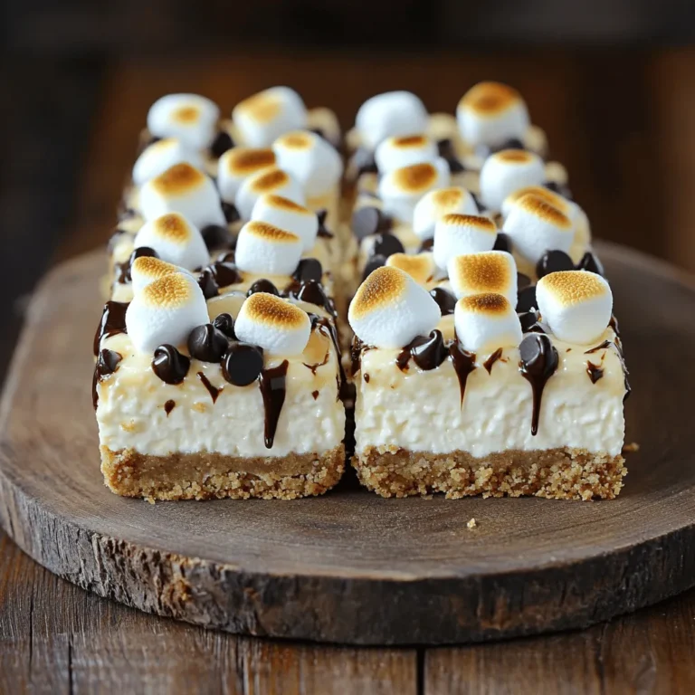 To make the No-Bake S’mores Cheesecake Bars, you need simple, tasty ingredients. Here's the list: - 1 ½ cups graham cracker crumbs - ½ cup unsalted butter, melted - 2 tablespoons granulated sugar - 8 oz cream cheese, softened - 1 cup powdered sugar - 1 teaspoon vanilla extract - 1 cup heavy whipping cream - ½ cup mini marshmallows - ½ cup chocolate chips (dark or milk chocolate) - ¼ cup mini chocolate chips for topping - Extra mini marshmallows for toasting on top Each ingredient plays a key role. The graham cracker crumbs form the base, giving that classic s’mores crunch. Butter and sugar add richness and sweetness. Cream cheese brings a creamy texture to the filling, while powdered sugar sweetens it just right. Vanilla extract boosts the flavor, making it more inviting. Heavy whipping cream is crucial for lightness and fluffiness. Mini marshmallows and chocolate chips add the fun, gooey texture, while the extra marshmallows give a perfect toasted finish. With these tasty ingredients, you can create a dessert that feels like a campfire treat, all without baking! To start, you need to make the crust. In a mixing bowl, combine 1 ½ cups of graham cracker crumbs, ½ cup of melted unsalted butter, and 2 tablespoons of granulated sugar. Stir until everything blends well. This mixture should look like wet sand. Next, press it evenly into the bottom of a 9x9-inch baking dish. Use the back of a measuring cup or your fingers to make it firm. After that, place the dish in the refrigerator. Let it chill while you make the cheesecake filling. Now, let’s make the cheesecake filling. Grab a large bowl and beat 8 oz of softened cream cheese until it is smooth. This step is key for a creamy texture. Gradually add 1 cup of powdered sugar. Keep mixing until it is fully incorporated. Then, stir in 1 teaspoon of vanilla extract. This will add a nice flavor to the filling. Next, you will whip the cream. In a separate chilled bowl, whip 1 cup of heavy whipping cream until stiff peaks form. This means when you lift the beaters, the cream should hold its shape. Gently fold the whipped cream into the cream cheese mixture. Be careful! You want to keep the fluffiness. After that, fold in ½ cup of mini marshmallows and ½ cup of chocolate chips. This adds sweetness and texture. Now, pour the cheesecake filling over your crust. Use a spatula to smooth it out. Sprinkle the top with ¼ cup of mini chocolate chips. Cover the dish with plastic wrap and refrigerate it for at least 4 hours. This helps the bars set properly. When you are ready to serve, toast some extra mini marshmallows on top for that classic s’mores flavor. Slice into bars and enjoy! To make whipped cream with stiff peaks, start with cold tools. Use a chilled bowl and beaters. Pour in the heavy cream and whip on medium speed. Keep whipping until you see soft peaks form. Then, increase speed to high. Watch closely until stiff peaks appear. This means your cream is ready. Gently fold the whipped cream into your cheesecake mix. Avoid deflating it. This keeps the filling light and airy. You can change the flavors in your s’mores bars easily. Try using different chocolates. Dark chocolate gives a rich taste. Milk chocolate tastes sweeter. You might also add flavor extracts. A hint of almond or coconut can add a nice twist. For a fun touch, mix in peanut butter chips or butterscotch chips. These small changes can take your bars to the next level. A great look can make your dessert even more appealing. Serve your bars on a rustic platter. Add some graham cracker pieces around them for a nice touch. Drizzle with melted chocolate for extra flair. You can also sprinkle toasted mini marshmallows on top. This adds a fun s'mores effect. Slice the bars neatly for a polished look. These steps will impress your guests and make your dessert even more delightful. {{image_2}} You can switch up the crust for your no-bake s’mores cheesecake bars. Instead of using graham cracker crumbs, try Oreo crumbs. This gives a rich, chocolatey taste. You can also use nut-based crusts like almond or pecan. These options add a nice crunch and flavor. Just mix the crumbs with melted butter and press them into your dish. Mix-ins can change your bars in fun ways. You can add fruits like strawberries or bananas for a fresh twist. Nuts like walnuts or pecans bring added texture and crunch. Want more chocolate? Use flavored chocolate chips, like mint or peanut butter. These small changes make each bite exciting. If you need gluten-free bars, it’s simple. Use gluten-free graham crackers or nut-based crusts. For the filling, make sure your cream cheese and chocolate chips are gluten-free. This way, everyone can enjoy your delicious creation without worry. These options keep your treat tasty and accessible. To keep your no-bake s’mores cheesecake bars fresh, store them in the fridge. Use an airtight container to seal in moisture and flavor. If you leave them uncovered, they may dry out. Make sure to place a piece of wax paper between the bars and the lid. This will stop the marshmallows from sticking to the top. If you want to freeze these treats, cut them into bars first. Wrap each bar in plastic wrap and then place them in a freezer bag. This keeps them fresh for longer. When you’re ready to enjoy, thaw them in the fridge overnight. Avoid thawing at room temperature to keep the texture nice. In the fridge, these bars will last about 5 days. If you freeze them, they can stay good for up to 2 months. Just remember, the longer they sit, the less fresh they may taste. For the best flavor, enjoy them sooner rather than later. Yes, you can use low-fat or dairy-free cream cheese. For low-fat options, look for brands that are labeled as such. If you need a dairy-free choice, brands like Tofutti or Kite Hill work well. Both options will give you a similar taste and texture. Just ensure they are softened before mixing to avoid lumps. Prepping this dessert in advance is easy and smart. You can make the crust and filling a day before. Just store them in the fridge, covered. When you’re ready to serve, toast the marshmallows and slice the bars. They taste even better after sitting in the fridge for a while, as the flavors meld perfectly. If you don’t have a kitchen torch, use your oven. Set it to broil and place the mini marshmallows on top. Keep an eye on them, as they can burn quickly. Another option is to use a stovetop. Skewer the marshmallows and hold them over the flame. This creates that perfect toasted look and flavor without any special tools. This blog post covered how to make delicious cheesecake bars. We explored simple ingredients like graham crackers and cream cheese. You learned step-by-step instructions, tips for whipped cream, and ways to add flavors. There are many fun variations to try, like using different crusts or mix-ins. Finally, I shared smart storage tips for leftovers. Now you can enjoy making these tasty treats at home! Get creative and share your own twists. You’ll impress friends and family with this easy dessert.
