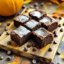 - 1 cup canned pumpkin puree - 1/2 cup unsweetened cocoa powder - 1/2 cup granulated sugar - 1/4 cup brown sugar, packed - 1/2 cup vegetable oil or melted coconut oil - 2 large eggs - 1 teaspoon vanilla extract - 1 teaspoon baking soda - 1/2 teaspoon salt - 1/2 teaspoon ground cinnamon - 1/4 teaspoon ground nutmeg - 1 cup all-purpose flour - 1/2 cup chocolate chips (semi-sweet or dark) These ingredients create a rich, moist brownie. The pumpkin puree gives it a nice texture. Cocoa powder adds a deep chocolate flavor. Both sugars add sweetness and depth. Using vegetable oil or coconut oil makes it moist and fudgy. Eggs help bind everything together. Vanilla extract adds warmth. Baking soda gives rise, while salt brings out flavors. Spices like cinnamon and nutmeg enhance the taste. All-purpose flour provides the structure. Finally, chocolate chips make every bite special. Each brownie has about 150 calories. They contain roughly 22 grams of carbs and 7 grams of fat. You'll also find about 2 grams of protein and 10 grams of sugar per serving. If you want to swap sweeteners, try using honey or maple syrup. For a gluten-free option, replace all-purpose flour with almond flour or a gluten-free blend. These changes will still give you a tasty treat while catering to different diets. First, preheat your oven to 350°F (175°C). This step is key for even baking. Next, grab an 8x8-inch baking dish. You can either grease it with oil or line it with parchment paper. Lining makes it easier to lift the brownies out later. Now, let’s mix the ingredients. In a large bowl, combine the canned pumpkin puree, cocoa powder, both sugars, and oil. Stir this mixture until it’s smooth and well blended. Next, add the two eggs and vanilla extract. Whisk until everything is creamy. Then, sprinkle in the baking soda, salt, ground cinnamon, and nutmeg. Mix well to combine. Finally, gradually add the all-purpose flour. Stir until just combined; be careful not to overmix. You want the batter to be thick and fudgy. Fold in the chocolate chips, ensuring they are evenly spread throughout. Pour the brownie batter into your prepared baking dish. Smooth the top with a spatula for an even bake. Place it in the oven and bake for 25 to 30 minutes. To check if they are done, use a toothpick. Insert it into the center; it should come out mostly clean with a few moist crumbs. Let the brownies cool in the pan for about 10 minutes before moving them to a wire rack. This cooling step helps them set up nicely. To keep your brownies fudgy, avoid overmixing the batter. When you add the flour, mix just until combined. Overmixing can make the brownies tough. Bake them for about 25 to 30 minutes. Check doneness with a toothpick; it should come out with a few moist crumbs. You can boost the flavor by adding extra spices. A pinch of ginger or cloves adds warmth and depth. Using quality chocolate chips is key too. They melt beautifully and enrich the brownie taste. Choose semi-sweet or dark chips for the best results. For a great presentation, cut brownies into neat squares. A light dusting of powdered sugar gives them a nice touch. Serve on a rustic wooden board with scattered chocolate chips for a fun look. Add a dollop of whipped cream on top to make them even more special. {{image_2}} You can easily add nuts to your brownies. Chopped walnuts or pecans give a nice crunch. Just mix in about half a cup into your batter. If you want to switch things up, try swapping the chocolate chips for dried fruit or even peanut butter chips. This adds new flavors and textures to your brownies. Want to add a kick? Try mixing in a tablespoon of espresso or coffee. This will deepen the chocolate flavor. You can also brighten your brownies with orange zest. Just add about a teaspoon for a fresh, citrusy taste. These simple tweaks make your brownies unique and delicious. If you want vegan brownies, replace the eggs with flaxseed. Mix one tablespoon of ground flaxseed with three tablespoons of water. Let it sit for a few minutes to thicken. For a low-sugar option, use a sugar substitute like stevia or monk fruit. This way, you can enjoy a treat without all the sugar. To keep your brownies fresh, store them at room temperature. Place them in an airtight container. This helps maintain their fudgy texture. You can also cover them tightly with plastic wrap. They will stay soft and tasty for up to three days. For longer storage, freezing is a great option. First, let the brownies cool completely. Then, cut them into squares. Wrap each square in plastic wrap, then place them in a freezer bag. Squeeze out all the air before sealing. To thaw, take them out and leave them at room temperature for about an hour. These brownies will last about three days at room temperature. If frozen, they can last for up to three months. Just remember to check for any freezer burn before eating. Enjoy your brownies whenever you crave a delicious treat! Yes, you can use fresh pumpkin. Start with a small pumpkin. Cut it in half and remove the seeds. Bake the halves face down at 350°F until soft, about 30-40 minutes. Once cool, scoop the flesh. Blend it until smooth. Measure out one cup for your recipe. Fresh pumpkin gives a great taste, but ensure it is well pureed to avoid chunks in your brownies. To check if your brownies are ready, insert a toothpick into the center. If it comes out mostly clean, they are done. A few moist crumbs are okay; it means they stay fudgy. Keep an eye on baking time. Start checking at 25 minutes to avoid overbaking. Yes! For gluten-free brownies, use almond flour or a gluten-free all-purpose mix. These options work well and keep the texture moist and tasty. Just ensure your flour is certified gluten-free to avoid cross-contamination. To cut brownies neatly, let them cool completely. Use a sharp knife and cut straight down. Clean the knife between cuts for clean edges. For a fancy look, dust them with powdered sugar. You can also serve them on a rustic wooden board with a dollop of whipped cream on top. This adds a nice touch! These brownies combine canned pumpkin and cocoa for a tasty treat. You learned how to mix ingredients, bake, and store them well. Remember, you can customize with nuts or spices for fun flavors. Try different sweeteners and gluten-free options to fit your needs. Enjoy serving these delicious brownies to friends and family. Experiment with variations to make them your own. Happy baking!