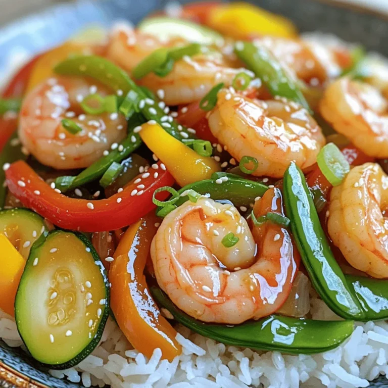 - 1 pound large shrimp, peeled and deveined - 3 tablespoons olive oil - 4 cloves garlic, minced - 1 inch fresh ginger, grated - 1 bell pepper, sliced (any color) - 1 cup snap peas, trimmed - 1 medium zucchini, sliced into half-moons - 3 tablespoons soy sauce (low-sodium) - 1 tablespoon hoisin sauce - 1 teaspoon sesame oil - Salt and pepper to taste - 1 green onion, sliced (for garnish) - Sesame seeds (for garnish) Each ingredient plays a key role in this dish. The large shrimp bring a sweet and tender bite. Olive oil helps cook everything smoothly. Garlic and ginger add a warm, aromatic flavor. Bell pepper, snap peas, and zucchini provide bright colors and crunch. For sauces, low-sodium soy sauce keeps it savory without too much salt. Hoisin sauce adds a hint of sweetness. Sesame oil gives a nutty finish. Lastly, salt and pepper enhance all the flavors. When it comes to garnishes, sliced green onions add freshness. A sprinkle of sesame seeds gives a nice crunch. Together, these ingredients create a quick and tasty meal that you can enjoy any night of the week. - First, pat the shrimp dry with paper towels. This step helps the shrimp cook evenly. - Next, season the shrimp with salt and pepper. This adds flavor to the shrimp. - Now, heat the olive oil in a large skillet or wok over medium-high heat. Wait until the oil shimmers. - Add the minced garlic and grated ginger to the skillet. Stir-fry for about 30 seconds until you smell the aroma. - Then, add the shrimp to the skillet. Cook for 2-3 minutes, stirring constantly. The shrimp should turn pink and opaque. Remove the shrimp and set aside. - In the same skillet, stir-fry the sliced bell pepper, snap peas, and zucchini. Cook for about 2-3 minutes until the vegetables are vibrant and slightly tender. - Return the cooked shrimp to the skillet. - Next, add the soy sauce, hoisin sauce, and sesame oil. Toss everything together. - Cook for another minute to heat everything through. This step makes sure all flavors blend well. Stir-frying vs. Sautéing Stir-frying cooks food fast. It uses high heat and a bit of oil. You need to keep the food moving. Sautéing is slower and uses lower heat. For this dish, stick with stir-frying. It gives the shrimp a nice sear and keeps veggies crisp. Importance of high heat High heat is key in stir-frying. It cooks shrimp quickly, sealing in juices. This heat also helps the garlic and ginger shine. If your pan is too cool, the food will steam instead of fry. You want that quick, hot cook. Choosing fresh shrimp Fresh shrimp makes all the difference. Look for shrimp that smell clean and ocean-like. Their shells should be shiny and firm. Avoid shrimp with a strong fishy odor or black spots. Fresh shrimp will cook up tender and sweet. Timing for best texture Timing is crucial for shrimp. Cook them just until they turn pink and opaque. This usually takes 2-3 minutes. Overcooked shrimp can turn rubbery. Keep an eye on them. Remove them from the pan as soon as they’re done. Serving suggestions Serve the stir-fry over fluffy jasmine rice or quinoa. This adds a nice base and texture. You can also place it in a bowl for a cozy feel. Pair it with a lime wedge for a fresh burst of flavor. Garnishing effectively Garnish your dish with sliced green onions and sesame seeds. This adds color and crunch. Use a light hand with the garnishes. You want to enhance, not overwhelm, the dish. A little goes a long way! {{image_2}} You can easily boost the veggie count in this dish. Consider adding broccoli, carrots, or mushrooms. These vegetables add new flavors and textures. Seasonal options like asparagus in spring or butternut squash in fall work well, too. The key is to pick what you love and what is fresh. If you want to switch up the protein, chicken or tofu are great choices. For chicken, cut it into bite-sized pieces and cook for about 5-7 minutes. Tofu should be firm and diced, cooking for about 4-6 minutes until golden. Both will take a bit longer than shrimp, so adjust the cooking time accordingly. For those needing gluten-free options, swap soy sauce with coconut aminos or tamari. Both provide a similar taste without gluten. If you're vegan, simply replace shrimp with tofu or chickpeas. This keeps the dish hearty while meeting your dietary needs. To store your Minute Garlic Shrimp Stir-Fry, follow these steps: - Cool it down: Let the stir-fry cool completely before storing. - Use airtight containers: Place it in a container with a tight lid. - Label and date: Write the date on the container for easy tracking. These tips help keep your food fresh. Store the leftovers in the fridge for up to three days. If you want to keep your stir-fry longer, freezing is a great option: - Freeze in portions: Divide the stir-fry into smaller containers for easy meals. - Seal well: Use freezer bags or airtight containers to prevent freezer burn. When you’re ready to eat, here’s how to reheat it: - Thaw overnight: Move the container to the fridge a day before. - Heat in a pan: Use medium heat and stir occasionally until hot. Knowing how long your dish lasts is key: - In the fridge: The stir-fry lasts about three days. - In the freezer: It can stay good for two to three months. Keep an eye out for signs of spoilage: - Smell: If it smells off, it's best to toss it. - Texture: If the shrimp feels slimy, do not eat it. - Color: Any strange color changes could mean it's time to throw it away. This way, you keep your meals safe and tasty! The total time for this dish is just 15 minutes. It takes about 10 minutes to prep the ingredients. Cooking takes only 5 minutes. You can have a tasty meal ready in no time. Yes, you can use frozen shrimp. Just make sure to thaw them first. You can do this by placing them in cold water for about 15 minutes. Pat them dry before you season. This helps the shrimp cook evenly. If you don’t have hoisin sauce, you can use soy sauce. Mixing soy sauce with a bit of sugar can also work. Another option is to use teriyaki sauce. Each choice will change the flavor a little but still taste great. This blog post covered how to make a tasty garlic shrimp stir-fry. I shared the main ingredients, which include shrimp, olive oil, and fresh veggies. The step-by-step guide detailed the cooking process and important tips for perfecting your dish. You can also switch up veggies or proteins to fit your taste. Remember to store leftovers properly for best freshness. By following these tips, you can create a delicious meal that everyone will enjoy. Happy cooking!