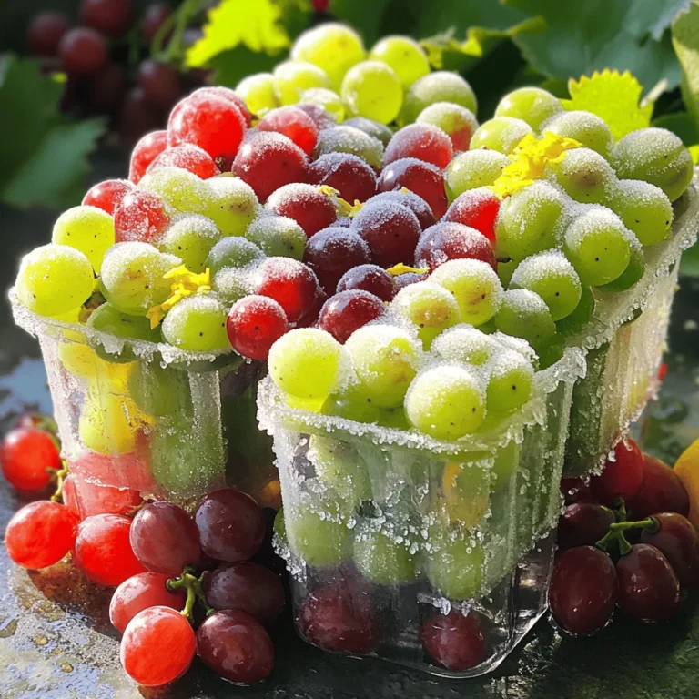 - 2 cups fresh grapes (red or green) - 1 cup granulated sugar - 1/2 cup water - 1 teaspoon lemon juice - 1/2 teaspoon vanilla extract (optional) - Pinch of salt To make candied frozen grapes, you need just a few key ingredients. Fresh grapes are the star of the show. You can choose red or green grapes based on your taste. The sugar creates a sweet syrup that coats the grapes. Water helps dissolve the sugar. The lemon juice adds a bright flavor. A touch of vanilla extract can enhance the taste. Lastly, a pinch of salt balances the sweetness. - Chocolate drizzle - Chopped nuts - Sprinkles If you want to get creative, consider adding toppings. A drizzle of chocolate makes it extra special. Chopped nuts add crunch and flavor. Sprinkles can make your treat look fun and festive. Feel free to mix and match these toppings to suit your style. - Small saucepan - Baking sheet - Parchment paper - Slotted spoon You will need some basic kitchen tools. A small saucepan is perfect for making the sugar syrup. A baking sheet holds the grapes while they freeze. Parchment paper helps prevent sticking. A slotted spoon makes it easy to transfer grapes. With these items, you’ll be ready to create a delicious treat. - Rinse and dry the grapes. - Remove stems and set aside. Start by rinsing your grapes under cold water. This step is key to getting rid of any dirt. After rinsing, pat them dry with a clean towel. This helps the sugar syrup stick better. Next, carefully remove the stems. Set the grapes aside in a bowl while you prepare the syrup. - Combine ingredients and heat. - Cooling process. In a small saucepan, mix together one cup of granulated sugar, half a cup of water, one teaspoon of lemon juice, and a pinch of salt. Heat the mixture over medium heat. Stir it often until the sugar fully dissolves. Once the sugar is dissolved, let it simmer gently for 2 to 3 minutes. This thickens the syrup just a bit. Once done, remove the saucepan from the heat and let it cool. - Mixing grapes with syrup. - Freezing procedure. After the syrup has cooled, it’s time to coat the grapes. Place the grapes in a large bowl. If you like, add half a teaspoon of vanilla extract for extra flavor. Then, pour the cooled syrup over the grapes. Make sure they are well coated. Now, prepare a baking sheet with parchment paper. Using a slotted spoon, transfer the grapes onto the sheet in a single layer. This helps them freeze evenly. Place the baking sheet in the freezer for about 2 to 3 hours. Wait until the grapes are completely frozen. Enjoy this sweet treat as a refreshing snack! To coat the grapes well, keep these tips in mind: - Rinse the grapes under cold water and dry them. This helps the syrup stick better. - Use a medium heat when making syrup. Stir constantly until the sugar dissolves completely. - Let the syrup cool before coating the grapes. This helps keep the grapes firm. To get syrup consistency just right, aim for a light syrup. It should be thick enough to coat, but not too thick. Simmer it for just 2-3 minutes. Freezing grapes properly is key. Follow these steps: - Line your baking sheet with parchment paper. This prevents sticking. - Place the grapes in a single layer on the sheet. This allows them to freeze evenly. - Avoid overcrowding the sheet. If needed, use two sheets. To avoid freezer burn, make sure the grapes are fully coated in syrup before freezing. This layer helps protect them. Get creative when serving your candied frozen grapes: - Serve them in small bowls for a fun snack. - Try pairing them with yogurt or whipped cream for a treat. - They also taste great with sparkling water or lemonade. You can even add a twist by dipping them in chocolate. This adds a rich flavor. Enjoy your sweet treat! {{image_2}} You can change the taste of your candied frozen grapes easily. Want a nutty twist? Add almond extract. Craving something tropical? Use coconut extract. Just a drop gives great flavor. You can also infuse herbs. Mint and basil add a fresh touch. Crush some herbs and mix them in. This gives your grapes a fun, new taste. If you want a lighter treat, reduce the sugar. Use less granulated sugar in your syrup. You can also try natural sweeteners. Honey or maple syrup works well. These options give sweetness without as much sugar. This way, you can enjoy your grapes guilt-free. Don’t limit yourself to grapes! Other fruits taste great frozen too. Try berries like strawberries or blueberries. They soak up the syrup well. Melons like watermelon or cantaloupe are also fun. Citrus slices, like oranges, make a zesty treat. Get creative! Mix different fruits for a colorful snack. To keep your candied frozen grapes fresh, use airtight containers. This will stop air from getting in and drying them out. If you have a lot, divide them into small containers. This makes grabbing a snack easy. Remember to label and date each container. This helps you know how long they have been stored. You can store your candied frozen grapes in the freezer for up to one week. They stay tasty and sweet during this time. After a week, they might get freezer burn. Signs of spoilage include a dry or frosty surface. If they look icy, it's best to toss them. It is safe to re-freeze your grapes if they have not sat out too long. If they have been thawed for more than two hours, do not re-freeze them. Re-freezing can change their texture and flavor. They may become mushy or lose some sweetness. Enjoy them fresh when you can for the best taste! Yes, you can use frozen grapes. However, frozen grapes may not work as well as fresh. Here's why: - Pros: - They are already cold and ready to eat. - They save time if you need a quick snack. - Cons: - Frozen grapes may be mushy when thawed. - They won't absorb syrup as well as fresh ones. Using fresh grapes gives the best taste and texture. Stick with fresh grapes for this treat. Finding good quality pre-made candied frozen grapes can be tricky. Here are some tips: - Look for brands with clear labels. - Check for minimal ingredients, focusing on natural sugars. - Choose products that use fresh, whole grapes. - Read customer reviews for quality insights. You can often find these treats in health food stores or online. Candied frozen grapes can be a fun snack, but consider these factors: - Nutritional Benefits: - Grapes are low in calories and high in water content. - They contain vitamins C and K, which are good for your body. - Considerations: - They do have added sugar, which can increase calories. - Enjoy them in moderation to balance health and taste. Overall, they can fit into a balanced diet, but watch your portion size. For the full recipe of candied frozen grapes, you can find detailed instructions [here](#). In this post, I covered how to make delicious candied frozen grapes. We discussed essential ingredients, helpful tips, and various serving ideas. Remember to rinse your grapes well and coat them evenly for the best results. You can even try new flavors or healthier options. These treats are fun to make and great for summer snacks. Store them properly in airtight containers to maintain freshness. Enjoy your tasty treats and share them with friends!