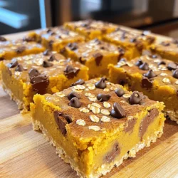 - 1 cup rolled oats - 1 cup whole wheat flour - 1/2 cup brown sugar, packed - 1/2 teaspoon baking powder - 1/2 teaspoon baking soda - 1/2 teaspoon salt I love using rolled oats in this recipe. They add great texture and chewiness. Whole wheat flour gives the bars a hearty feel and boosts nutrition. Brown sugar adds a lovely depth of flavor and sweetness. Baking powder and baking soda help the bars rise perfectly. - 1 teaspoon ground cinnamon - 1/2 teaspoon ground nutmeg - 1 teaspoon vanilla extract Cinnamon and nutmeg bring warmth and spice to these bars. They make every bite feel cozy. Vanilla extract adds a sweet, rich note that enhances all the flavors. - 1/2 cup pumpkin puree - 1/3 cup maple syrup - 1/4 cup coconut oil, melted - 1 large egg Pumpkin puree makes these bars moist and adds a nice fall flavor. Maple syrup offers a natural sweetness that pairs well with pumpkin. Melted coconut oil keeps the bars rich and helps them stay soft. The egg binds everything together, giving the bars structure. - 1/2 cup chocolate chips (semi-sweet or dark) Chocolate chips are the star of this recipe! They add a sweet surprise in every bite. You can choose semi-sweet for a balanced taste or dark for a richer flavor. Mix them in gently to keep them from sinking. 1. Preheat your oven to 350°F (175°C). 2. Line an 8x8 inch baking pan with parchment paper. Leave some paper overhanging for easy removal. 3. In a large mixing bowl, combine the following dry ingredients: - 1 cup rolled oats - 1 cup whole wheat flour - 1/2 cup brown sugar, packed - 1/2 teaspoon baking powder - 1/2 teaspoon baking soda - 1/2 teaspoon salt - 1 teaspoon ground cinnamon - 1/2 teaspoon ground nutmeg Stir until everything is well mixed. 1. In another bowl, whisk together the wet ingredients until smooth: - 1/2 cup pumpkin puree - 1/3 cup maple syrup - 1/4 cup melted coconut oil - 1 large egg - 1 teaspoon vanilla extract 2. Pour the wet mixture into the dry ingredients. Stir gently until just combined. Avoid overmixing to keep the bars soft. 3. Fold in 1/2 cup of chocolate chips. 1. Pour the batter into the prepared baking pan. Use a spatula to spread it evenly. 2. Bake in the preheated oven for 25 to 30 minutes. Check for doneness by inserting a toothpick into the center. It should come out clean or with a few moist crumbs. 3. Allow the bars to cool in the pan for about 10 minutes. Use the parchment overhang to lift them out onto a wire rack. Let them cool completely before cutting into squares. To get the perfect texture in your Pumpkin Oatmeal Chocolate Chip Bars, follow a few key steps. First, make sure to measure your ingredients correctly. Use a kitchen scale if you have one. This helps maintain consistency. Next, mix your dry and wet ingredients in separate bowls. This allows for even blending when you mix them together. Do not overmix the batter. Overmixing can lead to tough bars. Stir just until you see no dry flour. This keeps your bars soft and chewy. Making your bars look tasty is easy. After baking, cut them into squares. Dust with a little extra cinnamon for a warm touch. You can also sprinkle some rolled oats on top for a rustic look. Serve these bars with a dollop of whipped cream or yogurt. This adds a creamy contrast that many people love. You can also pair them with a cup of hot tea or coffee for a cozy treat. If your bars are too dry, it may be due to overbaking. Check them a few minutes before the time is up. If they feel dry, you can add a bit of butter or yogurt to your next batch for moisture. If your bars are too moist, they might need more baking time. Try baking them a little longer next time. Also, make sure you are using the right amount of pumpkin puree. Too much can lead to wet bars. {{image_2}} Want to make these bars gluten-free? Use gluten-free flour instead of whole wheat flour. It adds a nice texture without losing flavor. You can also try using alternative sweeteners like honey or agave syrup. They provide a different sweetness and can enhance the taste. You can add nuts or seeds for extra crunch. Chopped walnuts or pumpkin seeds work great. They add a fun texture and boost nutrition. If you want a chocolate twist, try different types of chocolate. Milk chocolate adds creaminess, while dark chocolate gives a rich flavor. To make these bars festive, add dried cranberries. They pair well with pumpkin and bring a holiday vibe. You can also swap pumpkin for apples in the recipe. Just make sure to chop them small. This change creates a fresh, fruity taste that’s perfect for any season. You can store these bars at room temperature or in the fridge. If you keep them at room temperature, place them in an airtight container. This keeps them fresh for about three days. If you need them to last longer, put them in the fridge. They can stay fresh for up to a week when stored this way. To freeze these bars, first cut them into squares. Wrap each square in plastic wrap. Then, place the wrapped bars in a freezer bag or an airtight container. They can stay frozen for up to three months. When you want to enjoy them, take them out and let them thaw in the fridge overnight. You can also leave them at room temperature for about an hour. These pumpkin oatmeal chocolate chip bars last about three days at room temperature. In the fridge, they last up to a week. If you freeze them, they can last for three months. Watch for signs that the bars are bad. Mold, a strange smell, or a dry texture mean it's time to toss them. Always check before enjoying! Yes, you can make these bars vegan! To replace the egg, use a flax egg or applesauce. For the dairy, swap the chocolate chips with dairy-free ones. Use plant-based milk if you prefer to adjust the wet ingredients. You can use quick oats, but the texture will change. Quick oats absorb more liquid, making the bars denser. Rolled oats give a chewier feel. If you choose quick oats, watch the baking time closely, as they may bake faster. To cut the bars cleanly, let them cool completely. Use a sharp knife for straight cuts. Wipe the knife with a damp cloth between cuts to keep edges neat. For easier lifting, use the parchment paper overhang. Yes, you can double the recipe! Use a 9x13 inch pan for the larger batch. Check the baking time, as it may take a bit longer. A toothpick inserted should come out clean or with a few moist crumbs. This blog post covered all the key ingredients and steps to make delicious bars. We detailed the main ingredients like rolled oats and pumpkin puree, plus flavor enhancers like cinnamon and vanilla. Mixing wet and dry ingredients, then baking, is crucial for success. Remember to try variations like adding nuts or using gluten-free flour. Store your bars properly for best results. Now, you’re ready to create your tasty bars with confidence. Enjoy experimenting and sharing your creations!