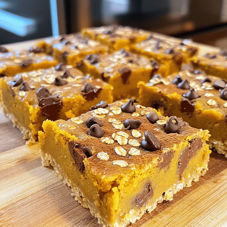 - 1 cup rolled oats - 1 cup whole wheat flour - 1/2 cup brown sugar, packed - 1/2 teaspoon baking powder - 1/2 teaspoon baking soda - 1/2 teaspoon salt I love using rolled oats in this recipe. They add great texture and chewiness. Whole wheat flour gives the bars a hearty feel and boosts nutrition. Brown sugar adds a lovely depth of flavor and sweetness. Baking powder and baking soda help the bars rise perfectly. - 1 teaspoon ground cinnamon - 1/2 teaspoon ground nutmeg - 1 teaspoon vanilla extract Cinnamon and nutmeg bring warmth and spice to these bars. They make every bite feel cozy. Vanilla extract adds a sweet, rich note that enhances all the flavors. - 1/2 cup pumpkin puree - 1/3 cup maple syrup - 1/4 cup coconut oil, melted - 1 large egg Pumpkin puree makes these bars moist and adds a nice fall flavor. Maple syrup offers a natural sweetness that pairs well with pumpkin. Melted coconut oil keeps the bars rich and helps them stay soft. The egg binds everything together, giving the bars structure. - 1/2 cup chocolate chips (semi-sweet or dark) Chocolate chips are the star of this recipe! They add a sweet surprise in every bite. You can choose semi-sweet for a balanced taste or dark for a richer flavor. Mix them in gently to keep them from sinking. 1. Preheat your oven to 350°F (175°C). 2. Line an 8x8 inch baking pan with parchment paper. Leave some paper overhanging for easy removal. 3. In a large mixing bowl, combine the following dry ingredients: - 1 cup rolled oats - 1 cup whole wheat flour - 1/2 cup brown sugar, packed - 1/2 teaspoon baking powder - 1/2 teaspoon baking soda - 1/2 teaspoon salt - 1 teaspoon ground cinnamon - 1/2 teaspoon ground nutmeg Stir until everything is well mixed. 1. In another bowl, whisk together the wet ingredients until smooth: - 1/2 cup pumpkin puree - 1/3 cup maple syrup - 1/4 cup melted coconut oil - 1 large egg - 1 teaspoon vanilla extract 2. Pour the wet mixture into the dry ingredients. Stir gently until just combined. Avoid overmixing to keep the bars soft. 3. Fold in 1/2 cup of chocolate chips. 1. Pour the batter into the prepared baking pan. Use a spatula to spread it evenly. 2. Bake in the preheated oven for 25 to 30 minutes. Check for doneness by inserting a toothpick into the center. It should come out clean or with a few moist crumbs. 3. Allow the bars to cool in the pan for about 10 minutes. Use the parchment overhang to lift them out onto a wire rack. Let them cool completely before cutting into squares. To get the perfect texture in your Pumpkin Oatmeal Chocolate Chip Bars, follow a few key steps. First, make sure to measure your ingredients correctly. Use a kitchen scale if you have one. This helps maintain consistency. Next, mix your dry and wet ingredients in separate bowls. This allows for even blending when you mix them together. Do not overmix the batter. Overmixing can lead to tough bars. Stir just until you see no dry flour. This keeps your bars soft and chewy. Making your bars look tasty is easy. After baking, cut them into squares. Dust with a little extra cinnamon for a warm touch. You can also sprinkle some rolled oats on top for a rustic look. Serve these bars with a dollop of whipped cream or yogurt. This adds a creamy contrast that many people love. You can also pair them with a cup of hot tea or coffee for a cozy treat. If your bars are too dry, it may be due to overbaking. Check them a few minutes before the time is up. If they feel dry, you can add a bit of butter or yogurt to your next batch for moisture. If your bars are too moist, they might need more baking time. Try baking them a little longer next time. Also, make sure you are using the right amount of pumpkin puree. Too much can lead to wet bars. {{image_2}} Want to make these bars gluten-free? Use gluten-free flour instead of whole wheat flour. It adds a nice texture without losing flavor. You can also try using alternative sweeteners like honey or agave syrup. They provide a different sweetness and can enhance the taste. You can add nuts or seeds for extra crunch. Chopped walnuts or pumpkin seeds work great. They add a fun texture and boost nutrition. If you want a chocolate twist, try different types of chocolate. Milk chocolate adds creaminess, while dark chocolate gives a rich flavor. To make these bars festive, add dried cranberries. They pair well with pumpkin and bring a holiday vibe. You can also swap pumpkin for apples in the recipe. Just make sure to chop them small. This change creates a fresh, fruity taste that’s perfect for any season. You can store these bars at room temperature or in the fridge. If you keep them at room temperature, place them in an airtight container. This keeps them fresh for about three days. If you need them to last longer, put them in the fridge. They can stay fresh for up to a week when stored this way. To freeze these bars, first cut them into squares. Wrap each square in plastic wrap. Then, place the wrapped bars in a freezer bag or an airtight container. They can stay frozen for up to three months. When you want to enjoy them, take them out and let them thaw in the fridge overnight. You can also leave them at room temperature for about an hour. These pumpkin oatmeal chocolate chip bars last about three days at room temperature. In the fridge, they last up to a week. If you freeze them, they can last for three months. Watch for signs that the bars are bad. Mold, a strange smell, or a dry texture mean it's time to toss them. Always check before enjoying! Yes, you can make these bars vegan! To replace the egg, use a flax egg or applesauce. For the dairy, swap the chocolate chips with dairy-free ones. Use plant-based milk if you prefer to adjust the wet ingredients. You can use quick oats, but the texture will change. Quick oats absorb more liquid, making the bars denser. Rolled oats give a chewier feel. If you choose quick oats, watch the baking time closely, as they may bake faster. To cut the bars cleanly, let them cool completely. Use a sharp knife for straight cuts. Wipe the knife with a damp cloth between cuts to keep edges neat. For easier lifting, use the parchment paper overhang. Yes, you can double the recipe! Use a 9x13 inch pan for the larger batch. Check the baking time, as it may take a bit longer. A toothpick inserted should come out clean or with a few moist crumbs. This blog post covered all the key ingredients and steps to make delicious bars. We detailed the main ingredients like rolled oats and pumpkin puree, plus flavor enhancers like cinnamon and vanilla. Mixing wet and dry ingredients, then baking, is crucial for success. Remember to try variations like adding nuts or using gluten-free flour. Store your bars properly for best results. Now, you’re ready to create your tasty bars with confidence. Enjoy experimenting and sharing your creations!