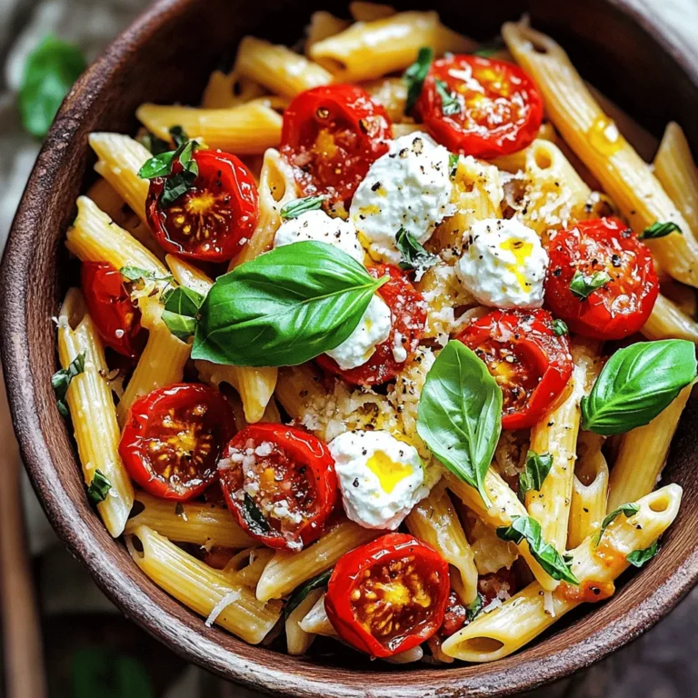 For this dish, you can use any pasta you like. I recommend penne or fusilli. They hold the sauce well and make every bite tasty. You can also try spaghetti if you prefer long noodles. Just make sure to cook it al dente for the best texture. Here are the main ingredients you will need: - 400g pasta of your choice - 500g cherry tomatoes, halved - 1 cup ricotta cheese - 4 cloves garlic, minced - 3 tablespoons olive oil - 1 teaspoon fresh thyme leaves (or ½ teaspoon dried thyme) - 1 teaspoon salt - ½ teaspoon black pepper - ¼ cup grated Parmesan cheese (for serving) - Fresh basil leaves for garnish These ingredients create a rich and creamy sauce that pairs perfectly with the roasted tomatoes. To make your dish even better, consider adding these toppings: - Extra dollops of ricotta - A drizzle of olive oil - More grated Parmesan cheese - Fresh herbs like parsley or oregano These optional toppings add flavor and make your dish look beautiful. They also enhance the taste and make each bite memorable. Start by gathering your ingredients. You will need: - 400g pasta (penne or fusilli) - 500g cherry tomatoes, halved - 1 cup ricotta cheese - 4 cloves garlic, minced - 3 tablespoons olive oil - 1 teaspoon fresh thyme leaves - 1 teaspoon salt - ½ teaspoon black pepper - ¼ cup grated Parmesan cheese - Fresh basil leaves for garnish Next, preheat your oven to 425°F (220°C). This will help your tomatoes roast perfectly. Halve the cherry tomatoes and mince the garlic. On a baking sheet, mix the halved tomatoes with minced garlic. Drizzle olive oil over them. Add salt, pepper, and thyme. Toss everything well to coat. Roast the tomatoes in the hot oven for 20 to 25 minutes. They should turn blistered and caramelized. Remember to stir halfway through to ensure even roasting. While your tomatoes roast, cook the pasta. Follow the package directions for timing. Aim for al dente, which means firm to the bite. Before draining, save about half a cup of pasta water. This water helps to create a creamy sauce later. Drain the pasta and set it aside. Once the tomatoes are ready, combine them with the cooked pasta in a large bowl. Gently fold in the ricotta cheese. If it seems dry, add a little reserved pasta water. Mix until everything is creamy and well-blended. Serve the pasta warm, topped with grated Parmesan and fresh basil. Enjoy your simple and tasty dish! To get the best texture from ricotta, use fresh cheese. Fresh ricotta has a creamy feel. If your ricotta seems too thick, mix in a little pasta water. This helps make it smooth and easy to mix. Gently fold the ricotta into your pasta. This keeps the cheese fluffy and light. Herbs and spices can really boost your dish. Fresh thyme adds a nice, earthy taste to the tomatoes. You can also try basil or oregano for more flavor. A pinch of crushed red pepper can add heat if you like spice. Remember to taste as you go! Adjust the salt and pepper to fit your palate. Serve your pasta in warm bowls for a great look. Top with more ricotta and a drizzle of olive oil. This adds flavor and makes the dish look nice. Pair it with a fresh salad or crusty bread. This makes for a complete meal that feels special. Enjoy your meal with friends for a fun dining experience! {{image_2}} You can make this dish fit many diets. For a gluten-free option, use gluten-free pasta. If you're vegan, swap out ricotta with cashew cream or tofu. For a nut-free option, use a dairy-free cream cheese. Always check labels to ensure the ingredients match your needs. Mix in your favorite veggies for added flavor. Spinach or kale adds greens. Zucchini or bell peppers give a nice crunch. You could also add mushrooms for an earthy taste. Just roast them alongside the tomatoes for a simple and tasty add-in. Cheese can change the dish's taste a lot. Try goat cheese for a tangy twist. You can use feta for a salty kick. If you want a creamy texture, mascarpone works well too. Experiment and find what you love best in this roasted tomato ricotta pasta! When you have leftover roasted tomato ricotta pasta, store it in an airtight container. Make sure it cools down to room temperature first. This keeps the pasta fresh and tasty. Try to eat it within 3 days for the best flavor. If you notice any extra moisture, use a paper towel to soak it up before sealing. To reheat your pasta, use a skillet or a microwave. If you use a skillet, add a splash of water or olive oil. Heat it on low and stir until warm. This keeps the pasta creamy. In the microwave, cover the pasta with a damp paper towel. Heat in short bursts, stirring in between. This helps prevent dryness. You can freeze roasted tomato ricotta pasta for later meals. Divide it into single servings and place them in freezer-safe containers. Be sure to leave some space in the container for expansion. It will keep well for about 2-3 months. When ready to eat, defrost it overnight in the fridge and reheat as mentioned above. Roasted tomato ricotta pasta lasts about 3 to 5 days in the fridge. Store it in an airtight container. This keeps it fresh and tasty. Make sure to let it cool before sealing. You can easily reheat it on the stove or in the microwave. Yes, you can make this dish ahead of time. Prepare the roasted tomatoes and pasta, then mix them before serving. Store the pasta and sauce separately. This helps keep the pasta from getting soggy. You can also make the sauce a day in advance. Just heat it up when you are ready to eat. You can use many sauces with this pasta. A simple olive oil and garlic sauce works great. A store-bought marinara sauce can also be nice. Try a creamy Alfredo sauce for a richer taste. You can even mix in pesto for fresh herbs and flavor. This dish is very flexible, so feel free to be creative! In this post, I covered how to make delicious roasted tomato ricotta pasta. We talked about choosing the right pasta, essential ingredients, and fun toppings. I shared easy steps, from prepping to cooking, along with tips for the best taste and texture. You learned variations for dietary needs and storage tips for leftovers. Keep these ideas in mind for a tasty meal. Enjoy your cooking journey and share your own twists on this dish!