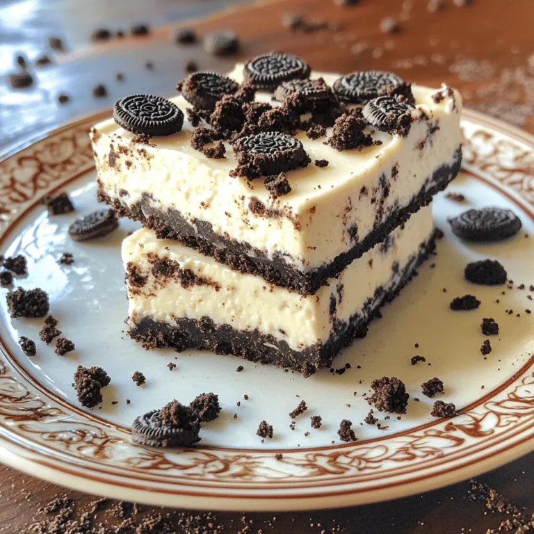 - 24 Oreo cookies, crushed - 4 tablespoons unsalted butter, melted - 16 oz cream cheese, softened - 1 cup powdered sugar - 1 teaspoon vanilla extract - 1 cup heavy cream - 12 Oreo cookies, chopped (for filling and topping) The main star of these bars is the Oreo cookies. You will need 24 crushed cookies for the crust. These cookies add a rich chocolate flavor. They also provide a crunchy texture that balances the creamy filling. For the crust, mix the crushed cookies with melted butter. The butter helps the crust hold together. Next, we have cream cheese. You need 16 ounces of softened cream cheese. It forms the base of the cheesecake filling. Softened cream cheese mixes well and gives a smooth texture. This is key for a creamy dessert. Powdered sugar sweetens the filling. You will use 1 cup to balance the flavors. Adding 1 teaspoon of vanilla extract brings warmth and depth to the cheesecake. For fluffiness, we incorporate 1 cup of heavy cream. Whipping the cream adds air and lightness to the mixture. The heavy cream helps achieve that dreamy cheesecake texture. Finally, you will chop 12 more Oreo cookies. These pieces add extra crunch to the filling and serve as a tasty topping. With these ingredients, you can make a delicious no-bake treat that everyone will love! To start, gather your ingredients for the crust. You need 24 crushed Oreo cookies and 4 tablespoons of melted unsalted butter. 1. In a medium bowl, mix the crushed Oreos and melted butter. Stir until the crumbs look wet and sticky. 2. Next, take a 9x9 inch baking dish. Firmly press the Oreo mixture into the bottom. Make sure it is even and compact. 3. Once done, place the crust in the fridge while you make the filling. This helps it set up nicely. Now, let’s create the yummy cheesecake filling. You will need 16 oz of softened cream cheese, 1 cup of powdered sugar, and 1 teaspoon of vanilla extract. 1. In a large mixing bowl, beat the softened cream cheese with a hand mixer. Keep mixing until it’s smooth and creamy. 2. Gradually add the powdered sugar and vanilla extract. Mix until everything combines well. 3. In another bowl, whip 1 cup of heavy cream until it forms stiff peaks. This will make the filling light and fluffy. 4. Carefully fold the whipped cream into the cream cheese mixture. Do this gently to keep it airy. 5. Finally, add in 12 chopped Oreo cookies. Fold them in so they are well-distributed. It’s time to bring it all together! 1. Pour the cheesecake filling over the chilled Oreo crust. Spread it evenly with a spatula. 2. Next, sprinkle more chopped Oreo cookies on top for a nice finish. 3. Cover the dish and place it in the fridge. Let it set for at least 4 hours. This chilling time is key for the best texture. Once set, slice your bars into squares and serve them cold. Enjoy the deliciousness! To get a smooth filling, start with softened cream cheese. Softening cream cheese makes it easy to blend. You can leave it out for about an hour before using it. If you forget, you can microwave it for 10 seconds. This helps create a creamy texture without lumps. When you fold in the whipped cream, do it gently. Use a spatula and scoop from the bottom. This keeps the air in the whipped cream. The air adds lightness to your cheesecake bars. Press the crust firmly into the dish. A strong base helps keep the bars together. Use the bottom of a measuring cup to press down evenly. If it's too crumbly, add a bit more melted butter. This helps the crumbs stick better. Make sure the butter is fully melted. If it's not, it won't coat the crumbs well. The right butter amount gives the crust a nice texture. For a great presentation, serve each bar on a nice plate. You can sprinkle crushed Oreo around the edges. This adds a fun touch. You can top the cheesecake bars with whipped cream or chocolate sauce. Fresh berries also make a nice pair. They add color and a burst of flavor. {{image_2}} You can change the flavor of your No-Bake Oreo Cheesecake Bars easily. Try using different cookie flavors to mix things up. Mint Oreos give a fresh twist. Chocolate Oreos add a rich taste. You can also add toppings like caramel or fudge. Drizzling chocolate sauce over the bars looks great and tastes amazing. Adding fresh fruit will brighten up the dessert, too. Think strawberries or raspberries for a fruity touch. If you need gluten-free options, there are choices. Look for gluten-free Oreos. They work just like regular Oreos. For a vegan version, swap the cream cheese for a plant-based cream cheese. Use coconut cream instead of heavy cream. This keeps the bars creamy and delicious without dairy. These swaps help everyone enjoy the dessert, no matter their diet. To keep your No-Bake Oreo Cheesecake Bars fresh, refrigeration is best. Place the bars in an airtight container. This will help them stay tasty. If you want to keep them longer, you can freeze them too. Wrap each bar in plastic wrap, then place them in a freezer-safe bag. - Refrigeration: These bars will last for up to 5 days in the fridge. - Freezing: If frozen, they can last for up to 3 months. Make sure to label the container with the date. This helps you track how long they have been stored. If you freeze your cheesecake bars, you will need to thaw them before serving. Here are the best steps to follow: - Thawing: Move the bars from the freezer to the fridge. Let them sit for 4-6 hours or overnight. This keeps the texture nice. - Serving: Once thawed, serve them chilled. If you want to enhance the taste, top them with extra whipped cream or crushed Oreos right before serving. Following these steps ensures that your cheesecake bars taste as good as when you made them! No-Bake Oreo Cheesecake Bars need at least 4 hours to set. Chilling helps the bars firm up, making them easier to slice. If you want the best results, let them chill overnight. The longer they sit, the better the texture will be. The cool temperature allows all the flavors to blend perfectly. Yes, you can make these bars ahead of time. They are perfect for parties or gatherings. Prepare them a day or two in advance and store them in the fridge. This way, you can save time on the day of your event. Just remember to cover them well to keep them fresh. If you need a substitute for heavy cream, you have a few options. You can use coconut cream for a dairy-free choice. Another option is to mix milk with butter, using 3/4 cup of milk and 1/4 cup of melted butter. This will help you achieve a similar texture and taste in your bars. You now know how to make No-Bake Oreo Cheesecake Bars. We covered the key ingredients, preparation steps, and tips for a smooth finish. I shared ways to customize your bars and how to store them properly. These cheesecake bars are easy to make and can impress anyone. Remember, use softened cream cheese for the best texture. Enjoy making these treats and experimenting with your own flavors! Your friends will love them, and you’ll feel proud of your work.