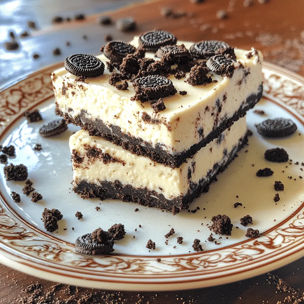 - 24 Oreo cookies, crushed - 4 tablespoons unsalted butter, melted - 16 oz cream cheese, softened - 1 cup powdered sugar - 1 teaspoon vanilla extract - 1 cup heavy cream - 12 Oreo cookies, chopped (for filling and topping) The main star of these bars is the Oreo cookies. You will need 24 crushed cookies for the crust. These cookies add a rich chocolate flavor. They also provide a crunchy texture that balances the creamy filling. For the crust, mix the crushed cookies with melted butter. The butter helps the crust hold together. Next, we have cream cheese. You need 16 ounces of softened cream cheese. It forms the base of the cheesecake filling. Softened cream cheese mixes well and gives a smooth texture. This is key for a creamy dessert. Powdered sugar sweetens the filling. You will use 1 cup to balance the flavors. Adding 1 teaspoon of vanilla extract brings warmth and depth to the cheesecake. For fluffiness, we incorporate 1 cup of heavy cream. Whipping the cream adds air and lightness to the mixture. The heavy cream helps achieve that dreamy cheesecake texture. Finally, you will chop 12 more Oreo cookies. These pieces add extra crunch to the filling and serve as a tasty topping. With these ingredients, you can make a delicious no-bake treat that everyone will love! To start, gather your ingredients for the crust. You need 24 crushed Oreo cookies and 4 tablespoons of melted unsalted butter. 1. In a medium bowl, mix the crushed Oreos and melted butter. Stir until the crumbs look wet and sticky. 2. Next, take a 9x9 inch baking dish. Firmly press the Oreo mixture into the bottom. Make sure it is even and compact. 3. Once done, place the crust in the fridge while you make the filling. This helps it set up nicely. Now, let’s create the yummy cheesecake filling. You will need 16 oz of softened cream cheese, 1 cup of powdered sugar, and 1 teaspoon of vanilla extract. 1. In a large mixing bowl, beat the softened cream cheese with a hand mixer. Keep mixing until it’s smooth and creamy. 2. Gradually add the powdered sugar and vanilla extract. Mix until everything combines well. 3. In another bowl, whip 1 cup of heavy cream until it forms stiff peaks. This will make the filling light and fluffy. 4. Carefully fold the whipped cream into the cream cheese mixture. Do this gently to keep it airy. 5. Finally, add in 12 chopped Oreo cookies. Fold them in so they are well-distributed. It’s time to bring it all together! 1. Pour the cheesecake filling over the chilled Oreo crust. Spread it evenly with a spatula. 2. Next, sprinkle more chopped Oreo cookies on top for a nice finish. 3. Cover the dish and place it in the fridge. Let it set for at least 4 hours. This chilling time is key for the best texture. Once set, slice your bars into squares and serve them cold. Enjoy the deliciousness! To get a smooth filling, start with softened cream cheese. Softening cream cheese makes it easy to blend. You can leave it out for about an hour before using it. If you forget, you can microwave it for 10 seconds. This helps create a creamy texture without lumps. When you fold in the whipped cream, do it gently. Use a spatula and scoop from the bottom. This keeps the air in the whipped cream. The air adds lightness to your cheesecake bars. Press the crust firmly into the dish. A strong base helps keep the bars together. Use the bottom of a measuring cup to press down evenly. If it's too crumbly, add a bit more melted butter. This helps the crumbs stick better. Make sure the butter is fully melted. If it's not, it won't coat the crumbs well. The right butter amount gives the crust a nice texture. For a great presentation, serve each bar on a nice plate. You can sprinkle crushed Oreo around the edges. This adds a fun touch. You can top the cheesecake bars with whipped cream or chocolate sauce. Fresh berries also make a nice pair. They add color and a burst of flavor. {{image_2}} You can change the flavor of your No-Bake Oreo Cheesecake Bars easily. Try using different cookie flavors to mix things up. Mint Oreos give a fresh twist. Chocolate Oreos add a rich taste. You can also add toppings like caramel or fudge. Drizzling chocolate sauce over the bars looks great and tastes amazing. Adding fresh fruit will brighten up the dessert, too. Think strawberries or raspberries for a fruity touch. If you need gluten-free options, there are choices. Look for gluten-free Oreos. They work just like regular Oreos. For a vegan version, swap the cream cheese for a plant-based cream cheese. Use coconut cream instead of heavy cream. This keeps the bars creamy and delicious without dairy. These swaps help everyone enjoy the dessert, no matter their diet. To keep your No-Bake Oreo Cheesecake Bars fresh, refrigeration is best. Place the bars in an airtight container. This will help them stay tasty. If you want to keep them longer, you can freeze them too. Wrap each bar in plastic wrap, then place them in a freezer-safe bag. - Refrigeration: These bars will last for up to 5 days in the fridge. - Freezing: If frozen, they can last for up to 3 months. Make sure to label the container with the date. This helps you track how long they have been stored. If you freeze your cheesecake bars, you will need to thaw them before serving. Here are the best steps to follow: - Thawing: Move the bars from the freezer to the fridge. Let them sit for 4-6 hours or overnight. This keeps the texture nice. - Serving: Once thawed, serve them chilled. If you want to enhance the taste, top them with extra whipped cream or crushed Oreos right before serving. Following these steps ensures that your cheesecake bars taste as good as when you made them! No-Bake Oreo Cheesecake Bars need at least 4 hours to set. Chilling helps the bars firm up, making them easier to slice. If you want the best results, let them chill overnight. The longer they sit, the better the texture will be. The cool temperature allows all the flavors to blend perfectly. Yes, you can make these bars ahead of time. They are perfect for parties or gatherings. Prepare them a day or two in advance and store them in the fridge. This way, you can save time on the day of your event. Just remember to cover them well to keep them fresh. If you need a substitute for heavy cream, you have a few options. You can use coconut cream for a dairy-free choice. Another option is to mix milk with butter, using 3/4 cup of milk and 1/4 cup of melted butter. This will help you achieve a similar texture and taste in your bars. You now know how to make No-Bake Oreo Cheesecake Bars. We covered the key ingredients, preparation steps, and tips for a smooth finish. I shared ways to customize your bars and how to store them properly. These cheesecake bars are easy to make and can impress anyone. Remember, use softened cream cheese for the best texture. Enjoy making these treats and experimenting with your own flavors! Your friends will love them, and you’ll feel proud of your work.