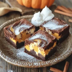 To make pumpkin cheesecake brownies, you will need the following ingredients: - 1 cup all-purpose flour - 1/2 cup unsweetened cocoa powder - 1/2 teaspoon baking powder - 1/4 teaspoon salt - 1 cup granulated sugar - 1/2 cup unsalted butter, melted - 2 large eggs - 1 teaspoon vanilla extract - 1/2 cup semi-sweet chocolate chips - 1 cup pumpkin puree - 1/2 teaspoon cinnamon - 1/4 teaspoon nutmeg - 1 package (8 oz) cream cheese, softened - 1/4 cup powdered sugar - 1 egg If you have dietary needs, there are easy swaps for this recipe: - Gluten-Free: Use a gluten-free flour blend instead of all-purpose flour. - Dairy-Free: Replace butter with coconut oil and cream cheese with a dairy-free alternative. - Lower Sugar: Use a sugar substitute like stevia or monk fruit sweetener for the granulated sugar and powdered sugar. - Egg-Free: Use a flax egg (1 tablespoon ground flaxseed mixed with 2.5 tablespoons water) for each egg. Using high-quality ingredients makes a big difference in taste: - Cocoa Powder: Choose Dutch-processed cocoa for a richer flavor. - Butter: Unsalted butter helps control the salt level in your brownies. - Pumpkin Puree: Canned pumpkin is convenient, but fresh pumpkin gives great taste. - Chocolate Chips: Use semi-sweet chips for balanced sweetness and great texture. - Spices: Freshly grated nutmeg and high-quality cinnamon enhance the flavor profile. These tips will help you create the best pumpkin cheesecake brownies. Enjoy! Start by preheating your oven to 350°F (175°C). This helps the brownies bake evenly. Next, grease a 9x9-inch baking pan or line it with parchment paper. This makes it easy to lift out the brownies later. In a medium bowl, whisk together the dry ingredients: 1 cup of all-purpose flour, 1/2 cup of unsweetened cocoa powder, 1/2 teaspoon of baking powder, and 1/4 teaspoon of salt. Set this bowl aside. In a large bowl, mix together 1/2 cup of melted unsalted butter with 1 cup of granulated sugar. Stir until the mixture is smooth. Then, add 2 large eggs and 1 teaspoon of vanilla extract. Mix everything until well blended. Now, gradually add the dry mixture to the wet mixture. Stir gently until just combined. Be careful not to overmix. Finally, fold in 1/2 cup of semi-sweet chocolate chips. This adds a nice touch of sweetness. For the pumpkin layer, take another bowl. Mix together 1 cup of pumpkin puree, 1/2 teaspoon of cinnamon, 1/4 teaspoon of nutmeg, 8 oz of softened cream cheese, 1/4 cup of powdered sugar, and 1 egg. Blend until smooth. Pour half of the brownie batter into your prepared baking pan. Spread it evenly across the bottom. Then, add dollops of the pumpkin mixture on top. Use a spoon or spatula to spread it gently. After that, pour the remaining brownie batter over the pumpkin layer. Now, take a knife and swirl it through the batter. This creates a beautiful marbled effect. Place the pan in your preheated oven. Bake for 30 to 35 minutes. Keep an eye on the time. To check if your brownies are done, insert a toothpick into the brownie part. If it comes out clean, they are ready. Remember, the cheesecake layer might still be soft. This is okay! Let the brownies cool in the pan for at least 20 minutes. After that, lift them out to cool completely on a wire rack. Once cool, cut them into squares. Enjoy the rich flavors of your pumpkin cheesecake brownies! When making pumpkin cheesecake brownies, avoid overmixing the batters. This can make the brownies tough. Also, do not skip the cooling time. Cutting them too soon can lead to a messy serving. Lastly, make sure to check your oven temperature. An oven that is too hot can burn the edges. To enhance the flavor, use high-quality cocoa powder and chocolate chips. Fresh spices like cinnamon and nutmeg offer a better taste than pre-ground versions. Mix the cheesecake layer well to ensure it is smooth. Adding a touch of vanilla extract in the pumpkin layer can also boost the flavor. Serve these brownies on a nice plate. Dust them with powdered sugar for a lovely look. A dollop of whipped cream on the side adds a nice touch. You might also sprinkle some cinnamon on top for extra flavor. Pair them with a warm drink, like chai tea or coffee, for a cozy treat. {{image_2}} To make gluten-free pumpkin cheesecake brownies, swap all-purpose flour for a gluten-free blend. Many blends work well, but look for one that includes xanthan gum. This helps mimic the texture of regular flour. Ensure your cocoa powder is also gluten-free. You can enjoy these treats without worry! For vegan pumpkin cheesecake brownies, replace the eggs. Use flaxseed meal mixed with water as a binder. Combine 1 tablespoon of flaxseed meal with 2.5 tablespoons of water for each egg. Choose a vegan butter substitute and dairy-free cream cheese. These swaps keep the flavor rich while following a vegan diet. Want to enhance your brownies? Try adding more spices! Increase the cinnamon or nutmeg for a stronger flavor. You can also add a dash of cloves or ginger for warmth. If you love chocolate, add extra chocolate chips or chunks. These small changes can create a new twist on the classic recipe. To keep your brownies fresh, store them in an airtight container. Place parchment paper between layers to prevent sticking. For best taste, eat them within three days. If you want to keep them longer, consider freezing. You can freeze brownies easily. First, let them cool completely. Then, wrap each brownie in plastic wrap tightly. Place the wrapped brownies in a freezer-safe bag or container. They can last up to three months in the freezer. When you want to enjoy them, just thaw at room temperature. If the brownies feel a bit dry, don’t worry! You can refresh them. Simply place a slice of bread in the container with the brownies. The brownies will absorb moisture from the bread. Another option is to warm them in the microwave for a few seconds. This will make them soft and gooey again. Enjoy your delicious brownies! To make pumpkin cheesecake brownies, gather your ingredients first. You need flour, cocoa powder, sugar, butter, eggs, vanilla, chocolate chips, pumpkin puree, cream cheese, and spices. Start by mixing the dry ingredients in one bowl. In another bowl, blend the butter and sugar, then add the eggs and vanilla. Combine the wet and dry mixes, and fold in chocolate chips. For the cheesecake layer, mix pumpkin, cream cheese, sugar, spices, and an egg until smooth. Layer half the brownie mix, add the pumpkin mix, and top with the rest of the brownie mix. Swirl with a knife and bake. Yes, you can use fresh pumpkin. Start by roasting or boiling your pumpkin until soft. Then, mash it until smooth. Make sure to drain excess water to avoid a watery mix. Fresh pumpkin gives a nice flavor but may need extra cooking time. Canned pumpkin is more convenient and ready to use, but fresh adds a unique taste. To cut brownies neatly, first cool them completely. Use a sharp knife to slice through the brownies. For best results, dip the knife in hot water, then wipe it dry before each cut. This helps create clean edges. You can also score the brownies lightly before cutting to guide your slices. Enjoy those perfect squares! In this post, we explored the key ingredients for pumpkin cheesecake brownies, including substitutions for different diets. I shared step-by-step instructions on how to prepare and bake them. We discussed tips to avoid common mistakes and variations like gluten-free and vegan options. Finally, I provided storage tips to keep brownies fresh. With these insights, you can create delicious brownies that impress everyone. Use the knowledge to experiment and enjoy this treat anytime!