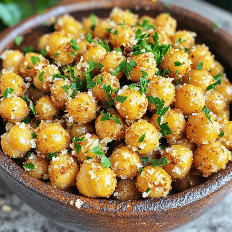 To make Air Fryer Garlic Parmesan Chickpeas, you need these key ingredients: - 1 can (15 oz) chickpeas, drained and rinsed - 2 tablespoons olive oil - 2 teaspoons garlic powder - 1 teaspoon onion powder - 1/2 teaspoon smoked paprika - 1/4 teaspoon cayenne pepper (optional for heat) - 1/2 teaspoon salt - 1/4 teaspoon black pepper - 1/4 cup grated Parmesan cheese - Fresh parsley, chopped (for garnish) These ingredients work together to create a tasty snack. The chickpeas give a nice crunch, while the garlic and cheese add great flavor. You can enhance your chickpeas with a few extra ingredients. Try adding: - A squeeze of lemon juice for brightness - A teaspoon of Italian herbs for a different flavor - A pinch of chili flakes for more heat These options can add even more layers of flavor to your snack. If you don’t have some ingredients, don’t worry. Here are some easy swaps: - Use avocado oil instead of olive oil for a change. - Swap garlic powder with fresh minced garlic for a stronger taste. - If you want a dairy-free version, use nutritional yeast instead of Parmesan. These substitutions keep the recipe flexible while still tasting great. Enjoy experimenting! First, set your air fryer to 400°F (200°C). Let it preheat for about 5 minutes. This step helps cook the chickpeas evenly and makes them crispy. Next, open your can of chickpeas. Drain and rinse them under cold water. Use a paper towel to pat them dry. Removing moisture is key for a crunchy snack. Grab a medium bowl. Combine the dry chickpeas with olive oil, garlic powder, onion powder, smoked paprika, cayenne pepper (if you like heat), salt, and black pepper. Mix well until every chickpea gets coated. Then, add the grated Parmesan cheese and toss again to mix everything nicely. Carefully place the seasoned chickpeas in the air fryer basket. Make sure they sit in a single layer. This keeps them from steaming and helps them crisp up. Set the timer for 15-18 minutes. Shake the basket halfway through to ensure they cook evenly. Watch closely to avoid burning. Once crispy and golden, take the chickpeas out. Let them cool slightly. For a nice touch, garnish with chopped fresh parsley. Serve them in a small bowl or ramekin. Pair them with hummus or a yogurt dip for extra flavor. Enjoy your crunchy snack! To get the crispiest Air Fryer Garlic Parmesan Chickpeas, you must start with dry chickpeas. After rinsing, pat them dry using a paper towel. This step is key. The less moisture, the better the crisp! When you mix the spices and oil, ensure every chickpea is coated. Don't overcrowd the air fryer basket. Cook in small batches for the best results. Shake the basket during cooking for even crispiness. Want to boost flavor? Try adding lemon zest or a splash of lemon juice. This adds brightness to the dish. For a kick, toss in more cayenne pepper or chili powder. You can also mix in some nutritional yeast for a cheesy flavor without dairy. Fresh herbs like rosemary or thyme can add a nice earthy note. Experiment with different spices to find your favorite flavor combo! One common mistake is skipping the drying step for the chickpeas. This leads to soggy snacks. Also, be careful not to use too much oil. Just enough to coat the chickpeas is perfect. Another pitfall is overcooking. Keep an eye on your chickpeas and check for doneness. Lastly, don't ignore the seasoning. If you want a strong garlic flavor, add more garlic powder to your mix. {{image_2}} You can change the flavor of garlic Parmesan chickpeas easily. Try adding different spices. For a zesty kick, mix in lemon zest. If you like heat, add more cayenne or even chili powder. You can also try cumin or curry powder for a warm touch. Each spice brings a unique taste to the chickpeas. If you want to go vegan, skip the Parmesan cheese. You can use nutritional yeast instead. It adds a cheesy flavor without dairy. Another option is to use vegan cheese made from nuts. Both choices keep your chickpeas tasty and dairy-free. These chickpeas are great as a snack or part of a meal. Serve them with hummus for a creamy dip. You can also pair them with tzatziki or a yogurt dip for a cooling effect. They go well with fresh veggies or a light salad. Adding these sides makes your snack even better! To keep your Air Fryer Garlic Parmesan Chickpeas fresh, store them in an airtight container. This helps maintain their crunch. Let them cool completely before sealing. You can keep them at room temperature for up to two days. If you want to store them longer, put them in the fridge for up to a week. Just remember, the longer they sit, the softer they get. When you want to enjoy leftovers, reheating is key. Avoid the microwave; it makes them soggy. Instead, use the air fryer again. Preheat your air fryer to 350°F (175°C). Place the chickpeas in the basket and heat for about 5 minutes. Check them halfway through to ensure they crisp up nicely. You’ll have a tasty snack again in no time! Freezing is a great option if you have extra chickpeas. Start by letting them cool completely. Then spread them in a single layer on a baking sheet. Freeze them for about an hour. This prevents clumping. After that, transfer them to a freezer bag or container. They can last up to three months in the freezer. When ready to eat, thaw them in the fridge overnight before reheating. Enjoy your crunchy snack anytime! Yes, you can use dried chickpeas. First, soak them overnight in water. Drain and rinse them. Next, cook the soaked chickpeas until tender. This will take about 1 to 2 hours on the stovetop. After cooking, follow the same steps for seasoning and air frying. Dried chickpeas may take longer to prepare but often have better texture. To add spice, include cayenne pepper in your mix. Start with 1/4 teaspoon. If you like it hotter, add more. You can also try chili powder or red pepper flakes for extra heat. Mix these spices with the chickpeas before air frying. This gives you a delicious kick in each bite. Garlic parmesan chickpeas are great as a snack or meal. Pair them with a fresh salad for a light meal. You can also enjoy them with hummus or a yogurt dip for added flavor. For a heartier option, serve them with grilled chicken or fish. This will balance the crunchiness of the chickpeas. Air Fryer Garlic Parmesan Chickpeas are simple and fun to make. We covered main and optional ingredients, plus smart swaps. The step-by-step instructions ensure perfect cooking every time. Tips help you get that crispy texture. You can also explore variations and storage tips to keep them fresh. In the end, enjoy these tasty snacks anytime. Make them your own with flavors you love. Snacking can be healthy and delicious!