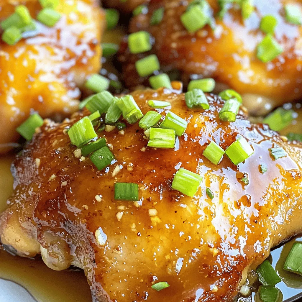 To make Air Fryer Honey Garlic Chicken Thighs, you will need these simple ingredients: - 4 bone-in chicken thighs, skin-on - 1/4 cup honey - 3 tablespoons soy sauce - 4 cloves garlic, minced - 1 tablespoon apple cider vinegar - 1 teaspoon fresh ginger, grated - 1/2 teaspoon black pepper - 1/2 teaspoon salt - 1 teaspoon sesame oil - Chopped green onions for garnish Each ingredient adds its own flavor. The chicken thighs are juicy and rich. Honey gives sweetness, while soy sauce adds saltiness. Garlic adds depth, and ginger gives a nice kick. Apple cider vinegar balances the dish with acidity. Black pepper and salt bring out the flavors, while sesame oil adds a nutty touch. Finally, the green onions are perfect for a fresh garnish. Gather these ingredients before you start cooking. This way, you will have everything ready to go. To start, you need to mix your marinade. In a mixing bowl, combine these ingredients: - 1/4 cup honey - 3 tablespoons soy sauce - 4 cloves garlic, minced - 1 tablespoon apple cider vinegar - 1 teaspoon fresh ginger, grated - 1/2 teaspoon black pepper - 1/2 teaspoon salt - 1 teaspoon sesame oil Whisk these ingredients together until they blend well. This sweet and savory mix will coat the chicken thighs. Tips for marinating chicken thighs: - Use a resealable bag or a shallow dish. - Ensure the chicken is fully covered with the marinade. - Marinate in the fridge for the best flavor. Now let’s move on to marinating the chicken. I recommend marinating for at least 30 minutes. However, if you have time, aim for 1-2 hours. Best practices for marinating: - If using a bag, squeeze out air before sealing. - Turn the bag a few times to coat all sides. - Don’t skip this step; it makes a big difference in taste. Once the chicken is marinated, it’s time to cook. First, preheat your air fryer to 380°F (190°C) for about 5 minutes. Next, remove the chicken thighs from the marinade. Let the excess marinade drip off. You can save some marinade to heat later if you'd like a drizzle over the chicken. Place the chicken thighs in the air fryer basket, skin side up. Make sure to leave space between each piece. This helps them cook evenly. Cook the chicken for 25-30 minutes. Flip the thighs halfway through for even browning. Checking for doneness: - Use a meat thermometer. The internal temperature should reach 165°F (74°C). - If you don’t have a thermometer, cut into the chicken. The juices should run clear. Marinating your chicken is key for great taste. A longer marinating time, ideally 1-2 hours, makes a big difference. The honey and soy sauce soak in well, giving rich flavor. If you’re short on time, even 30 minutes helps, but more is better. To enhance the marinade, consider adding a pinch of chili flakes for some heat. You can also use fresh herbs like thyme or rosemary for a fragrant twist. Each addition brings a new layer of flavor to your dish. Set your air fryer to 380°F (190°C) for the best results. This temperature helps the chicken cook evenly while getting that desired crisp on the skin. Preheat it for about 5 minutes before adding the chicken. To ensure even cooking, place the thighs skin side up in the basket. Keep space between them to allow hot air to circulate. Flip the thighs halfway through cooking for uniform browning. Always check the internal temperature; it should reach 165°F (74°C) for safety. These honey garlic chicken thighs shine when served right. You can place them over a bed of rice or quinoa. The sticky sauce pairs well with simple sides like steamed broccoli or roasted carrots. For a fresh touch, add a crisp salad or coleslaw. These complement the rich flavors and add a nice crunch. Garnish with chopped green onions for a pop of color and extra flavor. {{image_2}} You can use boneless chicken thighs for a quick cook. They will still soak up the sweet and savory flavor. Just cut the cooking time by about five to seven minutes. Chicken breasts are another good choice. They cook well in the air fryer too, but watch the time. They are leaner, so they may dry out if overcooked. Want to spice things up? Add chili flakes to the marinade. This will give your dish some heat. You can also mix in fresh herbs like thyme or rosemary for a new taste. Switch up the sweetener for a different flavor. Maple syrup works great in place of honey. It gives a unique twist while keeping the dish sweet. If you don’t have an air fryer, no worries! You can bake these chicken thighs in the oven. Preheat your oven to 400°F (200°C). Place the marinated chicken on a baking sheet. Bake for 35-40 minutes or until golden brown. For stovetop cooking, heat a pan over medium-high heat. Sear the chicken thighs skin-side down for about 6-7 minutes. Flip them and cook for another 6-7 minutes. Always check that the chicken is cooked to 165°F (74°C) inside. These variations keep things fun and fresh in the kitchen. Enjoy trying different proteins and flavors! To keep your air fryer honey garlic chicken thighs fresh, follow these tips. First, store them in the fridge. Use an airtight container to lock in flavor. These chicken thighs stay good for up to four days. If you want to keep them longer, freeze them. Place them in a freezer-safe bag and remove the air. They can last up to three months in the freezer. When it’s time to enjoy leftovers, reheating properly is key. The best way to reheat chicken thighs is in the air fryer. Set it to 350°F (175°C) and heat for about 10-12 minutes. This method helps keep the skin crispy. You can also use a microwave, but the skin may lose its crunch. For flavor, add a drizzle of the reserved marinade while reheating. This keeps the taste fresh and delicious. How long to cook chicken thighs in air fryer? You should cook chicken thighs in the air fryer for 25 to 30 minutes. Flip them halfway for even cooking. Always check that the internal temperature is 165°F (74°C). Can I use boneless chicken thighs? Yes, boneless chicken thighs work well. They may cook faster, so check them after 20 minutes. Adjust cooking time as needed. What to serve with honey garlic chicken? Serve honey garlic chicken with rice or steamed vegetables. A fresh salad also pairs well. You can add some crusty bread to soak up the sauce. Is it necessary to marinate the chicken? While it's not strictly necessary, marinating enhances the flavor. Letting the chicken sit in the marinade for at least 30 minutes helps infuse the taste. Can I double the recipe? Yes, you can double the recipe. Just ensure to cook in batches if your air fryer is small. Avoid overcrowding for best results. This blog post covered a tasty air fryer honey garlic chicken recipe. We talked about the key ingredients, like bone-in chicken thighs and honey. Then, I shared tips on marinating and cooking in the air fryer. The right marinade makes all the difference. Cook with care for great flavor. Enjoy leftovers by storing them properly. With a few simple techniques, you can create a dish that impresses everyone. Use these tips for success each time you cook!
