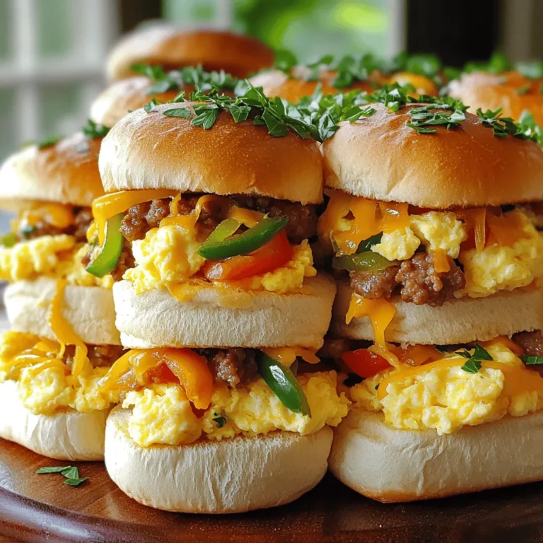- 1 lb ground breakfast sausage - 8 small slider buns - 4 large eggs These ingredients create a savory base for your sliders. The ground breakfast sausage adds rich flavor and protein. Slider buns hold it all together and make each bite easy to enjoy. Eggs provide a fluffy texture, making the dish filling and satisfying. - 1/2 cup diced bell peppers (red and green) - 1/2 cup diced onion - 1 tablespoon olive oil - Salt and pepper, to taste Using bell peppers and onions adds a fresh crunch and flavor. Olive oil helps sauté the veggies until they become soft and sweet. Don’t forget to season with salt and pepper. This simple step brings out all the flavors in your dish. - 1 cup shredded cheddar cheese - Salsa or hot sauce for serving Shredded cheese adds a creamy touch that melts beautifully over the sliders. Salsa or hot sauce gives an extra kick if you like heat. Feel free to mix and match your favorite toppings to make it your own! To start, heat a skillet over medium heat. Add one tablespoon of olive oil. Next, toss in the diced onion and bell peppers. Sauté them for about five minutes until they become soft and fragrant. Stir them often to avoid burning. Once cooked, remove the vegetables from the skillet and set them aside on a plate. This step adds flavor and color to your sliders. In the same skillet, add one pound of ground breakfast sausage. Cook it over medium heat for about seven to ten minutes. Stir the sausage often to break it into small pieces. You want it to brown nicely and cook through fully. It should look golden and smell great. This sausage is the heart of your sliders. Now, grab a mixing bowl. Whisk together four large eggs, one-quarter cup of milk, and a pinch of salt and pepper. Mix until it's well combined. Pour this egg mixture into the skillet with the sausage. Cook the eggs gently, stirring slowly until they set. This should take around five minutes. You want fluffy eggs that mix well with the sausage. Take your eight slider buns and slice each one in half. On the bottom half of each bun, layer a spoonful of the sausage and egg mixture. Next, sprinkle shredded cheddar cheese and add some sautéed onions and bell peppers on top. Place the top half of the bun back on each slider. If you want melted cheese, bake the sliders in a preheated oven at 350°F for about five to seven minutes. This makes them warm and delicious, ready to serve! To make fluffy eggs, whisk them well with milk, salt, and pepper. Use a non-stick skillet for easy cooking. Stir gently as they cook to keep them soft. Cook the eggs over low heat. This helps them stay light and airy. Ensure the sausage is fully cooked for safety. Cook it until it is brown and no longer pink. This usually takes about 7 to 10 minutes. Break up the meat while cooking to ensure even heat. Pair your sliders with fresh fruit or a light salad. These sides add color and balance to the meal. You can also serve them with salsa or hot sauce for extra flavor. For presentation, stack the sliders on a wooden board or a nice platter. This looks inviting and fun. You can add some fresh herbs or sliced veggies around them for color. You can adjust the spice levels to suit your taste. Add more black pepper or a dash of hot sauce to the egg mixture. If you like it spicy, try adding diced jalapeños to the sausage. Feel free to swap meats or cheese types. Use turkey sausage or a plant-based option if you prefer. You can also use pepper jack cheese for a kick or mozzarella for a milder taste. Mix and match to find your perfect flavor! {{image_2}} You can easily switch up Cowboy Breakfast Sliders for a vegetarian meal. Instead of ground breakfast sausage, use plant-based sausage. Many brands offer tasty options that mimic the flavor of meat. You can also add more veggies to make it filling. Spinach, mushrooms, or zucchini work great. This way, you keep it hearty and healthy. Cheese can change your sliders from good to amazing. While cheddar is classic, try pepper jack for a spicy kick. Mozzarella melts beautifully and offers a creamy texture. Mixing cheese types can also add depth. For example, combine cheddar and mozzarella for a rich flavor. Experiment with your favorites to find the perfect blend. To give your sliders a Texas flair, add BBQ sauce. This adds a sweet and smoky flavor that pairs well with the sausage. You can also toss in jalapeños for heat. They bring a nice crunch and spice to each bite. These additions elevate your sliders and make them even more exciting. To store your Cowboy Breakfast Sliders, place them in an airtight container. This keeps them fresh and safe. Make sure to let them cool down first. You can keep them in the fridge for up to three days. After that, they may lose flavor and texture. Always check for any signs of spoilage before eating. If you want to save sliders for later, freezing is a great option. Wrap each slider tightly in plastic wrap or foil. Then, put them in a freezer-safe bag or container. This helps prevent freezer burn. You can freeze them for up to three months. When you're ready to eat, thaw them overnight in the fridge. To reheat, place them in a preheated oven at 350°F (175°C) for about 10-15 minutes. This keeps the buns soft and the filling warm. Making sliders ahead of time is easy and smart. You can cook all the components in advance. Store the sausage and egg mixture in the fridge. Assemble the sliders in the morning for a quick breakfast. If you're short on time, you can even heat the filling in a microwave. This makes busy mornings a breeze! Yes, you can prepare the components in advance. Cook the sausage and sauté the veggies. You can also whisk the eggs and milk mix ahead. Store these in the fridge until you’re ready to cook. On the day you want to serve, just combine everything and cook it. This saves you time and makes breakfast easier. Great sides for breakfast sliders include: - Fresh fruit salad - Crispy hash browns - A light garden salad - Yogurt with granola These sides balance the hearty sliders and add some freshness to your meal. To reheat sliders, use the oven for the best taste. Preheat the oven to 350°F (175°C). Wrap the sliders in foil to keep them moist. Heat for about 10 minutes. You can also use a microwave. Just add a damp paper towel over the sliders. Heat them in short bursts to avoid drying. This keeps the flavor and texture just right. In this post, I shared how to make delicious Cowboy Breakfast Sliders. We covered key ingredients like sausage, eggs, and veggies. I walked you through each step, from prepping to assembling. I also shared tips for perfect sliders and storage methods. You can customize them to fit your taste or make vegetarian options. These sliders are great for busy mornings or gatherings. Enjoy trying this recipe, and feel free to get creative with your own twists. Happy cooking!