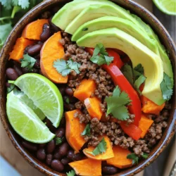 - 1 lb ground beef (lean) - 2 medium sweet potatoes, peeled and diced - 1 red bell pepper, diced - 1 small red onion, diced - 2 cloves garlic, minced - 1 tablespoon chili powder - 1 teaspoon cumin - 1/2 teaspoon cayenne pepper (adjust to taste) - Salt and freshly ground black pepper, to taste - 1 can (15 oz) black beans, rinsed and drained - 1 cup corn (frozen or fresh) - 1 avocado, sliced - Fresh cilantro, for garnish - Lime wedges, for serving This dish uses tasty ingredients that pack a punch. Ground beef gives protein and flavor. Sweet potatoes add sweetness and nutrients. The red bell pepper and onion bring color and crunch. Garlic adds aroma and depth. Spices are crucial for flavor. Chili powder gives heat, while cumin adds warmth. Cayenne pepper can be adjusted to your spice level. Salt and black pepper enhance every bite. Don't forget the extras! Black beans add fiber and protein. Corn brings sweetness and texture. Sliced avocado adds creaminess. Fresh cilantro lifts the dish with bright notes. Lime wedges add a zesty finish. Together, these ingredients create a full and vibrant meal. - Boiling method: Start by peeling and dicing the sweet potatoes. Then, bring a pot of salted water to a boil. Add the diced sweet potatoes and cook for about 10-12 minutes. They should be fork-tender when done. Once cooked, drain the sweet potatoes and set them aside. - Preparing for mixing: Make sure the sweet potatoes are well-drained and soft. This makes them easier to mix with the other ingredients later. - Cooking red onion and garlic: In a large skillet, heat one tablespoon of olive oil over medium heat. Add the diced red onion and minced garlic. Cook for 2-3 minutes until the onion turns translucent and smells great. - Importance of sautéing: Sautéing helps release the flavors of the onion and garlic. This builds a tasty base for the dish. - Tips for breaking apart the meat: Add one pound of lean ground beef to the skillet. Use a wooden spoon to break it apart as it cooks. This helps it brown evenly. - Drain excess fat procedures: Once the beef is browned, check for excess fat. If there is any, carefully drain it from the skillet. - Mixing spices evenly: Stir in one tablespoon of chili powder, one teaspoon of cumin, half a teaspoon of cayenne pepper, salt, and black pepper. Mix well to coat the beef evenly with the spices. - Cooking for flavor enhancement: Continue cooking for another 2 minutes. This allows the spices to blend well with the beef. - Folding the mixture gently: Add the cooked sweet potatoes, one can of rinsed black beans, and one cup of corn to the skillet. Gently fold everything together. This helps maintain the shape of the sweet potatoes. - Heating through techniques: Heat the mixture for about 3-4 minutes until everything is warm. This ensures all flavors meld together. - Presentation recommendations: Spoon the beef and sweet potato mixture into serving bowls. Layer the mixture attractively. - Serving suggestions: Top each bowl with sliced avocado and a sprinkle of fresh cilantro. Serve with lime wedges on the side. Squeeze lime juice over the bowl before enjoying for a zesty kick. To get just the right taste, you can adjust the spice levels. Start with the cayenne pepper. Add a little, then taste. If you want more heat, add more. Letting the mixture sit for a few minutes helps the flavors blend. This waiting time allows the spices to soak into the meat and sweet potatoes. Making this dish ahead of time is easy. You can cook the beef and sweet potatoes, then store them in containers. For best results, keep each part separate. This way, you can reheat only what you need. It also keeps flavors fresh. Pair your spicy beef sweet potato protein bowls with a side salad. A light green salad balances the meal nicely. For garnishing, add fresh cilantro on top. A squeeze of lime adds a zesty kick. Enjoy each bite with the bright taste of lime! {{image_2}} You can easily swap the ground beef for other proteins. Try chicken or turkey for a lighter option. They both cook quickly and absorb all the flavors well. If you want a vegan twist, use tofu or tempeh. These plant-based proteins are packed with nutrients and can soak up the spices beautifully. Changing up the spices can bring new life to this dish. Paprika adds a smoky taste, while oregano gives a fresh herb note. You can also add more vegetables for color and taste. Spinach adds a nice green touch, while zucchini brings a mild flavor that complements the other ingredients. Get creative with how you serve your bowls! For a burrito bowl, add rice or quinoa at the base. Top it with the beef and sweet potato mix, and don’t forget the avocado and cilantro. If you prefer a lighter meal, try a salad bowl. Start with mixed greens, then pile on the beef, sweet potatoes, and veggies. This way, you enjoy a fresh crunch with every bite. You can store Spicy Beef Sweet Potato Protein Bowls in the fridge for up to four days. Use airtight containers to keep the flavors fresh. Glass or plastic containers with tight lids work best for storage. To freeze the mixture, let it cool completely. Transfer it to a freezer-safe container. Make sure to leave some space for expansion. It can last for about three months in the freezer. When ready to eat, thaw the mixture in the fridge overnight. Reheat in a skillet over medium heat until warm. You can also use a microwave, but stir it well to heat evenly. Check for signs of spoilage, like off smells or a change in color. If you notice these, it's best to toss it. You can reuse leftovers by adding them to salads, wraps, or even soups. Mixing in fresh veggies can give them a new life! You can use ground turkey or chicken. Both are leaner options. For a plant-based meal, try lentils or black beans. They add great protein and fiber. Yes, this recipe is naturally gluten-free. Just ensure your spices and other ingredients are labeled gluten-free. Always check for hidden gluten in sauces or seasonings. To lower the spice, cut down on cayenne pepper. You can also skip it entirely for a milder dish. For more heat, add extra chili powder or fresh peppers. Sweet potatoes are rich in vitamins A and C. They also provide fiber and potassium. This makes them great for digestion and overall health. Their natural sweetness pairs well with savory dishes. Yes, you can use canned sweet potatoes. They save time and are already cooked. Just drain and rinse them before adding to the dish. They may be softer, so adjust cooking time. This blog post covered easy and tasty recipes using sweet potatoes and ground beef. You learned how to prepare, cook, and serve this meal. We also shared tips for flavor and meal prep. This dish is flexible; you can swap proteins or adjust spices. Use our storage tips to keep leftovers fresh. Enjoy making your bowl, and feel free to get creative with the ingredients! Savor the flavors and share your meal with friends or family for a fun food experience!