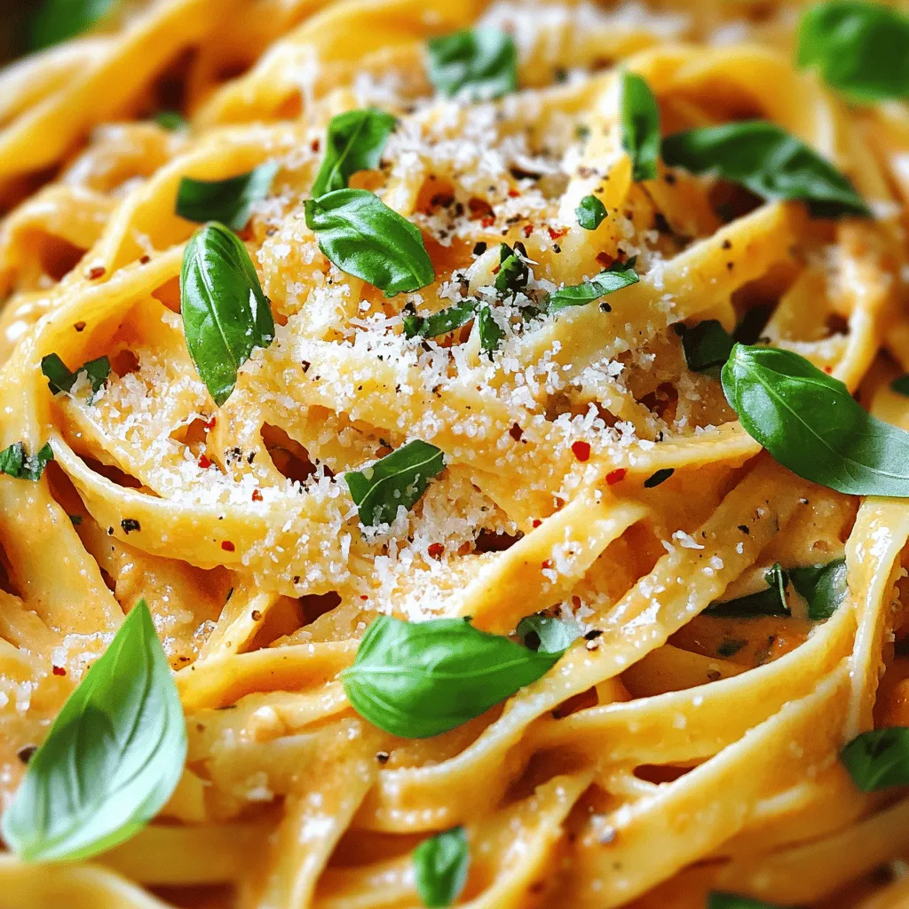 - 300g pasta (fettuccine or penne) - 2 tablespoons olive oil - 4 cloves garlic, minced - 1 can (400g) crushed tomatoes - 1 cup heavy cream - 1 teaspoon dried basil - 1 teaspoon dried oregano - Salt and pepper to taste - ½ cup grated Parmesan cheese - Fresh basil leaves for garnish - Optional: Red pepper flakes for heat When I make creamy tomato garlic pasta, I focus on fresh ingredients. The pasta is the star here. I like fettuccine or penne because they hold the sauce well. You’ll need 300 grams of your chosen pasta. Next, we need olive oil for cooking. Just two tablespoons will do. It adds flavor and helps the garlic cook just right. Speaking of garlic, four cloves, minced, bring a great aroma. Our sauce begins with one can of crushed tomatoes, about 400 grams. This gives the pasta its rich base. We’ll also add one cup of heavy cream. This cream makes the dish creamy and delicious. We must not forget our seasonings. One teaspoon of dried basil and one teaspoon of dried oregano add depth. Salt and pepper help balance the flavors. I like to sprinkle in some grated Parmesan cheese—half a cup adds a lovely finish. For garnish, fresh basil leaves brighten the dish. If you want a kick, red pepper flakes are a great choice. They add just the right amount of heat. 1. Boil water in a large pot. Add salt to the water. 2. Cook pasta according to the package instructions until al dente. 3. Drain the pasta and reserve 1 cup of pasta water for later. 1. Sauté minced garlic in 2 tablespoons of olive oil over medium heat. Cook for about 1 minute. 2. Add crushed tomatoes to the skillet. Stir well and let it simmer for about 5 minutes. 3. Stir in heavy cream along with 1 teaspoon of dried basil and 1 teaspoon of dried oregano. Let it simmer for an additional 5 minutes. 4. Season the sauce with salt and pepper. If you want heat, add red pepper flakes to taste. 1. Toss the cooked pasta into the sauce. Mix it well to coat. 2. Adjust the thickness of the sauce using reserved pasta water. Add a little at a time. 3. Add grated Parmesan cheese and mix until it melts into the sauce. This pasta dish is creamy and bursting with flavor. It comes together quickly and easily, making it perfect for any night of the week. - Choosing the right pasta type: I like using fettuccine or penne. They hold the creamy sauce well. You can even use whole wheat pasta for added nutrients. Just make sure to cook it al dente for the best texture. - Ensuring garlic doesn't burn: When sautéing garlic, keep your heat at medium. Watch it closely. Garlic burns quickly and turns bitter. Cook it just until fragrant, about one minute. This brings out its sweet flavor. - Adding more vegetables: You can boost nutrition by adding veggies. Spinach adds a nice green touch. Bell peppers add sweetness and color. Just sauté them with the garlic for a tasty mix. - Incorporating protein: Want to make it heartier? Add cooked chicken or shrimp. They pair well with the creamy sauce. Make sure to cook them separately, then toss them in at the end. - Best side dishes: Fresh salad works great with creamy tomato garlic pasta. Garlic bread is another favorite. Both add texture and balance to your meal. - Wine pairings: A light red wine, like Pinot Noir, complements the flavors. If you prefer white, try a Chardonnay. These wines enhance the creamy sauce and tomato notes, making dinner special. {{image_2}} You can make this dish vegan easily. Replace the heavy cream with coconut milk or cashew cream. Both give a rich and creamy texture. Instead of Parmesan cheese, use nutritional yeast. It has a cheesy flavor and adds nutrients. If you need a gluten-free choice, there are great pasta substitutes. Look for gluten-free penne or fettuccine made from rice or corn. They cook differently, so adjust the cooking time. Always check the package for exact times to get perfect pasta. For those who love heat, spice it up! Add more red pepper flakes to the sauce. You can also mix in spicy sausage or chorizo for extra flavor. This will give your creamy tomato garlic pasta a nice kick. To store leftover creamy tomato garlic pasta, place it in an airtight container. Make sure to let it cool before sealing. This helps keep it fresh. It can stay in the fridge for up to three days. When you are ready to eat, simply reheat it on the stove or in the microwave. Add a splash of water or cream if it seems too thick. If you want to freeze creamy tomato garlic pasta, use a freezer-safe container. Leave some space at the top, as the pasta will expand. It can be stored in the freezer for up to three months. To thaw, move it to the fridge for a few hours or overnight. You can also thaw it in the microwave for a quick option. To reheat, warm it in a skillet over low heat. Stir often to avoid burning. Adding a bit of cream or pasta water will help bring back its creamy texture. Enjoy your pasta later with ease! Yes, you can use fresh tomatoes. For best results, use ripe ones. You will need about 6-8 medium tomatoes. First, blanch them in boiling water for about 30 seconds. Then, peel off the skins easily. Chop the tomatoes and cook them down in the skillet. This process will help release their juices. Make sure to cook them long enough to get that rich flavor. To make this dish lower in calories, reduce the cream. You can use half a cup of low-fat milk instead. This will help keep the sauce creamy without too many calories. Additionally, cut back on the cheese. Using only a quarter cup of Parmesan still adds flavor without too much fat. You can also skip the optional red pepper flakes if you prefer a milder taste. Yes, you can prepare this pasta dish ahead of time. Cook the pasta and sauce separately. Store each in airtight containers in the fridge. You can keep them for up to three days. When ready to eat, reheat the pasta and sauce together. If the sauce is too thick, add a bit of reserved pasta water. This keeps it creamy and fresh. This blog post explored how to make creamy tomato garlic pasta. We covered main ingredients, cooking steps, and helpful tips. You can enhance the dish with extra veggies or protein. Don’t forget about vegan and gluten-free options for a wider appeal. Storing leftovers properly is key to enjoying this meal later. With these insights, you can whip up a tasty pasta dish easily. Enjoy making this versatile recipe and share it with friends!