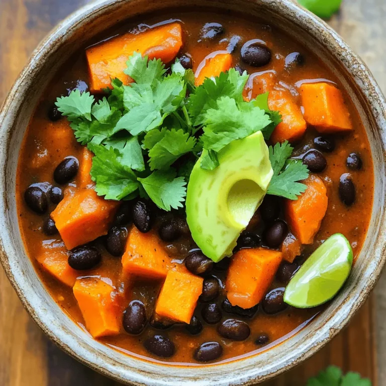 To make Cozy Sweet Potato Black Bean Chili, you need some key ingredients. Each one adds flavor and texture to the dish. Here’s what you will need: - 2 medium sweet potatoes, peeled and diced - 1 can (15 oz) black beans, drained and rinsed - 1 can (14 oz) diced tomatoes (with juices) - 1 medium onion, diced - 3 cloves garlic, minced - 1 bell pepper (any color), diced - 2 cups vegetable broth - 1 tablespoon chili powder - 1 teaspoon cumin - 1 teaspoon smoked paprika - ½ teaspoon cayenne pepper - Salt and pepper to taste - 2 tablespoons olive oil - Fresh cilantro for garnish (optional) - Avocado slices for topping (optional) - Lime wedges for serving (optional) Each of these ingredients plays an important role. The sweet potatoes bring natural sweetness. Black beans add protein and texture. Diced tomatoes provide a juicy base. Onion and garlic offer a savory kick. Bell peppers add color and crunch. The spices transform this dish. Chili powder gives warmth. Cumin and smoked paprika add depth. Cayenne pepper brings heat; adjust it to your taste. Salt and pepper highlight the flavors. For the perfect finish, you can add fresh cilantro, avocado, and lime. These toppings add freshness and creaminess. They elevate your chili to the next level. Enjoy gathering these simple ingredients and preparing a cozy meal! 1. Start by heating the olive oil in a large pot over medium heat. 2. Add the diced onion and bell pepper. Sauté them for about five minutes until they soften. This step is key. It builds a sweet base for your chili. 3. Next, stir in the minced garlic. Cook for one to two minutes. You want it fragrant but not burnt. 4. Now, add the diced sweet potatoes to the pot. Sprinkle in the chili powder, cumin, smoked paprika, cayenne pepper, and a pinch of salt and pepper. Stir well to coat the sweet potatoes with the spices. 1. Pour in the vegetable broth next. Then, add the diced tomatoes with their juices. 2. Bring the mixture to a boil. It’s exciting to see all those flavors start to meld! 3. Once it boils, lower the heat to a simmer. Let it cook for 20 to 25 minutes. You want the sweet potatoes to become tender. Stir occasionally to prevent sticking. 1. After the sweet potatoes are soft, stir in the black beans. This adds protein and creaminess. 2. Let the chili simmer for another 10 minutes. This lets the flavors blend beautifully. 3. Taste your chili and adjust the seasonings if needed. 4. For serving, ladle the chili into bowls. Add fresh cilantro, avocado slices, and a lime wedge on the side. This adds a nice burst of flavor and color! - Overcooking sweet potatoes: Sweet potatoes cook down quickly. If you cook them too long, they turn mushy. Aim for tender, not mushy. Check them after 20 minutes of simmering. - Adding spices at the wrong time: Timing matters. Add spices too early, and they lose their kick. Add them when you mix in the sweet potatoes for the best flavor. - Adding extra spices for heat or depth: Want to spice things up? Try adding more cayenne or a dash of chipotle powder. For a deeper taste, add smoked paprika or even a touch of cinnamon. - Using fresh ingredients vs canned: Fresh ingredients bring bright flavors. Fresh garlic and onions taste better than dried. Use fresh tomatoes if you can. They add a juicy burst to the chili. - Best accompaniments for chili: Serve with crusty bread or cornbread. A slice of avocado toast pairs well, too. Chips and salsa are great for snacking. - Creative garnishing ideas: Top your chili with fresh cilantro, avocado slices, or a dollop of sour cream. Lime wedges add a zesty touch. You can even sprinkle cheese for a creamy finish. {{image_2}} For those following a vegan diet, you can top your chili with fresh avocado slices. They add a creamy texture and a nice flavor. You can also use dairy-free yogurt instead of sour cream. If you need gluten-free options, this chili is already safe. All the ingredients are naturally gluten-free. Just check your broth label to ensure it is gluten-free. If you want to switch things up, try using kidney beans or pinto beans instead of black beans. Both give a great taste and texture. You can also add different veggies. Try corn, zucchini, or even carrots for a twist. Each option adds more flavor and nutrition. To make your chili milder, reduce the cayenne pepper. You can leave it out entirely if you prefer no heat. For those who love spice, add more cayenne or some jalapeños. You could also try a dash of hot sauce for an extra kick. Adjusting the spice level lets everyone enjoy this dish. To keep your chili fresh, place leftovers in an airtight container. This helps keep air out and flavor in. I prefer glass containers because they do not stain. You can store the chili in the fridge for up to five days. Make sure to let it cool before sealing. Freezing chili is easy. First, let the chili cool completely. Then, divide it into portions. Use freezer-safe bags or containers. Remove as much air as you can from the bags. Label them with the date and contents. Chili can be frozen for up to three months. To thaw, place the bag in the fridge overnight. If you're in a hurry, submerge the bag in cold water. This method thaws it quickly and safely. You can also use the microwave if needed. Reheating chili is simple. You can use a pot on the stove. Heat it over medium-low heat until warm. Stir often to prevent sticking. Another great method is the microwave. Place the chili in a microwave-safe bowl. Cover it with a microwave-safe lid or wrap. Heat for about 1-2 minutes. Stir and heat more if needed. Avoid overheating to keep the flavors intact. Enjoy your cozy chili warm and flavorful every time! Cozy Sweet Potato Black Bean Chili stays fresh for about 4 to 5 days in the fridge. Make sure to store it in an airtight container. This helps keep flavors strong and safe to eat. Yes, you can use a slow cooker! Just add all your ingredients to the pot. Set it on low for 6 to 8 hours. If you are in a hurry, set it on high for 3 to 4 hours. The slow cook method lets flavors blend well. You can serve this chili with several tasty sides. Cornbread or tortilla chips work great. You might also enjoy it with a side salad. Topping it with avocado or sour cream adds creaminess. Absolutely! This chili is perfect for meal prep. Make a big batch and divide it into portions. It reheats well, making it easy to enjoy throughout the week. Just remember to store it properly for the best taste. This blog post shared a simple recipe for Cozy Sweet Potato Black Bean Chili. We detailed the key ingredients, step-by-step cooking tips, and ways to enhance flavor. I highlighted common mistakes and variations to fit different diets. Remember, cooking is about experimenting and enjoying the process. With these tips, you can make a tasty chili that warms your heart and stomach. Enjoy every bite, and share your chili creations with others!