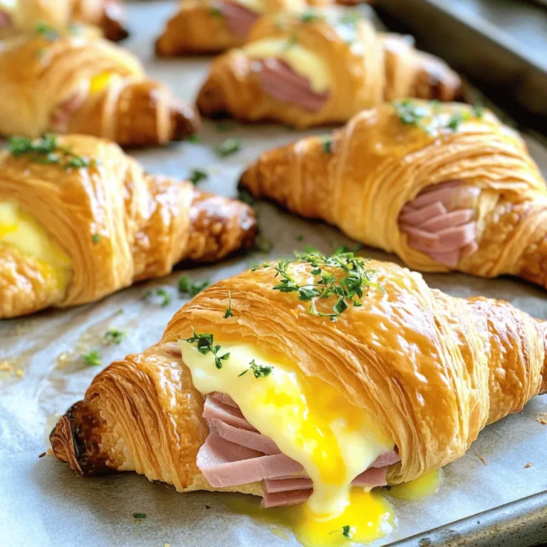 - Croissants - Sliced Ham - Cheese Options - Dijon Mustard - Egg Wash Ingredients - Garnish Options To make ham and cheese croissants, you need a few key ingredients. Here’s what I use: - Croissants: I recommend four large croissants. Day-old croissants work best. They hold fillings well and still taste fresh. - Sliced Ham: Use 200g of sliced ham. Smoked or honey ham adds great flavor. The saltiness pairs well with cheese. - Cheese Options: I like 150g of Gruyère or Swiss cheese. Thin slices melt nicely and add a creamy texture. - Dijon Mustard: Two tablespoons of Dijon mustard give a nice zing. It enhances the flavors in the croissant. - Egg Wash Ingredients: You’ll need one beaten egg. This creates a lovely golden crust on top. - Garnish Options: Fresh herbs like thyme or parsley work great for garnish. They add color and a fresh taste. Each ingredient plays a role in making these croissants delicious. The mix of flavors and textures creates the perfect bite. Plus, they are simple to prepare. Use these tips to pick the best ingredients for your ham and cheese croissants! First, set your oven to 180°C (350°F). This step warms up the oven for the croissants. Preheating helps them bake evenly and get golden brown. Next, take four large croissants. If you have day-old croissants, use those. They hold up better. Carefully slice each croissant in half. You want to create a top and bottom. Now, spread a thin layer of Dijon mustard on the bottom half. This adds flavor and depth. Then, generously layer the sliced ham over the mustard. Make sure to cover it evenly. After the ham, add the thinly sliced cheese. Gruyère or Swiss cheese works best. If you love cheese, add a bit more for a gooey finish. Season with a pinch of salt and cracked black pepper for taste. Place the top half of the croissant back on, gently pressing down to hold the layers. Arrange the filled croissants on a baking sheet lined with parchment paper. Brush the tops with the beaten egg for a nice glaze. Bake them in the preheated oven for 12 to 15 minutes. Keep an eye on them. You want the cheese to melt and the croissants to turn golden brown. Once done, take them out and let them cool slightly. Garnish with chopped fresh herbs to add color and flavor. Enjoy your savory ham and cheese croissants! To make great ham and cheese croissants, pick fresh or day-old croissants. Flaky and buttery croissants work best. Look for croissants with a golden color, which shows they are baked well. If they are too soft, they may not hold the filling. Day-old croissants are perfect because they are slightly dry, so they won’t get soggy. Choosing the right cheese is key for flavor. Gruyère and Swiss cheese melt well and add great taste. You can also try cheddar for a sharper flavor or mozzarella for a milder choice. Mixing cheeses gives a richer taste. Just make sure the cheese is sliced thinly for even melting. The goal is to achieve a crispy outside and a soft inside. Brush the croissants with egg wash for a golden crust. Bake them until they are golden brown and the cheese is melted. Keep an eye on them to avoid burning. Let the croissants cool a little before serving. This way, the cheese will set slightly, and they will be easier to eat. {{image_2}} You can easily make ham and cheese croissants without meat. Use vegetables like roasted peppers, mushrooms, or spinach. These options taste great with cheese, too. Try feta, mozzarella, or cheddar for flavor. You can add a spread like pesto for extra taste. Feel free to switch up the meats and cheeses. Turkey or chicken can replace ham. You can also use prosciutto or salami for a different taste. When it comes to cheese, Swiss or cheddar works well. You can mix different cheeses for a fun flavor twist. Want to boost the flavor? Add herbs like thyme, rosemary, or chives. A sprinkle of paprika or crushed red pepper can add some heat. Don't forget to season with salt and pepper. These small changes can make your croissants even more special. Keep your ham and cheese croissants in the fridge if you don’t eat them right away. Place them in an airtight container. This helps keep them fresh for up to three days. If you want to store them longer, freezing is a better option. To freeze the croissants, first let them cool completely. Wrap each croissant in plastic wrap. Then place them in a freezer bag. They can last for up to a month in the freezer. When you are ready to eat, just take them out and thaw in the fridge overnight. To reheat your croissants, preheat your oven to 180°C (350°F). Place the croissants on a baking sheet. Heat them for about 10-12 minutes. This makes them crispy again. You can also use a microwave, but they may turn soft. If you choose the microwave, heat for about 30 seconds. Enjoy your tasty treat! You can skip the Dijon mustard easily. Use a thin layer of butter instead. This will keep the croissants moist and add flavor. You can also try adding a bit of cream cheese or even a spread like pesto. This keeps the filling tasty and fun. Yes, you can use pre-made croissants. They save time and work well for this dish. Just make sure they are fresh or day-old for the best taste. You can find them at bakeries or grocery stores. They should be soft but not stale. Each Ham & Cheese Croissant has about 400-500 calories. This can vary based on the amount of cheese and ham used. If you want a lighter version, use less cheese or leaner ham. You can also try smaller croissants for fewer calories. Local bakeries often have the best Ham & Cheese Croissants. They make them fresh daily. You can also check gourmet grocery stores. Look for places that focus on quality and fresh ingredients. Reading reviews online can help find the best spots near you. Croissants are done when they are golden brown and the cheese is melted. Keep an eye on them while baking. It usually takes about 12-15 minutes. If you’re unsure, use a toothpick to check if the cheese is gooey. The smell will also be a good hint! This blog post covered how to make delicious Ham & Cheese Croissants. We started with a simple list of ingredients, then moved to steps for preparation and baking. I shared tips for choosing the best croissants and cheese, plus variations to fit your taste. I also included storage advice to keep your croissants fresh. In conclusion, enjoy making these tasty treats and customize them to your liking! Your kitchen will smell amazing, and they will impress anyone who tries them.