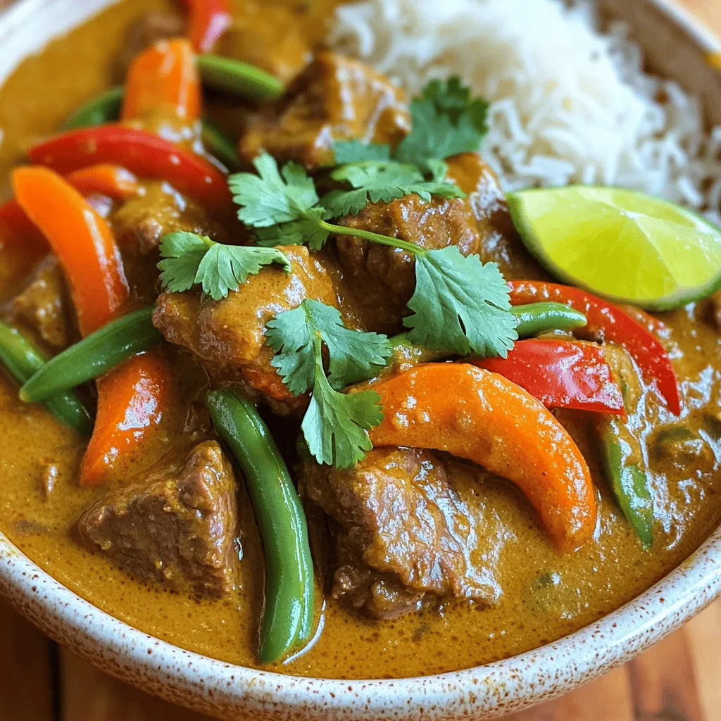 - 2 lbs beef chuck, cut into 1-inch cubes - 1 can (13.5 oz) coconut milk - 1 cup beef broth - 2 tablespoons red curry paste - 1 tablespoon ginger, minced - 4 cloves garlic, minced - 1 onion, sliced - 2 carrots, sliced - 1 red bell pepper, chopped - 1 cup green beans, trimmed - 2 tablespoons fish sauce - 2 tablespoons brown sugar - Salt and pepper to taste - Fresh cilantro, for garnish - Lime wedges, for serving The star of this dish is the beef chuck. It is rich and tender when slow-cooked. The coconut milk gives a creamy base and a nice sweetness. Red curry paste adds spice and depth to the flavor. Garlic and ginger bring warmth and aroma. The veggies add color and nutrients to the dish. Each ingredient plays a role in making this meal great. You can add more spices to boost flavor. A dash of lime juice brightens the dish. Fresh herbs like basil or mint can add freshness. If you want more heat, try adding sliced chili peppers. These options let you make the curry your own. Feel free to experiment with what you have at home! Start by cutting 2 lbs of beef chuck into 1-inch cubes. This size helps the meat cook evenly. Next, slice one onion and chop two carrots. Then, cut one red bell pepper into pieces. Mince four cloves of garlic and one tablespoon of ginger. Gather all these fresh ingredients to make your curry full of flavor. In your slow cooker, add the beef cubes, onion, ginger, garlic, carrots, and red bell pepper. In a bowl, mix one can of coconut milk, one cup of beef broth, two tablespoons of red curry paste, two tablespoons of fish sauce, and two tablespoons of brown sugar. Whisk until smooth. Pour this mixture over the beef and veggies. Stir everything together. Season with salt and pepper to taste. Cover the slow cooker and set it to low heat. Let it cook for 6 to 8 hours. About 30 minutes before serving, add one cup of trimmed green beans. This will keep them crisp. Once the time is up, check if the beef is tender. Taste the curry and adjust the seasoning if needed. When ready to serve, you can dish the curry over warm steamed rice or with naan. Garnish with fresh cilantro and lime wedges. This adds a zesty kick and brightens the dish. Enjoy your delicious slow cooker beef coconut curry! The prep time for this dish is just 15 minutes. You will chop the beef, onion, carrots, and bell pepper. You will also mince the ginger and garlic. This quick prep makes it easy to get started. Cooking time on low is 6 to 8 hours. This slow cooking lets the beef become tender. The flavors also blend well over this time. You can check the beef for tenderness near the end. The total time for this recipe is about 8 hours. This includes both prep and cooking time. This dish serves 6 people, making it great for family meals. You can serve it with rice or naan for a complete dinner. {{image_2}} To get tender beef, choose chuck roast. It has more fat and flavor. Cut it into 1-inch cubes for even cooking. Brown the beef in a pan first. This step adds depth to the flavor. Use low heat in the slow cooker. This helps the beef cook slowly and stay juicy. Layering flavors makes your curry rich and tasty. Start with aromatics like onion, garlic, and ginger. Sauté them before adding to the slow cooker. This boosts their taste. Use good-quality coconut milk for creaminess. Add the red curry paste early to mix in well. This helps the spice blend with the other ingredients. One mistake is not seasoning enough. Taste your dish at the end and adjust. Another mistake is overcooking the vegetables. Add delicate vegetables like green beans later on. Avoid skipping the fish sauce. It adds umami and balances sweetness. Finally, don’t rush the cooking time. Slow cooking is key to the best flavor. You can easily swap the beef for other proteins. Chicken works great in this dish. Use boneless thighs for a juicy bite. You can also try pork for a different flavor. For seafood lovers, shrimp adds a nice twist. Just remember to adjust cooking times. Seafood cooks faster, so add it later in the process. If you want a meatless meal, I suggest chickpeas or tofu. Both soak up the curry flavor well. Use one can of chickpeas for protein or firm tofu cut into cubes. You can also add more vegetables, like sweet potatoes or cauliflower. This makes the dish hearty and filling without meat. Feel free to play with the spices in your curry. If you like it spicy, add more red curry paste or fresh chili peppers. For a milder flavor, reduce the amount of curry paste. You can also add lime juice for a tangy kick. Fresh herbs like basil or mint can brighten the dish too. Experiment with these ideas to find your perfect taste! Yes, you can use frozen beef. Just make sure to thaw it first. Thawing helps the beef cook evenly. It also lets the meat absorb the tasty flavors. If you add frozen beef directly, the cooking time may need to be longer. To store leftovers, let the curry cool down first. Then, pour it into an airtight container. You can keep it in the fridge for up to three days. If you want to keep it longer, freeze it. Just make sure to use a freezer-safe container. It can last up to three months in the freezer. Yes, you can make this curry without coconut milk. Use plain yogurt or heavy cream instead for creaminess. You can also use vegetable broth for a lighter option. Just keep in mind that this will change the flavor and texture a bit. Adjust the spices to suit your taste. This blog post detailed the key ingredients and steps to make a delicious curry. You learned about the essential and optional ingredients that enhance flavor. We explored important cooking times to help with meal prep. You also discovered tips for making beef tender and avoiding common mistakes. Finally, we discussed different variations and addressed common questions. Enjoy experimenting with this recipe and make it your own!