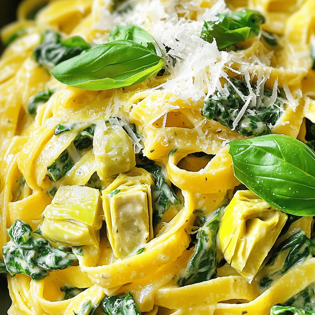 To make Creamy Spinach Artichoke Pasta, you need the following: - 8 oz (225g) pasta (fettuccine or penne) - 2 cups fresh spinach, chopped - 1 can (14 oz) artichoke hearts, drained and quartered - 1 cup heavy cream - 1/2 cup cream cheese, softened - 1 cup grated Parmesan cheese - 2 cloves garlic, minced - 1 tablespoon olive oil - Salt and pepper to taste For a bit more kick or taste, consider these extras: - 1/2 teaspoon red pepper flakes (optional) - Fresh basil leaves for garnish This dish serves four and packs a punch of flavor and nutrition. Here's a rough breakdown per serving: - Calories: 500 - Protein: 18g - Carbohydrates: 50g - Fat: 25g - Fiber: 2g Enjoy the creamy goodness while knowing you're fueling your body! First, bring a large pot of salted water to a boil. This adds flavor to your pasta. Add 8 oz of pasta, like fettuccine or penne. Cook it according to the package instructions until it is al dente. This means it should be firm but not hard. Reserve 1 cup of the pasta water before draining the pasta. Set the pasta aside for later. Next, heat a large skillet over medium heat. Add 1 tablespoon of olive oil. Once hot, add 2 cloves of minced garlic. Sauté for about 1 minute until it smells nice. Then, add 2 cups of chopped fresh spinach. Cook this for 3 to 4 minutes until the spinach wilts down. This adds a fresh taste and bright color to the dish. Now, stir in 1 can of quartered artichoke hearts. Cook for another 2 to 3 minutes to warm them through. Lower the heat and add 1 cup of heavy cream and 1/2 cup of softened cream cheese. Stir well until the cream cheese melts and the sauce is smooth. Gradually mix in 1 cup of grated Parmesan cheese. If the sauce feels too thick, add a bit of the reserved pasta water to get your desired creaminess. Finally, toss in the cooked pasta and mix until well coated. Add salt, pepper, and optional red pepper flakes to taste. To cook pasta just right, start with a big pot of salted water. Bring it to a boil. Add 8 oz of your choice, like fettuccine or penne. Check the package for cooking time. Aim for al dente, which means firm but not hard. This gives your pasta a nice bite. Save 1 cup of pasta water before you drain it. This water can help adjust your sauce later. For a great creamy sauce, use heavy cream and cream cheese. Start by heating a skillet over low heat. Add 1 cup of heavy cream and 1/2 cup of softened cream cheese. Stir until the cream cheese melts and blends in. If the sauce gets too thick, use that reserved pasta water. Add it slowly until you reach your desired creaminess. This technique keeps your sauce smooth and rich. To boost the flavors, don't skip the garlic. 2 cloves of minced garlic add a lovely aroma. Sauté it with olive oil for about 1 minute before adding spinach. Add 1/2 teaspoon of red pepper flakes for a little heat. Season with salt and pepper to taste. Fresh basil leaves make a great garnish. They add a pop of color and flavor to your dish. {{image_2}} If you have dietary needs, you can still enjoy this dish. For a gluten-free option, use gluten-free pasta. If you want a lighter meal, substitute heavy cream with low-fat milk or a plant-based cream. You can also use vegan cream cheese and nutritional yeast instead of Parmesan for a dairy-free version. These substitutions keep the flavors rich while catering to your needs. You can change up the pasta for this dish. Fettuccine and penne work well, but don’t stop there! Try using whole wheat pasta for added fiber or chickpea pasta for more protein. Even zoodles, or zucchini noodles, can be a fun way to make it low-carb. Each pasta type adds its own unique twist to the creamy sauce. Want to make this meal heartier? You can add protein. Grilled chicken or shrimp pairs nicely with the creamy sauce. If you want more veggies, consider adding sun-dried tomatoes, bell peppers, or mushrooms. They add color and texture to your dish. Feel free to mix and match these add-ins to suit your taste. Each addition makes the meal even more delicious! To keep your creamy spinach artichoke pasta fresh, store it in an airtight container. Make sure to let the pasta cool down first. This helps it stay tasty. In the fridge, it can last about 3 to 4 days. If you want to enjoy it later, consider freezing it instead. When you're ready to eat your leftovers, reheat them gently. You can use a microwave or a stovetop. If using the microwave, place your pasta in a bowl and cover it. Heat in 30-second bursts, stirring in between. On the stovetop, add a splash of water to a skillet and heat over low heat. Stir until warm. This keeps the creamy sauce smooth. If you want to freeze your creamy pasta, follow these steps. First, let the pasta cool completely. Then, portion it into small containers or freezer bags. Be sure to remove as much air as possible. Label the bags with the date. You can freeze it for up to 3 months. When you're ready to eat it, thaw it in the fridge overnight before reheating. Yes, you can make this dish ahead of time. Cook the pasta and sauce. Let them cool. Store in separate containers in the fridge. When ready, warm them up together in a skillet. Add a splash of water if it seems dry. This keeps the meal tasty and fresh. Absolutely! This recipe is already vegetarian. It uses spinach and artichokes for flavor. The cream and cheese add richness. If you want to make it vegan, swap the cream and cheese for plant-based options. Use coconut milk and cashew cheese for a creamy result. This pasta pairs well with many sides. Here are some ideas: - A simple green salad with lemon dressing - Garlic bread for a crunchy bite - Roasted vegetables for added nutrition - Grilled chicken or shrimp for a protein boost Each option will enhance your meal and make it even better. You learned how to make Creamy Spinach Artichoke Pasta. We covered the key ingredients and cooking steps. With tips for perfect pasta and sauce, you can skip the guesswork. I shared variations to suit different diets and preferences. You can also store leftovers easily. This dish is simple and delicious. Now, you can impress friends and family with your cooking! Enjoy the creamy goodness and make it your own.