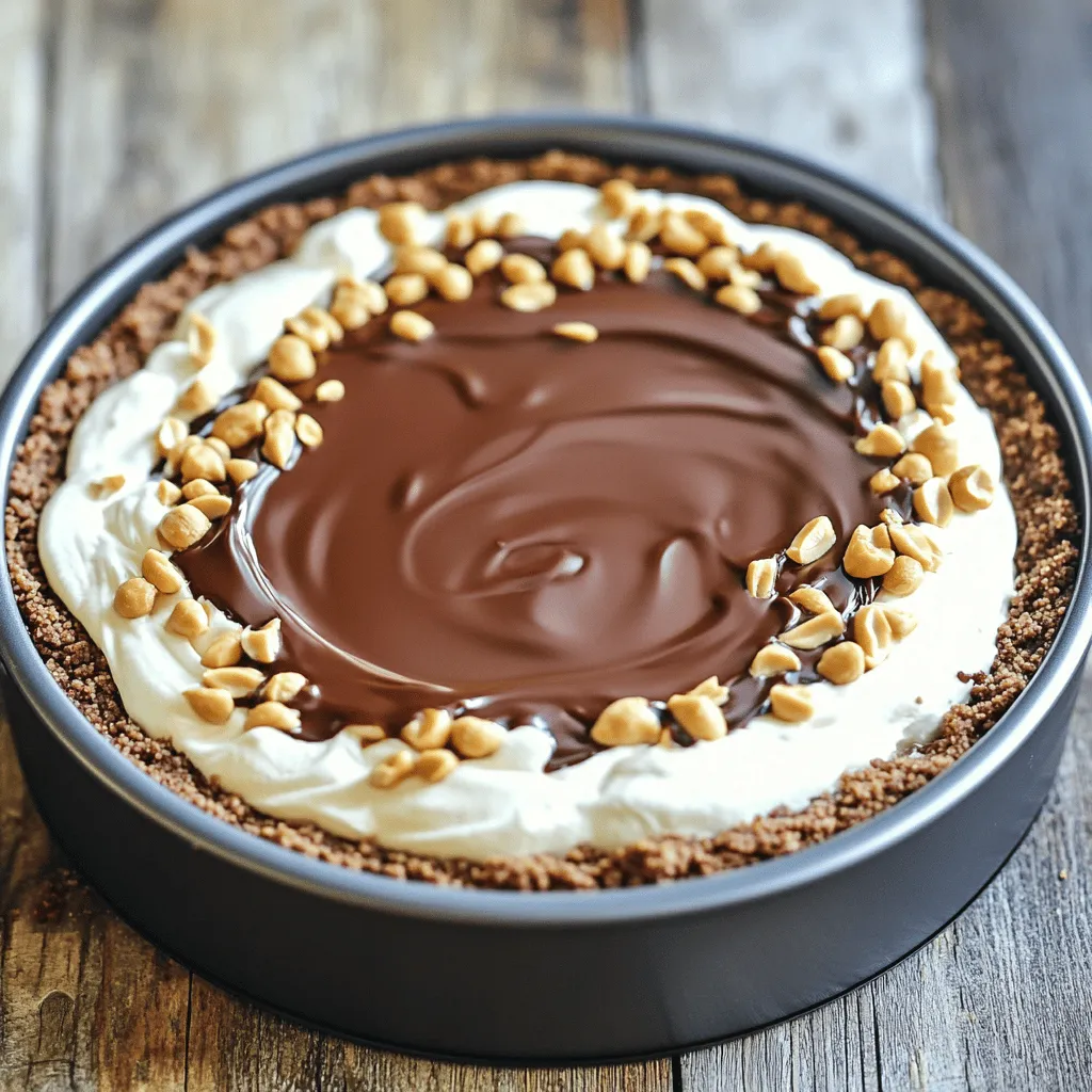 To make No-Bake Chocolate Peanut Butter Cheesecake, you need some simple, tasty ingredients. Here’s what you’ll need: - 1 ½ cups chocolate graham cracker crumbs - ½ cup unsalted butter, melted - 1 cup creamy peanut butter - 1 cup cream cheese, softened - ¾ cup powdered sugar - 1 teaspoon vanilla extract - 1 cup whipped cream (store-bought or homemade) - ½ cup semi-sweet chocolate chips (for topping) - 2 tablespoons chopped peanuts (for garnish) Each ingredient plays a key role in the taste and texture of the cheesecake. The chocolate graham cracker crumbs form a sweet base while the melted butter helps bind them together. Creamy peanut butter and softened cream cheese create a rich filling. The powdered sugar adds sweetness, and vanilla extract brings out the flavors. Whipped cream lightens the mix, making it fluffy. Finally, chocolate chips and chopped peanuts add delicious toppings. Feel free to adjust these ingredients based on your taste or dietary needs. Enjoy the process and get ready for a delightful treat! Start by mixing the chocolate graham cracker crumbs with melted butter in a bowl. Use a fork to blend them well. The crumbs should look wet and clump together. Next, take a 9-inch springform pan and press the mixture firmly into the bottom. Make sure it is even across the base. Once done, place the pan in the fridge while you prepare the filling. This helps the crust to set and hold its shape. In a large mixing bowl, beat the softened cream cheese and creamy peanut butter together. Use a hand mixer or a stand mixer for smooth results. Keep mixing until the mixture is creamy and well combined. Gradually add in the powdered sugar and vanilla extract. Beat again until the mixture becomes fluffy and smooth. This step is key for a rich filling. Now, it’s time to add some lightness to the filling. Gently fold in the whipped cream using a spatula. This adds a nice texture to your cheesecake. Pour the peanut butter filling over the chilled crust. Smooth the top with the spatula to make it look nice. Cover with plastic wrap and place it in the fridge. Chill for at least 4 hours, but overnight is best. This helps the cheesecake to set perfectly. To achieve a smooth filling, start with softened cream cheese. Cold cream cheese makes lumps. Beat the cream cheese and peanut butter together until creamy. This ensures a nice texture. Gradually add the powdered sugar and vanilla. Mix until fluffy. The more you beat, the smoother it gets. For better firmness, chill the cheesecake longer. I suggest at least four hours, but overnight is best. This allows it to set fully. Garnishing your cheesecake makes it pop. I love adding chopped peanuts on top. They add crunch and flavor. You can also drizzle melted chocolate for a rich touch. For a dessert platter, pair it with fresh fruits. Strawberries or raspberries go well. They add a bright contrast to the rich cheesecake. Serve with coffee or tea for a delightful end to a meal. {{image_2}} You can change the taste of your cheesecake easily. If you like it sweeter, add more powdered sugar. Start with a little, then taste. Mix in a spoonful at a time. This way, you can find the right balance. Try different nut butters for a fun twist. Almond butter or cashew butter can work well too. Each nut butter brings a unique flavor. Experiment and see which one you like best. If you need a gluten-free crust, use gluten-free chocolate graham cracker crumbs. They taste great and keep the same texture. For a lactose-free filling, use lactose-free cream cheese. You can also use coconut cream instead of whipped cream. This makes it creamy while keeping it dairy-free. To keep your no-bake chocolate peanut butter cheesecake fresh, store it in the fridge. Cover it with plastic wrap or place it in an airtight container. This way, it stays moist and tasty. If you have leftovers, try to eat them within a few days for the best flavor. Can you freeze no-bake cheesecake? Yes, you can! Wrap it tightly in plastic wrap and foil. This helps prevent freezer burn. When you want to eat it, let it thaw in the fridge for a few hours. How long does it last in the fridge? Your cheesecake can last about 5 to 7 days in the fridge. Make sure to check for any changes in texture or smell. What are the signs the cheesecake has gone bad? If you see mold or if it smells sour, throw it away. Also, if the texture feels off or very watery, it's best not to eat it. Keeping your cheesecake stored well helps it stay fresh longer. Yes, you can make this cheesecake ahead of time. I suggest chilling it for at least four hours. For the best results, chill it overnight. This allows the flavors to blend well and makes the cheesecake firmer. To prepare ahead, follow these tips: - Make the crust and filling as directed. - After pouring the filling into the crust, cover it tightly. - Store it in the fridge until you’re ready to serve. This recipe is not vegan, but you can adapt it. Here are some substitutes for a vegan diet: - Use vegan cream cheese instead of regular cream cheese. - Swap creamy peanut butter with a brand that is dairy-free. - For whipped cream, choose a coconut cream option. These changes keep the flavor while making it vegan-friendly. To stop cracks from forming, here are some helpful techniques: - Beat the cream cheese and peanut butter gently. Over-mixing can add too much air. - Make sure to chill the cheesecake slowly. Rapid temperature changes can cause cracks. - When you pour the filling, do it gently over the crust. This helps maintain a smooth surface. Using these methods, you can achieve a beautiful, crack-free cheesecake. This cheesecake recipe combines easy steps and tasty ingredients for a delicious treat. We covered crust prep, filling making, and chilling tips. I shared variations for different tastes and dietary needs. Storing and serving options can help you enjoy it longer. Remember to chill for a smooth finish. Making this cheesecake can bring delight to any occasion. With a few simple steps, you can impress everyone. Enjoy your dessert-making journey and happy baking!