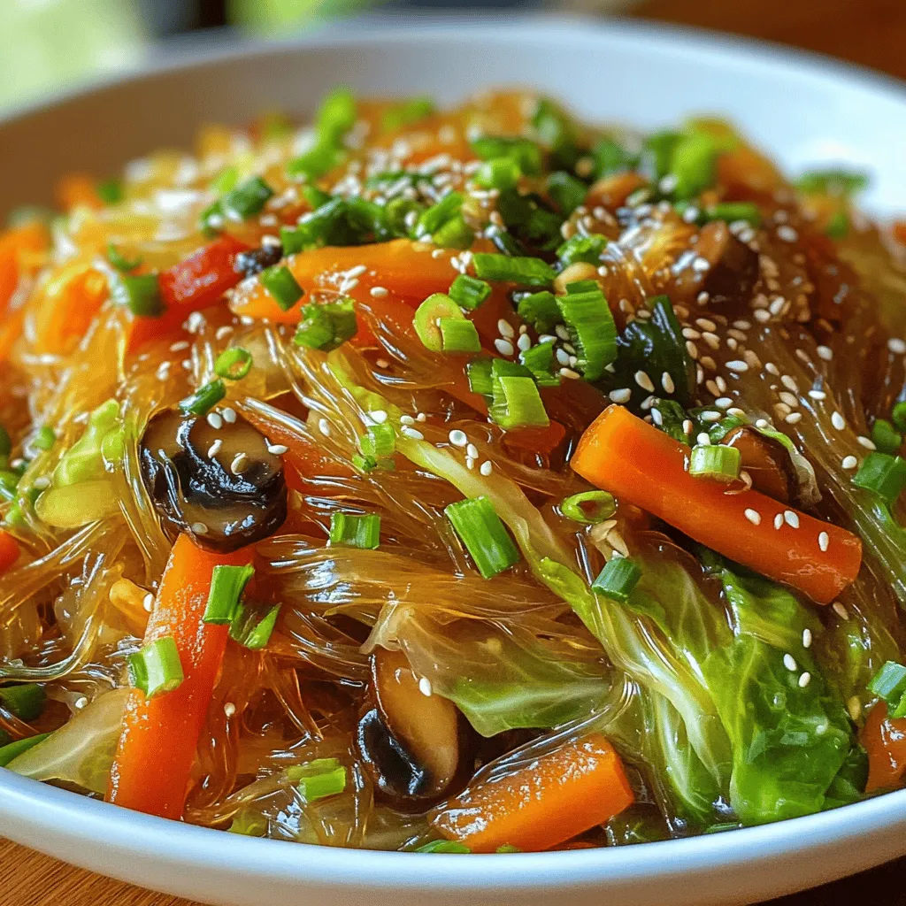 For a tasty Cabbage Glass Noodles Stir-Fry, gather these items: - 200g glass noodles (bean thread noodles) - 1 small head of green cabbage, thinly sliced - 1 cup carrots, julienned - 1 bell pepper (any color), sliced - 1 cup shiitake mushrooms, sliced - 3 cloves garlic, minced - 1 tablespoon ginger, minced - 3 tablespoons soy sauce - 1 tablespoon sesame oil - 1 tablespoon vegetable oil - 1 tablespoon chili sauce (adjust to taste) These ingredients blend well to create a dish that is both vibrant and filling. To make your stir-fry more appealing, add these garnishes: - 2 green onions, chopped - Sesame seeds These garnishes not only look great but also add flavor. Green onions give a fresh crunch, while sesame seeds add a nutty taste. Both are nutritious, offering vitamins and healthy fats. Enjoy your colorful and healthy meal! 1. Prep the Noodles: Start by soaking the glass noodles in warm water for 10-15 minutes. This softens them, making them easy to stir-fry. Once they’re soft, drain them and set them aside. 2. Chop the Vegetables: Thinly slice the cabbage and bell pepper. Julienne the carrots and slice the shiitake mushrooms. Mince the garlic and ginger. Keep everything close as you cook, so you can grab it quickly. 3. Maximize Flavor: When chopping, try using a sharp knife. This keeps the veggies crisp. Fresh garlic and ginger add a punch. Make sure they are minced well to release their oils and flavors. 1. Heat the Pan: Grab a large frying pan or wok. Add vegetable oil and heat it over medium-high heat. 2. Sauté Aromatics: Once hot, add the minced garlic and ginger. Stir-fry for about 30 seconds. You want to smell the fragrance but not burn them. 3. Add Vegetables: Toss in the cabbage, carrots, bell pepper, and shiitake mushrooms. Stir-fry for 5-7 minutes. You want them tender but still crisp. Keep stirring for even cooking. 4. Incorporate Noodles: Push the veggies to one side of the pan. Add the soaked glass noodles to the empty side. Drizzle soy sauce, sesame oil, and chili sauce over the noodles. Toss everything together for 2-3 minutes. Ensure the noodles heat through and mix well with the veggies. 5. Garnish: Remove the pan from heat. Top with chopped green onions and a sprinkle of sesame seeds. This adds color and crunch to your dish. Serve hot and enjoy your quick meal! When stir-frying, keep your pan hot. This helps cook the food fast. Heat the vegetable oil until it shimmers. Add garlic and ginger first. Stir for about 30 seconds. This makes flavors pop. For the veggies, cut them into even sizes. This helps them cook evenly. Cabbage needs about 5-7 minutes. It should be tender but still crisp. Carrots and peppers will cook in the same time. If you use other vegetables, adjust the cooking time. Soft vegetables like zucchini cook faster than cabbage. Hard veggies like broccoli take longer. Always taste as you cook! To boost flavor, try adding soy sauce in stages. Start with a little, taste, and add more if needed. You can also mix in sesame oil for a nutty taste. Chili sauce gives heat. Adjust it to your liking. Want more depth? Add a splash of rice vinegar. This balances sweetness and spice. Garnish with green onions and sesame seeds. They add crunch and color. Fresh herbs like cilantro can also brighten the dish. This makes your meal even more appealing! {{image_2}} You can easily change the veggies in this stir-fry. Use what you have! Here are some great swaps: - Broccoli: Adds crunch and a nice green color. - Zucchini: It cooks quickly and adds a mild flavor. - Spinach: Toss it in at the end for a fresh touch. If you need gluten-free options, use tamari instead of soy sauce. For a vegetarian dish, skip any meat and double the veggies. You’ll still get a tasty meal! Want a kick? You can adjust the spice in this dish. Here are some ideas: - For spice lovers: Add more chili sauce or fresh peppers. - For mild tastes: Use less chili sauce or skip it altogether. Thinking of adding protein? Tofu is a great choice. Just cube it and stir-fry until golden. If you prefer meat, chicken works well too. Simply slice it thin and cook it first before adding the veggies. To keep your Cabbage Glass Noodles Stir-Fry fresh, store leftovers in an airtight container. Make sure the dish cools down before sealing it. This helps keep moisture inside. The stir-fry can last in the fridge for about 3 to 4 days. If you notice any odd smells or colors, it's best to toss it. When it's time to eat your leftovers, you have a few options. You can use a microwave or a pan. If using the microwave, place the stir-fry in a bowl and cover it with a damp paper towel. This keeps the noodles from drying out. Heat in short bursts, stirring in between. If you prefer the pan, add a splash of water and stir over medium heat. This helps to refresh the noodles and keeps them from getting sticky. Enjoy your tasty meal again! What are glass noodles? Glass noodles are made from mung bean starch. They are thin and transparent. These noodles are also known as bean thread noodles. They soak easily and cook quickly. How do I store leftovers? Store leftovers in an airtight container. They will last in the fridge for about three days. Reheat them in a pan or microwave for best results. What is the serving size? This recipe serves four people. Adjust the portions based on your needs. Each serving is a great mix of veggies and noodles. Are there any dietary concerns? This dish is naturally gluten-free if you use gluten-free soy sauce. It is also vegan, which suits many diets. What if my noodles are mushy? If your noodles turn mushy, you may have soaked them too long. Next time, soak them just until soft. Rinse with cold water to stop the cooking. What if my veggies are overcooked? If your veggies are too soft, cook them for less time next time. Aim for five to seven minutes, keeping them crisp. How can I adjust the flavor after cooking? If the dish lacks flavor, add more soy sauce or chili sauce. A dash of lime juice can also brighten the taste. For the full recipe with detailed instructions and proportions, visit [Crispy Cabbage & Glass Noodles Stir-Fry]. Cabbage Glass Noodles Stir-Fry is simple and tasty. We covered key ingredients, preparation, and cooking steps. You learned tips for perfecting flavor and texture. We also explored variations and storage methods to keep meals fresh. In summary, this dish is flexible for your taste and easy to make. Enjoy trying new ingredients or spice levels to suit your palate. Happy cooking!