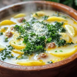 To make Zuppa Toscana, you need some key ingredients: - 1 lb Italian chicken sausage or spicy turkey sausage - 1 medium onion, diced - 3 cloves garlic, minced - 4 cups chicken broth (low sodium) - 2 medium potatoes, thinly sliced - 1 cup kale, chopped (stems removed) - 1 cup heavy cream - 1 teaspoon red pepper flakes (adjust for spice preference) - Salt and pepper to taste - 2 tablespoons olive oil These ingredients create a rich, hearty soup. The sausage adds a savory taste, while the potatoes give it body. The kale brings color and nutrients, making it a balanced meal. To make your soup even better, consider adding these garnishes: - Fresh parsley, chopped for garnish - Grated Parmesan cheese for serving These garnishes add freshness and a nice touch of flavor. The cheese melts into the soup, making it creamy and delicious. Fresh parsley brightens up the dish and adds a pop of color. Enjoy your bowl of Zuppa Toscana with these simple yet effective additions! Sautéing the onion and garlic Start by heating 2 tablespoons of olive oil in a large pot over medium heat. Add 1 diced onion and cook for about 3 minutes. You want it to soften but not brown. Next, add 3 minced garlic cloves. Cook for another minute until it smells great. Browning the sausage Now, add 1 pound of Italian chicken sausage to the pot. Break it up with a wooden spoon. Cook for about 5 to 7 minutes until it turns brown. This adds flavor and depth to your soup. Adding chicken broth and potatoes Pour in 4 cups of low-sodium chicken broth. Bring this mix to a gentle simmer. Then, add 2 thinly sliced medium potatoes to the pot. Let them cook for about 10 to 15 minutes. You want them fork-tender for the best texture. Incorporating kale and cream After the potatoes are ready, stir in 1 cup of chopped kale and 1 teaspoon of red pepper flakes. Let it simmer for another 5 minutes. Now reduce the heat and mix in 1 cup of heavy cream. Heat through for about 3 to 5 minutes, but don't let it boil. Adjusting seasonings and serving suggestions Taste your soup and season with salt and pepper as needed. This is where you make it your own! Serve hot, garnished with fresh chopped parsley and a sprinkle of grated Parmesan cheese. Enjoy the rich flavors of your Zuppa Toscana! To make the best Zuppa Toscana, start by choosing the right sausage. I recommend using Italian chicken sausage for a mild flavor. If you like heat, go for spicy turkey sausage. This will add a nice kick to the soup. Next, focus on the potatoes and kale. Cut the potatoes thinly to help them cook evenly. Aim for about 1/4 inch slices. This way, they become soft and tender without losing their shape. For the kale, always remove the tough stems. Only use the leaves for a better texture. One common mistake is overcooking the vegetables. If you cook the potatoes and kale too long, they become mushy. You want them tender but still holding their shape. Another mistake is not adjusting the seasonings. Always taste the soup before serving. If it lacks flavor, add salt and pepper. A little more red pepper flakes can also enhance the spice level. Adjusting these can make a big difference in your soup. {{image_2}} You can easily change the sausage. For a vegan twist, use plant-based sausage. Many brands offer tasty options. They can mimic the flavor without meat. If you're lactose intolerant, try coconut cream or cashew cream. Both add a nice richness. Your soup will still taste great! To boost flavor, play with spices. Try adding thyme, oregano, or even a pinch of smoked paprika. Each herb gives a unique taste. You can also add more veggies. Carrots, celery, or bell peppers work well. They add color and extra nutrients. Don't be afraid to experiment! Each variation can turn your soup into something new and exciting. To keep your Zuppa Toscana soup fresh, store it properly. First, let the soup cool down. Then, pour it into an airtight container. You can store it in the fridge for up to three days. If you want to save it longer, freeze the soup. Use a freezer-safe container or bag. Label the container with the date. You can freeze it for up to three months. When you are ready to eat, reheating the soup well is key. The best method is to use the stove. Pour the soup into a pot. Heat it over medium-low heat, stirring occasionally. This keeps the flavors and texture intact. If the soup looks too thick, add a splash of broth or water. You can also reheat it in the microwave. Use a microwave-safe bowl and cover it loosely. Heat in 1-minute intervals, stirring in between. This way, your soup stays warm and tasty. Zuppa Toscana Soup is a hearty Italian soup. It blends flavors from Tuscany, a region known for its rich food. This soup often features sausage, kale, and potatoes. It warms your body and soul, making it a popular dish during cold months. Many families pass down their own recipes through generations, showing its importance in Italian culture. Yes, you can make Zuppa Toscana Soup in advance. To do this, follow these best practices: - Cool the soup: Let it cool to room temperature before storing. - Use airtight containers: Store it in the fridge for up to three days. - Freeze for longer storage: Use freezer-safe containers for up to three months. - Reheat gently: When ready to eat, heat it slowly on the stove. This keeps the flavors intact. Adjusting the spice level is easy with Zuppa Toscana Soup. Here are some tips: - Add or reduce red pepper flakes: Start with less if you prefer mild flavors. - Use spicy sausage: Choose spicy turkey or Italian sausage for more heat. - Incorporate hot sauce: Add a few drops of your favorite hot sauce for extra kick. - Taste and adjust: Always taste before serving and add more spice if needed. This blog post covered how to make a tasty Zuppa Toscana soup. You learned about essential ingredients like chicken sausage, fresh veggies, and spices. I shared step-by-step instructions for preparation and cooking. I also gave important tips to avoid common mistakes. You can try variations for different flavors and learn proper storage methods. Enjoy creating this delicious soup. You can customize it to suit your taste!