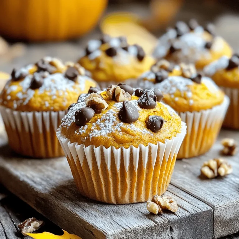 To make tasty pumpkin spice muffins, you need key ingredients. Here’s what you need: - 1 cup canned pumpkin puree - 1/2 cup vegetable oil - 1/2 cup brown sugar, packed - 1/2 cup granulated sugar Canned pumpkin puree gives the muffins their rich flavor and moist texture. Vegetable oil keeps them soft and fluffy. Brown sugar adds depth, while granulated sugar sweetens each bite. You can make your muffins even better with optional add-ins. I love using: - 1/2 cup chopped walnuts or pecans - 1/2 cup chocolate chips Chopped nuts add crunch and flavor. Chocolate chips bring sweetness and a touch of fun. You can choose one or both to customize your muffins. You also need baking essentials for your muffins. Here’s the list: - 1 1/2 cups all-purpose flour - 1 teaspoon baking soda - 1 teaspoon ground cinnamon - 1/2 teaspoon ground nutmeg - 1/2 teaspoon ground ginger - 1/2 teaspoon salt All-purpose flour gives structure to the muffins. Baking soda makes them rise nice and high. The spices—cinnamon, nutmeg, and ginger—bring warmth and that classic pumpkin spice flavor. Salt enhances all the tastes in your muffins. Start by preheating your oven to 350°F (175°C). This step is key for even baking. While the oven heats up, grab a muffin tin. Line it with paper liners or grease it with cooking spray. This helps the muffins release easily after baking. In a large bowl, add 1 cup of canned pumpkin puree, 1/2 cup of vegetable oil, 1/2 cup of brown sugar, 1/2 cup of granulated sugar, 2 large eggs, and 1 teaspoon of vanilla extract. Whisk these ingredients together until they blend well. In another bowl, mix 1 1/2 cups of all-purpose flour, 1 teaspoon of baking soda, 1 teaspoon of ground cinnamon, 1/2 teaspoon of ground nutmeg, 1/2 teaspoon of ground ginger, and 1/2 teaspoon of salt. Gradually add this dry mix to the pumpkin mixture. Stir gently until just combined. Be careful! Overmixing can make your muffins tough. Scoop the batter into your prepared muffin tin. Fill each cup about 2/3 full. This allows room for the muffins to rise while baking. Place the tin in the oven and bake for 18 to 20 minutes. To check for doneness, insert a toothpick in the center of a muffin. If it comes out clean, they are ready. Once baked, remove the muffins from the oven. Let them cool in the tin for about 5 minutes. After that, transfer them to a wire rack to cool completely. Enjoy the warm, fluffy goodness! Mixing is key. It is vital to not overmix your batter. When you see dry flour, stop. Overmixing makes muffins dense. You want them light and fluffy. Gently fold the wet and dry ingredients together. This keeps air in the batter, helping your muffins rise. The right mix of wet and dry is crucial. Use one cup of pumpkin puree. It adds moisture and flavor. Combine it with half a cup of vegetable oil. This helps the muffins stay soft. The sugars also play a role. Brown sugar adds depth, while granulated sugar gives sweetness. Balance these ingredients for a perfect bite. Serving matters just as much as taste. Warm muffins are best. A light dusting of powdered sugar looks lovely. You can also make a simple glaze. Mix powdered sugar with a splash of milk. Drizzle this over the muffins. For a cozy touch, arrange them on a wooden board. This makes for a great fall vibe. {{image_2}} To make gluten-free pumpkin spice muffins, swap the all-purpose flour with gluten-free flour blends. Look for blends that contain a mix of rice flour, tapioca starch, and potato starch. Use a binding agent like xanthan gum to help hold the muffins together. Start with about 1 teaspoon of xanthan gum per cup of gluten-free flour. This will give your muffins a nice, fluffy texture. You can easily make vegan pumpkin spice muffins by replacing eggs and dairy. Use 1/4 cup of unsweetened applesauce or 1/4 cup of ground flaxseed mixed with water for each egg. For the milk, swap regular milk with almond, soy, or oat milk. Choose plant-based oil if you prefer. This will keep the muffins moist and flavorful. Feel free to add different spices or mix-ins to your muffins for a unique twist. Try adding a pinch of allspice or cloves for extra warmth. You can also fold in dried cranberries, raisins, or shredded coconut. For a chocolate twist, use dark chocolate chunks instead of chocolate chips. Each variation will add a new layer of flavor to your pumpkin spice muffins! Muffins can stay fresh if you store them right. For short-term storage, keep your muffins in an airtight container at room temperature. They stay good for about three days. If you want to keep them longer, go for long-term storage. Wrap them tightly in plastic wrap and place them in the fridge. This way, they can last up to a week. Freezing is a great way to save muffins. To store for maximum freshness, let the muffins cool completely. Then wrap each muffin in plastic wrap. Put them in a freezer bag and squeeze out the air. Label the bag with the date. These muffins can stay frozen for up to three months. When you're ready to eat, just pull one out and let it thaw. Reheating muffins brings back their cozy taste. You can warm them in the microwave for 15-20 seconds. For a crispier texture, place them in the oven at 350°F for about 5-10 minutes. Enjoy your muffins warm for the best experience. You can make pumpkin spice muffins healthier by reducing sugar or fat. Try using less sugar, like 1/4 cup of each type instead of 1/2 cup. You can also swap some of the oil for unsweetened applesauce. This keeps moisture but cuts fat. Another option is to use whole wheat flour. This adds fiber and nutrients. Yes, you can use fresh pumpkin! Start by roasting a small pumpkin. Cut it in half, remove seeds, and place it cut-side down on a baking sheet. Bake at 350°F for 45 minutes or until soft. Once cool, scoop out the flesh and puree it in a blender. Use this fresh puree in place of canned pumpkin. Common mistakes include overmixing the batter. This can make muffins tough. Mix just until you see no dry flour. Another mistake is not checking the oven temperature. Use an oven thermometer to ensure it’s accurate. Also, fill muffin cups too full. Aim for 2/3 full to allow room to rise. You learned how to make delicious pumpkin spice muffins. We covered ingredients like pumpkin puree, flour, and baking soda. I shared tips for mixing and baking to ensure your muffins turn out perfect. Try adding nuts or chocolate for extra flavor. Remember: store them well to keep them fresh. Whether gluten-free or vegan, you can adapt the recipe to fit your needs. Enjoy your baking journey and share your tasty muffins with friends!