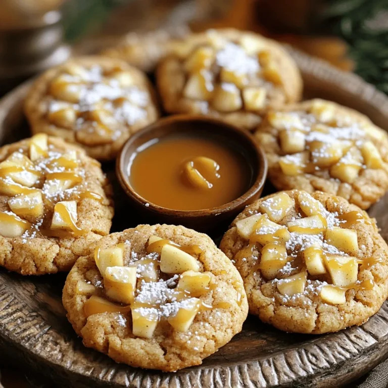 - 1 cup unsalted butter, softened - 1 cup brown sugar, packed - 1/2 cup granulated sugar - 1 large egg - 1 teaspoon vanilla extract - 2 cups all-purpose flour - 1 teaspoon baking soda - 1 teaspoon ground cinnamon - 1/2 teaspoon salt - 1 1/2 cups peeled and diced apples - 1/2 cup caramel sauce - 1/2 cup walnuts or pecans, chopped (optional) - 1/4 cup powdered sugar (for dusting) I love using fresh, diced apples in these cookies. They add a nice crunch and natural sweetness. I often choose Granny Smith or Honeycrisp apples. Both give a great balance of tartness and sweetness. The caramel sauce brings a rich flavor. You can use store-bought or homemade. If you're in a hurry, store-bought works well. However, if you have time, homemade caramel is a treat! The nuts are optional, but I recommend adding them. Walnuts or pecans give a nice texture. They also add a nutty flavor that pairs well with apples and caramel. For the best results, use room temperature butter. It mixes well with sugars and helps the cookies become light and fluffy. Finally, don’t forget the powdered sugar! A light dusting makes these cookies look lovely. It’s the finishing touch that says, “Enjoy me!” These ingredients come together to create a cookie that is easy to make and hard to resist. Each bite is a perfect mix of flavors. - Preheat oven to 350°F (175°C). - Line two baking sheets with parchment paper. - In a large bowl, cream together softened butter, brown sugar, and granulated sugar. - Beat in one large egg and one teaspoon of vanilla extract until smooth. - In a separate bowl, whisk together two cups of all-purpose flour, one teaspoon of baking soda, one teaspoon of ground cinnamon, and half a teaspoon of salt. - Gradually mix the dry ingredients into the wet mixture until just combined. - Fold in one and a half cups of peeled and diced apples and half a cup of caramel sauce. - If desired, add half a cup of chopped walnuts or pecans for extra crunch. - Using a cookie scoop, drop rounded balls of dough onto the prepared baking sheets. - Bake for 10-12 minutes or until the edges are lightly golden. - Let the cookies cool on the baking sheets for five minutes. - Transfer them to a wire rack to cool completely. - Once cooled, drizzle with extra caramel sauce and dust with powdered sugar for a sweet finish. To get soft and chewy cookies, follow these tips: - Use room-temperature butter for easy mixing. - Don’t overmix the dough; stop when ingredients are just combined. - Let the dough chill for 30 minutes before baking. This helps the cookies hold their shape. - For the best results, use dark metal baking sheets. They heat evenly and give nice color. You can use homemade or store-bought caramel sauce. - For homemade, melt brown sugar, butter, and cream over low heat. Stir until smooth. - If using store-bought, choose a thick sauce for easy drizzling. To drizzle without a mess: - Use a squeeze bottle or a spoon. - Drizzle over cookies while they are still warm. This helps the caramel spread. Change up the flavor of your cookies easily: - Add spices like nutmeg or ginger for a warm twist. - Try different apple types for unique tastes. Granny Smith adds tartness, while Honeycrisp gives sweetness. Experimenting with flavors makes baking fun and personal! {{image_2}} To make nut-free caramel apple cookies, simply skip the walnuts or pecans. This keeps the cookies safe for those with nut allergies. You can also use coconut oil instead of butter for a dairy-free option. For an egg-free version, use flaxseed meal mixed with water. This will keep the cookies moist and chewy. You can add oats for a hearty texture. Try mixing in a cup of rolled oats to the dough. Chocolate chips are another great addition. Use semi-sweet or dark chocolate chips for a rich flavor. Dried fruits, like cranberries or raisins, can add a fun twist. Different nuts, like almonds or macadamia nuts, also work well and add crunch. For fall, sprinkle in nutmeg or allspice for a warm flavor. In winter, try adding peppermint extract for a festive touch. For spring, consider using lemon zest for a fresh twist. You can also decorate cookies with colored icing for holidays. These little changes can make your cookies shine in every season. Store your caramel apple cinnamon cookies at room temperature. Use an airtight container to keep them fresh. Place parchment paper between layers to avoid sticking. If you want to save cookies for later, freezing is a great option. Wrap each cookie in plastic wrap, then place them in a freezer bag. This will help keep them soft and tasty for up to three months. To rewarm your cookies, preheat the oven to 350°F (175°C). Place cookies on a baking sheet for about 5 minutes. This method keeps them soft and warm. If you want to keep cookies soft after reheating, cover them with a damp paper towel while microwaving. A few seconds in the microwave will also do the trick. At room temperature, these cookies last about 4-5 days in an airtight container. In the fridge, they can stay fresh for a week. If frozen, they can last for up to three months. Signs that your cookies are no longer fresh include a dry texture or a hard bite. Always check for any odd smells too. Yes, you can use different apple types. Granny Smith apples give a nice tart taste. Honeycrisp apples are sweet and crunchy. Both work well in these cookies. You could also try Fuji or Gala apples for a sweeter option. Just make sure to peel and dice them small. This helps them blend into the cookie dough. You can easily make these cookies gluten-free. Substitute the all-purpose flour with a gluten-free blend. Look for a mix that includes xanthan gum. This helps with texture. You can also use almond flour for a nutty flavor. Just remember, each gluten-free flour can change the cookie's texture. So, experiment a bit to find what you like best. To keep your cookies fresh, store them in an airtight container. Place a piece of bread inside. This keeps the cookies soft. If you want to save them longer, freeze them. Wrap each cookie in plastic wrap. Then, put them in a freezer bag. They can last up to three months in the freezer. Yes, you can prepare the cookie dough ahead of time. After mixing the dough, scoop it into balls. Place the balls on a baking sheet. Freeze them for about two hours. Once frozen, transfer the balls to a bag. When you want fresh cookies, bake them straight from the freezer. Just add a minute or two to the baking time. This blog post covered all the steps to make caramel apple cookies. We went through the ingredients, mixing methods, baking tips, and storage options. I hope you feel ready to bake your own batch. Remember, you can adjust the recipe to fit your tastes and needs. Enjoy experimenting with flavors and textures. Each bite of these cookies will remind you of cozy fall days. Happy baking!