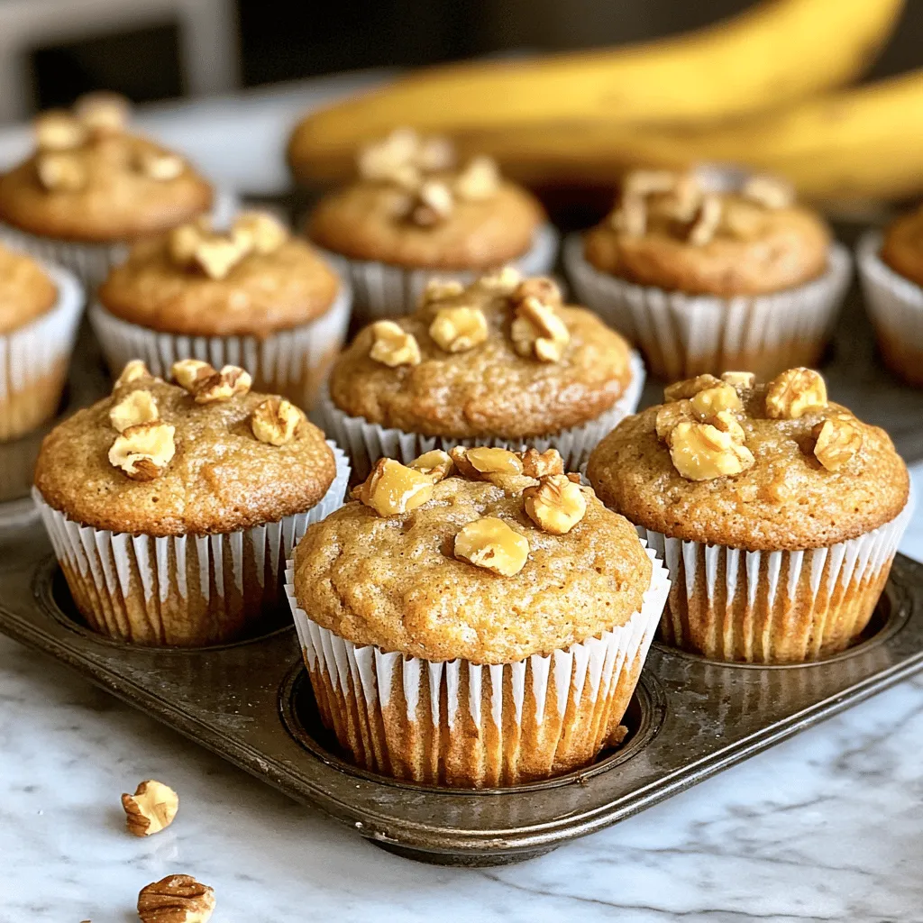 To make these brown butter banana muffins, gather the following items: - 2 ripe bananas, mashed - 1/2 cup unsalted butter, browned - 1/2 cup brown sugar - 1/4 cup granulated sugar - 2 large eggs - 1 teaspoon vanilla extract - 1 teaspoon baking soda - 1/2 teaspoon salt - 1 1/2 cups all-purpose flour You can make these muffins even better with some add-ins. Consider adding: - 1/2 cup chopped walnuts - 1/2 teaspoon ground cinnamon Each muffin has about: - Calories: 180 - Protein: 3g - Fat: 7g - Carbohydrates: 27g - Fiber: 1g - Sugar: 10g These muffins are a tasty treat, but they are best in moderation. Enjoy! Start by setting your oven to 350°F (175°C). This helps your muffins rise well. Next, grab a muffin tin. You can line it with paper liners or spray it with non-stick spray. This step keeps the muffins from sticking. Take 1/2 cup of unsalted butter and place it in a small saucepan. Melt it over medium heat. Keep an eye on it as it melts. Swirl the pan gently. After about 5-7 minutes, the butter will turn a golden brown. It should smell nutty and delicious. Remove it from heat and let it cool for a bit. In a large bowl, mash 2 ripe bananas. Add the browned butter, 1/2 cup brown sugar, and 1/4 cup granulated sugar. Mix them together well. You want a smooth mixture. Then, add 2 large eggs, one at a time. Mix after each addition. Finally, stir in 1 teaspoon of vanilla extract for extra flavor. In another bowl, whisk together 1 1/2 cups all-purpose flour, 1 teaspoon baking soda, and 1/2 teaspoon salt. If you want, add 1/2 teaspoon of ground cinnamon for warmth. This mix will help your muffins rise and taste great. Now, slowly add the dry mix to the wet mix. Stir gently until everything is just combined. Don’t overmix; it’s okay if there are a few lumps. If you like nuts, fold in 1/2 cup of chopped walnuts at this stage. Spoon the batter into the muffin tin, filling each cup about 2/3 full. This gives them room to rise. Place the tin in your preheated oven. Bake for 18-20 minutes. To check if they’re done, insert a toothpick in the center of a muffin. If it comes out clean, they’re ready. To brown butter, first, melt it in a small pan over medium heat. Watch closely as it melts. Stir the butter often to avoid burning. After about five to seven minutes, it will turn golden brown and smell nutty. Once it reaches this stage, remove it from heat. Let it cool slightly before adding it to the other ingredients. This step gives the muffins a rich flavor. To ensure your muffins are fluffy, do not overmix the batter. Mix the wet and dry ingredients until just combined. A few lumps are okay. Overmixing can make muffins dense and tough. Fill each muffin cup about two-thirds full to allow room for rising. For even baking, rotate the muffin tin halfway through. If your muffins sink in the middle, it may mean they were underbaked. Always test with a toothpick. If it comes out clean, they are done. If they are dry, you may have overbaked them. Keep an eye on the time. For a dense muffin, check your mixing technique. Remember, gentle mixing is key! If you want a lighter texture, add a bit more baking soda. {{image_2}} You can easily add chocolate chips to your muffins. Just fold in 1 cup of semi-sweet or dark chocolate chips. The chocolate adds a sweet twist to the banana flavor. I love using mini chips for a nice spread. They melt slightly and mix well. If you have dietary needs, you can swap some ingredients. Use gluten-free flour instead of all-purpose flour. For a dairy-free option, try coconut oil or vegan butter. You can also replace eggs with flax eggs. Mix 1 tablespoon of ground flaxseed with 2.5 tablespoons of water for each egg. This keeps your muffins moist and fluffy. To boost the flavor, try adding spices or zest. Ground cinnamon is a great choice. It pairs well with bananas. A teaspoon of nutmeg can add warmth. If you like citrus, add lemon or orange zest. Just a teaspoon will brighten the flavor. These small changes make your muffins unique and fun! Store your brown butter banana muffins in an airtight container. This keeps them fresh. Place parchment paper between layers to avoid sticking. Keep them at room temperature for up to 3 days. If you want to store them longer, the fridge works too. Just remember, cold muffins can lose their soft texture. Freezing is a great way to keep muffins longer. Wrap each muffin in plastic wrap. Then, place them in a freezer bag. You can freeze them for up to 3 months. When you’re ready to eat, just take out how many you need. Let them thaw at room temperature or pop them in the microwave for a quick warm-up. To reheat, use the oven for best results. Preheat your oven to 350°F (175°C). Place the muffins on a baking sheet for about 5-10 minutes. You can also use the microwave. Heat each muffin for about 15-20 seconds. This will bring back their softness and warmth, making them taste almost fresh out of the oven. Yes, you can use frozen bananas. Just thaw them first. Drain any extra liquid before mashing. This helps keep your muffins moist and sweet. Check your muffins with a toothpick. Insert it into the center of a muffin. If it comes out clean, they are done. The tops will also look golden brown and slightly firm. You can use white sugar instead of brown sugar. The muffins will taste less rich. Brown sugar gives a deeper flavor and moisture. If you want the best taste, stick with brown sugar. You can use any nuts you like. Pecans, almonds, or hazelnuts work well. Chop them into small pieces before adding. This will give your muffins a nice crunch. You now have all the steps to make perfect muffins. You learned about key ingredients, tips for success, and ways to store them. Remember to try different flavors and add-ins for variety. If you follow the advice and instructions, you’ll bake delicious muffins. Homemade treats can be fun and rewarding. Enjoy your baking journey and share your muffins with friends!