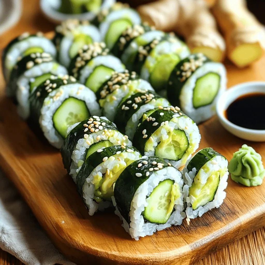 To make these tasty sushi rolls, you need a few key items: - 1 cup sushi rice - 1½ cups water - 2 tablespoons rice vinegar - 1 teaspoon sugar - 1 ripe avocado, sliced - 1 cucumber, thinly sliced into strips - 4 sheets of nori (seaweed) - Soy sauce, for dipping - Sesame seeds, for garnish These ingredients come together to create a fresh and simple dish. The avocado adds creaminess, while the cucumber offers a nice crunch. You can enhance your sushi rolls with some optional ingredients: - Pickled ginger, for a zesty kick - Wasabi, for heat These extras can elevate your meal and add more flavors. You can adjust based on your taste. Having the right tools makes sushi-making easier. Here’s what I recommend: - A bamboo sushi mat for rolling - A sharp knife for slicing - A bowl of water to keep hands wet These tools help you create perfect rolls that look and taste great! Start by rinsing the sushi rice. Place it in a bowl and run cold water over it. Swirl the rice with your hands until the water turns cloudy. Drain the water and repeat until it runs clear. This step removes extra starch. Next, combine the rinsed rice and 1½ cups of water in a saucepan. Turn the heat to medium and bring it to a boil. Once it boils, lower the heat to low, cover, and let it simmer for 15 minutes. When done, turn off the heat. Let it sit for a few minutes to finish cooking. While the rice cooks, you can make sushi vinegar. In a small bowl, mix 2 tablespoons of rice vinegar, 1 teaspoon of sugar, and a pinch of salt. Stir until the sugar dissolves. This vinegar adds flavor to your rice. After the rice has cooled slightly, add the sushi vinegar to it. Use a spatula to fold the vinegar in gently. Be careful not to smash the rice. You want fluffy rice, not mushy rice. Let it cool to room temperature. Grab a bamboo sushi mat and place it on a clean surface. Lay a sheet of nori, shiny side down, on the mat. With wet hands, spread a thin layer of sushi rice over the nori. Leave about an inch at the top edge. Press gently to make the rice stick. Now, add a few slices of avocado and cucumber along the lower edge of the rice. These fresh ingredients give great flavor. Starting from the edge with the filling, roll the nori away from you. Use the mat to help shape a tight roll. Seal the edge with a little water. Repeat this process with the remaining nori, rice, avocado, and cucumber. Once you have all your rolls, slice them into bite-sized pieces with a sharp knife. For a nice touch, sprinkle sesame seeds over the cut rolls before serving. Enjoy your fresh and tasty sushi! To make great sushi rolls, you need perfect sushi rice. Start by rinsing the rice well. Rinse it until the water runs clear. This removes excess starch. When you cook, use a 1:1.5 ratio of rice to water. After cooking, let it rest for 10 minutes. This helps the rice firm up. Always cool the rice to room temperature. This step is key for good texture. A bamboo sushi mat is your best friend. Place the nori on the mat, shiny side down. Keep your hands wet while spreading rice. This helps the rice not stick. Spread the rice evenly, leaving an inch at the top. When rolling, press firmly but gently. This keeps the roll tight and prevents spills. Don’t rush this step; a tight roll is crucial for good sushi. Avoid common errors to get the best sushi. First, don’t overcook the rice. Overcooked rice becomes mushy and hard to roll. Second, don’t use too much filling. This makes it hard to roll. Stick to a few slices of avocado and cucumber. Lastly, don’t forget to seal the roll. Use a bit of water on the edge of the nori. This keeps your roll from falling apart. {{image_2}} You can easily change the taste of your Minute Avocado Cucumber Sushi Rolls. Try using different ingredients like bell peppers, carrots, or radishes. These crunchy veggies add great texture and flavor. You can also swap avocado for ripe mango or cream cheese for a creamy twist. If you want something spicy, add thin slices of jalapeño. Experimenting with flavors keeps your sushi fun and fresh! If you want more protein, adding shrimp or crab is a great idea. Cooked shrimp works well. Just slice it thin and place it in the roll with the veggies. For crab, use real crab meat or imitation crab sticks. Both options enhance the sushi's taste and make it more filling. You can also try cooked chicken or tofu for a different twist. Making your sushi vegetarian or vegan is simple. Just skip the seafood and stick to veggies. You can add more greens like spinach or sprouts for extra nutrients. Consider using marinated tofu or tempeh for protein. These options are not only tasty but also healthy. Enjoy your sushi knowing it fits your dietary needs! After you make your Minute Avocado Cucumber Sushi Rolls, you may have leftovers. Store them in an airtight container. This keeps them fresh and tasty. Place a damp paper towel inside the container. This prevents the sushi from drying out. Ideally, eat the leftover sushi within 24 hours for the best taste. Freezing sushi can be tricky. I do not recommend freezing these rolls. The rice becomes mushy when thawed. Fresh sushi tastes best. If you must freeze, wrap each roll tightly in plastic wrap. Then, place them in a freezer bag. Use them within a month to avoid freezer burn. If you have leftover sushi rolls, eat them cold. Sushi tastes great when fresh. If you want to warm them up, use a microwave. Place the sushi on a plate and cover it with a damp paper towel. Heat for about 10 seconds. This warms it slightly without cooking it. Enjoy with soy sauce, pickled ginger, and wasabi for added flavor. To slice sushi rolls, use a sharp knife. Wet the knife to prevent sticking. Cut each roll into bite-sized pieces. Aim for six to eight pieces per roll. This helps keep the filling inside. A gentle sawing motion works best. Press down lightly to avoid squishing the roll. This keeps your sushi looking great. Yes, you can make sushi rolls without rice. Use thin vegetables or other fillings as a base. You can try cucumber slices or lettuce leaves. This creates a fresh, light option. Fill it with avocado, crab, or tofu. The flavors will still shine through. Some people call these "sushi-less" rolls. They are fun and healthy. Homemade sushi lasts about one day in the fridge. Store it in an airtight container. Make sure to eat it within 24 hours for best taste. After that, the rice may dry out. The ingredients may lose their freshness too. Always check for any off smells before consuming. Keeping it fresh is key for great flavor. Making Minute Avocado Cucumber Sushi Rolls is easy and fun. We discussed key ingredients, tools, and step-by-step instructions. You learned how to perfect the sushi rice and avoid common mistakes. You can also customize your rolls with different proteins or flavors. Store leftovers properly to enjoy them later. Sushi is a great dish for all. With practice, you will create rolls that impress everyone. Now, it’s time to roll up your sleeves and start making sushi!