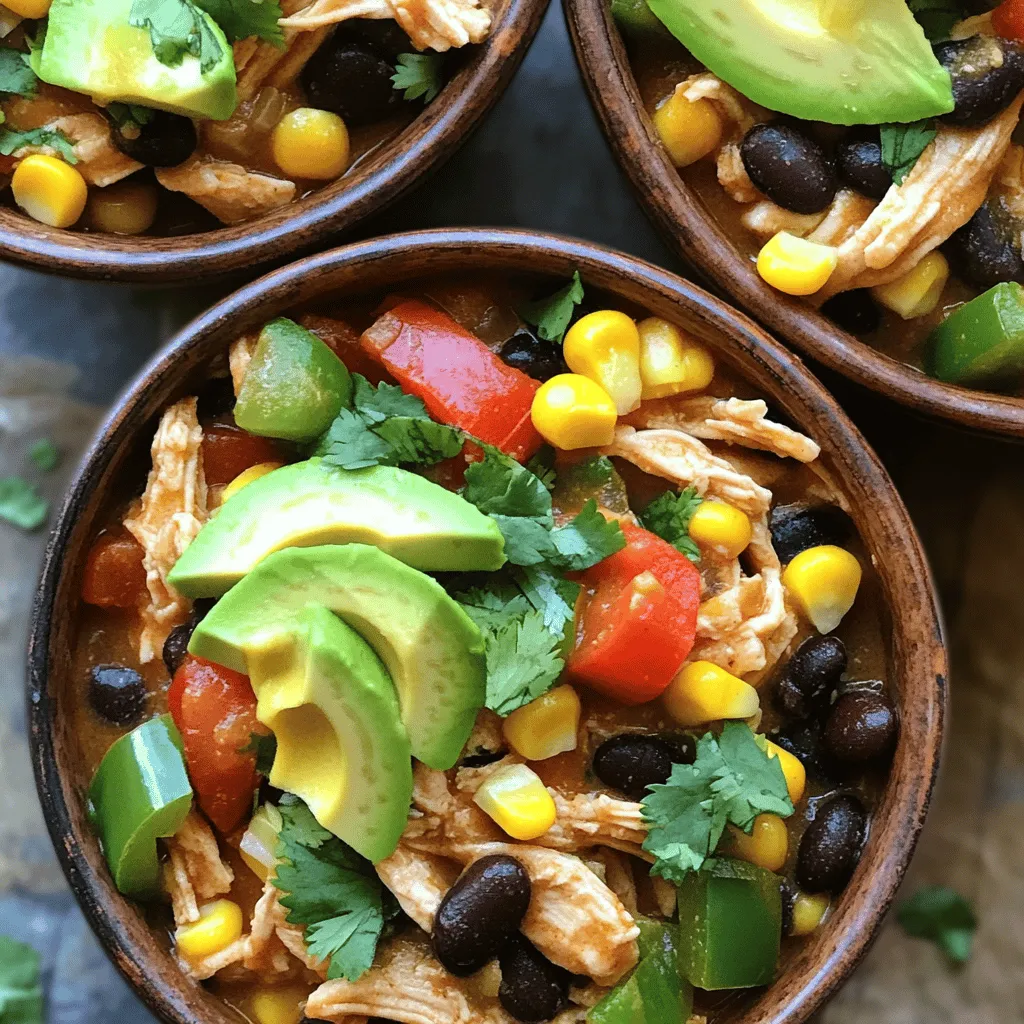 - 2 pounds boneless, skinless chicken breasts - 1 can (15 oz) black beans, rinsed and drained - 1 can (15 oz) corn, drained - 1 can (12 oz) diced tomatoes with green chilies - 1 bell pepper (red or yellow), chopped - 1 onion, diced - 2 cloves garlic, minced - Chili powder, cumin, paprika, salt, and pepper - 1 cup chicken broth - Fresh cilantro, chopped (for garnish) - Avocado slices (for serving) The main ingredients set the stage for a great meal. The chicken gives us protein, while black beans add fiber. Corn brings a sweet crunch, and diced tomatoes add zest. It all combines to create a fiesta of flavors. In the vegetable and seasoning section, we have fresh bell pepper, onion, and garlic. They add depth and aroma. Chili powder, cumin, and paprika bring heat and warmth. You can adjust these spices to match your taste. Salt and pepper enhance every bite. The broth keeps everything moist and tasty. Fresh cilantro gives a bright finish, while avocado slices add creaminess. These garnishes make the dish feel special and fresh. With these ingredients, you can create a dish that is not only quick but also full of flavor. Each part plays a role in making your Fiesta Chicken a hit at dinner. - Place chicken in the crockpot. - Season the chicken with salt and pepper. To start, lay the two pounds of boneless, skinless chicken breasts at the bottom of your crockpot. This provides a nice base for all the flavors to build upon. Next, sprinkle salt and pepper over the chicken. This simple step enhances the chicken's natural taste and prepares it for the next layers of flavor. - Mix vegetables and spices in a bowl. - Pour mixture over chicken in the crockpot. Now, grab a medium bowl. In it, combine the black beans, drained corn, diced tomatoes with green chilies, chopped bell pepper, diced onion, and minced garlic. Stir these together well. Add chili powder, cumin, and paprika into the mix. These spices bring warmth and depth to the dish. Once mixed, pour this colorful vegetable blend over the chicken in the crockpot. - Add chicken broth. - Settings for low and high cooking times. - Shredding chicken after cooking. Next, pour in one cup of chicken broth. This adds moisture and helps the chicken cook evenly. Cover the crockpot. Set it to cook on low for 6-8 hours or on high for 3-4 hours. Cooking it low and slow results in tender chicken that pulls apart easily. After cooking, use two forks to shred the chicken right in the crockpot. Mix everything together to let the flavors mingle. Taste and adjust the seasoning if needed. Enjoy your delicious Crockpot Fiesta Chicken! To make your Crockpot Fiesta Chicken pop, use the right spices. Here are my favorites: - Chili powder: 1 tablespoon - Cumin: 1 teaspoon - Paprika: 1 teaspoon - Salt and pepper: to taste Adjust these spices to suit your taste. If you like more heat, add more chili powder. If you want it milder, reduce the spices. Always taste as you go. Checking for doneness is key. After cooking, the chicken should shred easily with forks. If it’s hard to shred, it needs more time. For shredding, use two forks. Grab a piece of chicken with one fork. Pull it apart with the other fork. This keeps the chicken tender and juicy. When serving, make it look great! Use bowls to hold the chicken. Top with fresh cilantro and avocado slices for a colorful touch. Pair it with tortilla chips for a crunchy bite or serve it over rice for a filling meal. Enjoy customizing your plate! {{image_2}} You can make this dish meat-free by using tofu or jackfruit. Tofu works well if you press it first, then cube it. Jackfruit gives a great texture that mimics pulled chicken. Just replace the chicken with either option and follow the cooking steps as normal. To spice things up, add jalapeños for heat. This will give your dish a nice kick. You can also try adding different beans or veggies. Black beans are great, but pinto beans or kidney beans can add a new taste. For veggies, consider corn, zucchini, or even spinach. If you need to adjust serving sizes, scaling the recipe is easy. For smaller servings, use one pound of chicken and half the other ingredients. For larger groups, double everything. Cooking times will also change slightly. Cook on low for 5-7 hours for smaller amounts, or 8-10 hours for larger amounts. To keep your Crockpot Fiesta Chicken fresh, use airtight containers. Glass or plastic containers work well. Allow the dish to cool before sealing it. Store leftovers in the fridge. Make sure to eat them within three to four days for the best taste. If you want to save some for later, freezing is a great option. Use freezer-safe bags or containers. Remove as much air as possible to prevent freezer burn. You can freeze it for up to three months. To reheat, thaw it overnight in the fridge. Then, heat it on low in the crockpot or a pot on the stove. In the fridge, your Fiesta Chicken lasts about three to four days. If you freeze it, the dish keeps well for about three months. Always check for any off smells or changes in color before eating. Proper storage helps keep your meal safe and tasty! Yes, you can use frozen chicken. Just remember, it will take longer to cook. Set your crockpot on high for about 4-5 hours. If you use low, it may take 8-9 hours. Always ensure the chicken is fully cooked to at least 165°F. If you can, check the chicken halfway through cooking. This helps you see how it's doing. You can add many tasty things! Here are some ideas: - Black olives for a salty bite - Jalapeños for heat - Zucchini or corn for extra veggies - Cheese for creaminess - Lime juice for a fresh twist Feel free to get creative. Mix in whatever you have on hand! To check if the chicken is done, look for a few key signs. First, the chicken should shred easily with two forks. This means it is tender and cooked through. Second, check the color; it should no longer be pink. The internal temperature should reach 165°F. If you have a meat thermometer, use it for the best accuracy. This blog post shared an easy, tasty slow cooker chicken recipe. You learned about the key ingredients, like black beans and spices, and how to prepare them. I offered tips to boost flavor and suggested vegetarian options, too. Remember, cooking is fun! Experiment with flavors to make it yours. Enjoy your cooking and share it with family and friends. Your next meal can be simple yet delicious!