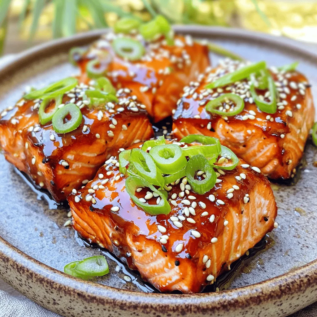 To make Air Fryer Teriyaki Salmon Bites, you'll need fresh and flavorful ingredients. Here’s the list: - Salmon fillet - Teriyaki sauce - Honey - Sesame oil - Garlic - Fresh ginger - Green onions - Sesame seeds Each item plays a key role in creating a delicious meal. The salmon fillet serves as the main protein, while teriyaki sauce adds a rich, savory flavor. Honey gives a sweet touch, helping to balance the saltiness of the sauce. Next, sesame oil brings a nutty taste, and garlic adds depth. Fresh ginger contributes a bit of spice and warmth. Green onions not only add a pop of color but also a fresh crunch when you garnish. Lastly, sesame seeds enhance the dish with their nutty crunch. Using quality ingredients will elevate your dish. Fresh salmon will yield a tender bite, while the right teriyaki sauce will give that authentic flavor. Enjoy the mix of tastes and textures in each bite! First, gather your ingredients for the marinade. You will need: - 1/4 cup teriyaki sauce - 1 tablespoon honey - 1 teaspoon sesame oil - 2 cloves garlic, minced - 1 teaspoon fresh ginger, grated In a mixing bowl, combine the teriyaki sauce, honey, sesame oil, minced garlic, and grated ginger. Whisk these together until well mixed. This step is key for flavor. The honey adds sweetness, while garlic and ginger give a nice kick. Now, let’s marinate the salmon. Cut 1 lb of salmon fillet into bite-sized pieces. Add these pieces to the marinade and gently toss them. Make sure every bite is coated evenly. Let the salmon marinate for about 15-20 minutes. This time allows the salmon to soak up all the great flavors. If you have more time, marinating longer can deepen the taste. While the salmon marinates, preheat your air fryer to 400°F (200°C). This usually takes about 5 minutes. Once heated, lightly spray the air fryer basket with cooking spray. This helps prevent sticking. Place the marinated salmon bites in a single layer in the basket. Make sure they are not crowded. Cook the salmon bites for 8-10 minutes. Flip them halfway through to ensure even cooking. They should turn golden and glossy when done. After cooking, carefully remove the salmon from the air fryer. Transfer them to a plate and get ready to enjoy! To get a crispy outside, make sure to preheat your air fryer. This step helps create a nice sear on the salmon. Place the salmon bites in a single layer in the basket. Avoid overcrowding, as this can lead to steaming instead of crisping. Flip the bites halfway through cooking for an even texture. Overcooking can dry out your salmon. Keep an eye on the time and check for doneness at the 8-minute mark. The salmon should be opaque and flake easily with a fork. Adjust the sweetness by adding more honey or teriyaki sauce. If you like a savory kick, add some soy sauce or chili flakes. For a fresh taste, try mixing in a bit of lime juice or even citrus zest. You can also experiment with ingredients. Swap the sesame oil for olive oil or use different sauces like hoisin or miso. Just remember to adjust the amount based on the strength of the flavors. For a great presentation, plate the salmon bites neatly. Drizzle some extra teriyaki sauce on top or around the plate. Garnish with green onions and sesame seeds for extra flair. Pair these bites with steamed rice or a fresh salad. Roasted vegetables or quinoa also make excellent sides. This balance brings out the flavors of the teriyaki salmon. Enjoy your meal! {{image_2}} You can switch up the teriyaki sauce for fun flavors. Try a spicy teriyaki sauce for a kick. You could also use a sweet and sour sauce for a tangy twist. If you want something milder, try a miso sauce. Each option gives a unique taste to your salmon bites. You can use other types of fish, like cod or tilapia. These will soak up the marinade well. For a different texture, use shrimp instead of salmon. Shrimp cooks fast and tastes great with teriyaki. If you're looking for a plant-based option, try tofu. Firm tofu absorbs flavors nicely and offers a good bite. If you need gluten-free options, use tamari instead of regular soy sauce. This will keep the flavor while fitting your diet. For a low-sodium choice, look for low-sodium teriyaki sauce. You can also reduce the amount of sauce used for a lighter dish. These changes help keep the meal healthy without losing taste. To store your leftover teriyaki salmon bites, place them in an airtight container. This keeps them fresh and prevents any odors from mixing. You can keep them in the fridge for up to three days. Before you eat them again, check for any off smells or changes in texture. If it looks or smells bad, it's best to toss it. To freeze your salmon bites, let them cool completely first. Arrange them in a single layer on a baking sheet and freeze for about one hour. Once frozen, transfer them to a freezer-safe bag. Squeeze out as much air as you can to avoid freezer burn. They can last in the freezer for up to three months. When you're ready to enjoy them again, reheating is key. You can air fry them again at 400°F for about 5-6 minutes. This will help keep them crispy and delicious. Enjoy your meal without losing any flavor! I recommend marinating the salmon for 15-20 minutes. This short time allows the fish to soak up the teriyaki sauce, honey, garlic, and ginger. You can also marinate it longer, up to 30 minutes, for a richer flavor. Just be careful not to let it sit too long, as the fish may become too soft. Yes, you can use frozen salmon fillets. However, it's best to thaw them first. Thaw the salmon in the fridge overnight or place it in cold water for about an hour. Once thawed, pat the fish dry with paper towels. This helps the marinade stick better and ensures even cooking. You have many tasty options for sides. Here are some ideas: - Steamed rice: It soaks up the teriyaki sauce well. - Quinoa: A healthy alternative with a nutty flavor. - Stir-fried vegetables: Broccoli, bell peppers, and snap peas work great. - Salad: A simple green salad adds freshness and crunch. Feel free to mix and match these sides to create a meal you’ll love! Cooking air fryer teriyaki salmon bites is simple and fun. You learned the must-have ingredients, such as salmon, teriyaki sauce, and garlic. I shared steps for preparing the marinade, marinating the salmon, and cooking it in the air fryer. With tips on achieving perfect texture and flavor, you can impress your friends. Remember, you can adjust the recipe and storage options to fit your needs. Enjoy this tasty dish and get creative with your variations!