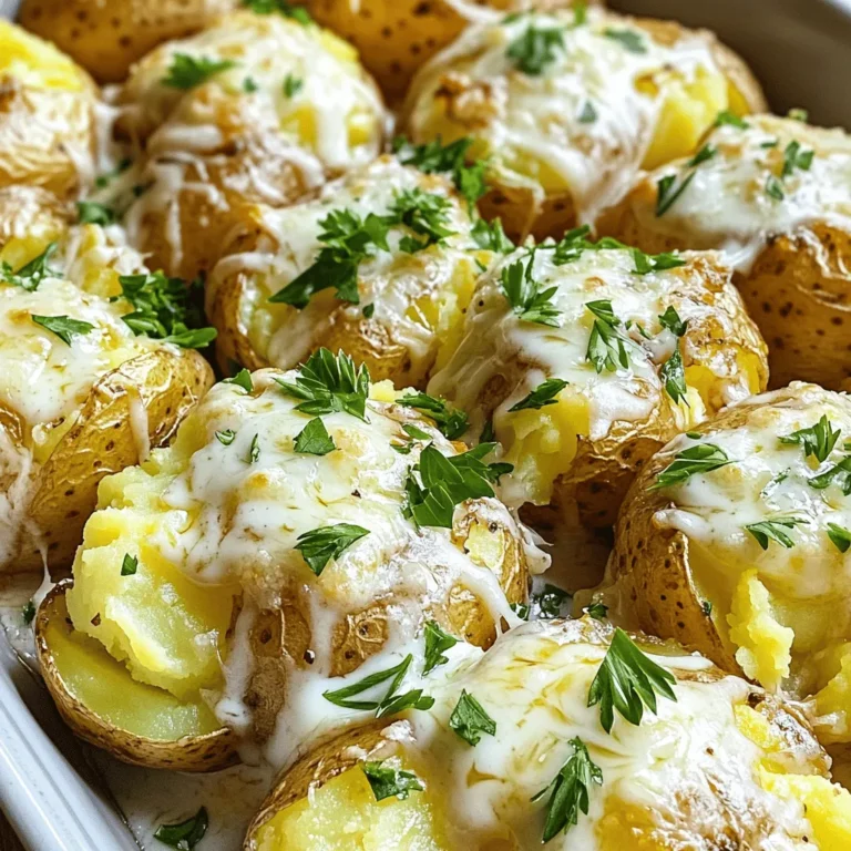 - 2 pounds baby gold potatoes - 4 cloves garlic, minced - ½ cup grated Parmesan cheese - ¼ cup unsalted butter, melted - ¼ cup heavy cream - 2 tablespoons fresh parsley, chopped - Salt and pepper to taste - Olive oil (for drizzling) When measuring the baby gold potatoes, use a kitchen scale for accuracy. This ensures you have enough potatoes for everyone. The garlic should be minced finely for a strong flavor. Keep the butter unsalted to control the salt level in this dish. The heavy cream adds richness, so measure it carefully. You can adjust the Parmesan cheese to your taste. If you want a stronger cheese flavor, feel free to add more. If you don’t have baby gold potatoes, use Yukon gold or red potatoes. These alternatives will still give you a creamy texture. For a lighter option, you can swap heavy cream with whole milk or a non-dairy milk. If you want a different cheese, try using Asiago or Pecorino Romano. For a dairy-free option, use vegan butter and nutritional yeast instead of Parmesan. Finally, you can replace fresh parsley with chives or thyme for a new flavor twist. Start by placing two pounds of baby gold potatoes in a large pot. Cover them with water. Bring the water to a boil over high heat. Cook the potatoes for about 15 to 20 minutes. They are ready when a fork goes in easily. Once done, drain the potatoes and let them cool for a few minutes. This makes them easier to handle. While the potatoes cool, grab a bowl. In it, mix four cloves of minced garlic, half a cup of melted butter, and a quarter cup of heavy cream. Add half of the grated Parmesan cheese to the bowl. Don’t forget to season with salt and pepper to taste. This mixture adds a rich taste to your potatoes. Preheat your oven to 425°F (220°C). Take a lined baking sheet and place the cooled potatoes on it. Use the bottom of a glass or a potato masher to gently smash each potato. You want them to stay mostly intact but flattened a bit. Next, drizzle your garlic mixture over the smashed potatoes. Make sure each potato is well coated. Finally, bake in the preheated oven for about 20 to 25 minutes. The edges should become crispy and golden brown. After baking, sprinkle the remaining Parmesan cheese on top. Return the baking sheet to the oven for five more minutes. This step melts the cheese and makes it bubbly. When done, remove from the oven and add chopped parsley for a fresh touch. When you smash the potatoes, use a gentle touch. Place each potato on a lined sheet. Use the bottom of a glass or a masher. Apply even pressure until they flatten but stay intact. This keeps the edges crisp during baking. If you smash them too hard, they can break apart. Aim for a thickness of about half an inch for the best texture. You can boost the flavor by adding more ingredients. Try mixing in some roasted garlic for a deeper taste. Bacon bits or crispy shallots add a nice crunch. For a fresh twist, mix in your favorite herbs. Chives or thyme work well with garlic and Parmesan. You can also use different cheeses. A mix of mozzarella or cheddar adds a creamy element. Serve these smashed potatoes as a side dish with your favorite meats. They pair beautifully with grilled chicken or steak. A fresh salad on the side balances the meal. You can also use them as a base for toppings like sour cream or gravy. For a fun twist, serve them with a dollop of pesto. Get creative and enjoy this savory side dish! {{image_2}} You can switch up the flavor by adding different cheeses. Try cheddar for a bold taste. Goat cheese adds creaminess and tang. For a sharper bite, use feta. Mix and match to find your favorite. Herbs can change the whole dish. Add thyme for a warm, earthy taste. Fresh rosemary gives a nice pine flavor. Basil adds a sweet touch, while dill brings a fresh twist. Experiment with what you like best. If you enjoy heat, red pepper flakes are a great choice. Sprinkle them on before baking. This small addition can make your potatoes pop with flavor. Adjust the amount based on your spice level. After enjoying your Garlic Parmesan smashed potatoes, let them cool first. Once cool, transfer them to an airtight container. Store in the fridge for up to three days. If you want to keep them longer, freezing is a great option. To reheat, preheat your oven to 350°F (175°C). Place the potatoes on a baking sheet. Cover them with foil to keep them moist. Heat for about 15-20 minutes or until warm. You can also use a microwave for a quicker option. Just heat in short bursts, checking often. To freeze, place cooled smashed potatoes in a freezer-safe bag. Remove as much air as possible before sealing. They can last up to three months in the freezer. When ready to eat, thaw them in the fridge overnight. Then, reheat as directed above. Yes, you can use other types of potatoes. While I love baby gold potatoes, russets or reds work too. Each type brings a different texture. Russets tend to be fluffier, while reds are waxy and hold their shape better. Experiment with what you like best. To make these potatoes vegan, swap the butter for vegan butter and use non-dairy cream. Nutritional yeast can replace the Parmesan cheese. It adds a nice cheesy flavor without dairy. With these changes, you’ll still enjoy a tasty dish. These smashed potatoes pair well with many dishes. Try serving them with grilled chicken or roasted vegetables. They also go great with steak or fish. You can even serve them as a side for a hearty salad. The options are endless! In this article, we covered how to make Garlic Parmesan Smashed Potatoes. We looked at the key ingredients, how to prepare them, and useful tips for enhancing flavor. I shared ideas for variations, storage methods, and answered common questions. Remember, these potatoes are fun to make and delicious to eat. Don't hesitate to try your own twists. Enjoy the cooking process and share these tasty bites with others!