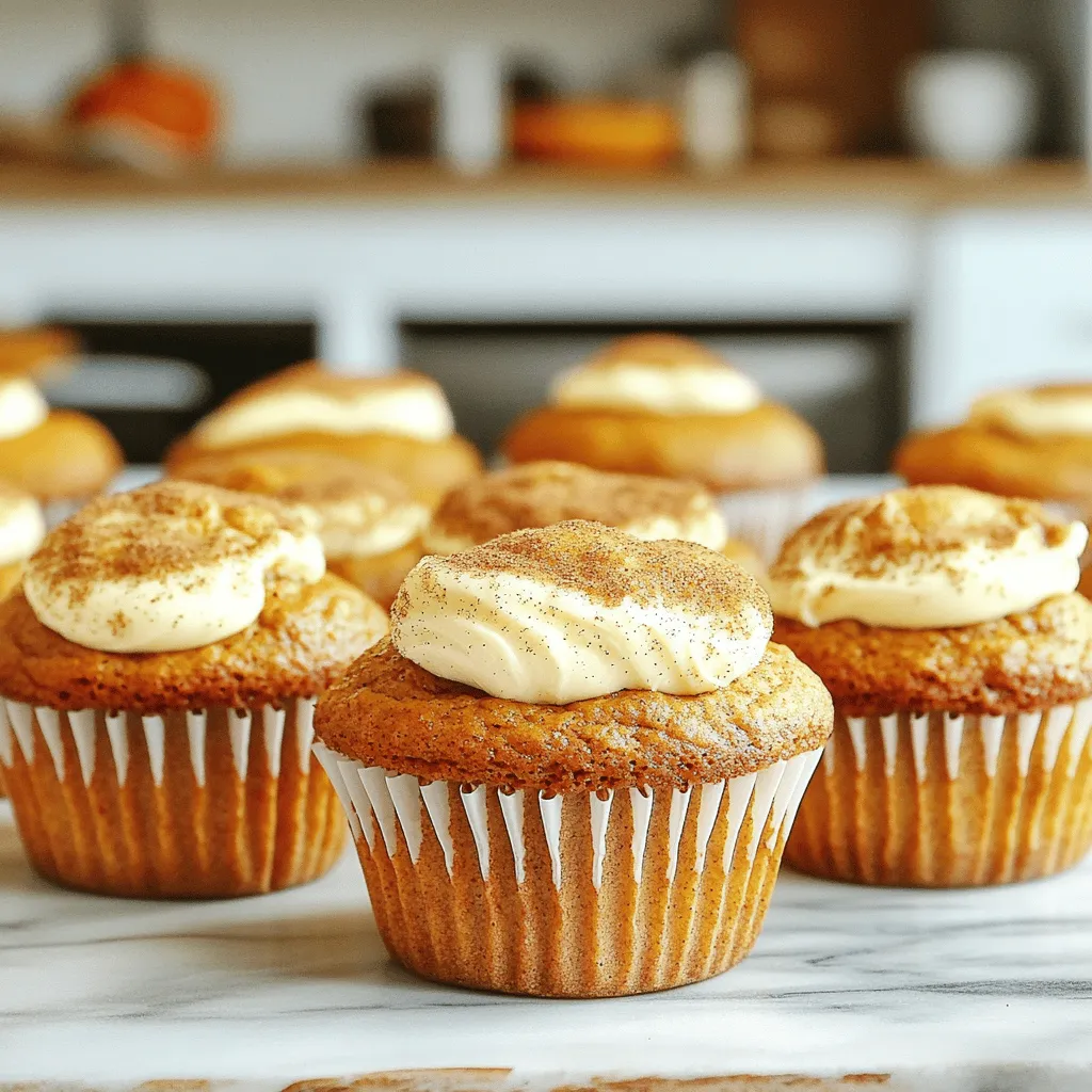 - 1 cup all-purpose flour - 1 cup whole wheat flour - 1 teaspoon baking powder - 1 teaspoon baking soda - 1 teaspoon ground cinnamon - 1/2 teaspoon ground nutmeg - 1/2 teaspoon ground ginger - 1/4 teaspoon salt The dry ingredients form the base of your muffins. I use both all-purpose and whole wheat flours for texture and nutrition. Baking powder and baking soda help the muffins rise. The ground spices add warmth and flavor. Cinnamon brings sweetness, while nutmeg and ginger provide a spicy kick. Salt balances all the flavors. - 1 cup canned pumpkin puree - 1/2 cup granulated sugar - 1/2 cup brown sugar, packed - 1/2 cup vegetable oil - 2 large eggs - 1 teaspoon vanilla extract The wet ingredients make your muffins moist and flavorful. Canned pumpkin puree is key. It adds richness and a lovely color. Granulated and brown sugars sweeten the muffins. Brown sugar gives a hint of caramel flavor. Vegetable oil keeps them soft. Eggs bind everything together, while vanilla extract adds a lovely aroma. - 4 oz cream cheese, softened - 1/4 cup powdered sugar - 1 teaspoon lemon juice The cream cheese filling is the star of these muffins. Softened cream cheese creates a smooth texture. Powdered sugar sweetens the filling without graininess. Lemon juice brightens the flavor and cuts through the richness. This filling makes every bite a delightful surprise. First, set your oven to 350°F (175°C). This gets it hot and ready. While it warms, prepare your muffin tin. You can use paper liners or lightly grease each cup. This helps the muffins come out easily. Grab a large bowl. In it, whisk together the all-purpose flour, whole wheat flour, baking powder, baking soda, ground cinnamon, ground nutmeg, ground ginger, and salt. Make sure they mix well. This blend adds flavor and helps your muffins rise. In another bowl, mix the canned pumpkin puree, granulated sugar, brown sugar, vegetable oil, eggs, and vanilla extract. Stir until everything blends smoothly. This mixture makes your muffins moist and flavorful. Now, it’s time to combine! Gradually add the dry mixture to the wet mixture. Stir gently until just mixed. It’s okay if some lumps remain. Overmixing can make the muffins tough. In a small bowl, beat the softened cream cheese with powdered sugar and lemon juice. Mix until it’s smooth. This creamy filling gives the muffins a delightful surprise. Fill each muffin cup halfway with the pumpkin batter. Then, add a teaspoon of the cream cheese mixture in the center. Cover it with more pumpkin batter until the cups are about three-quarters full. This layering creates a tasty treat! Place the muffin tin in the oven. Bake for 18 to 22 minutes. To check for doneness, insert a toothpick in the center. If it comes out clean, the muffins are ready. After baking, let them cool in the pan for 5 minutes before moving them to a wire rack. Enjoy your delicious pumpkin cream cheese muffins! Overmixing concerns: Mixing too much can make your muffins dense. Stir the wet and dry ingredients just until combined. A few lumps are okay! This keeps the muffins light and fluffy. How to achieve a perfect crown: To get a nice dome shape, fill your muffin cups about three-quarters full. This allows the batter to rise evenly. Bake at the right temperature and avoid opening the oven door too often. Best practices for moist muffins: To keep your muffins moist, use canned pumpkin puree. It adds both moisture and flavor. Also, don't leave out the oil; it helps keep the muffins tender. Avoid overbaking. Check for doneness with a toothpick. It should come out clean, but not dry. Spice adjustments and add-ins: Feel free to tweak the spices in your muffins. You can add more cinnamon or ginger if you like a bolder flavor. Consider adding chocolate chips or nuts for an extra crunch. These little changes make each batch unique and fun to try! {{image_2}} You can change up your pumpkin cream cheese muffins to fit your taste. Here are two simple ideas: - Adding chocolate chips: Chocolate and pumpkin are a great mix. Just fold in a cup of semi-sweet chocolate chips into the batter before baking. The rich chocolate will balance the pumpkin flavor nicely. - Using different spices: You can swap out spices to create unique flavors. Try adding a pinch of cardamom or allspice for a warm twist. Or, if you love a little heat, add a dash of cayenne pepper. If you want to lighten up your muffins, consider these options: - Alternative flour options: Instead of all-purpose flour, use almond flour or oat flour. These will change the texture but add nice flavors. Whole wheat flour is a good choice too for more fiber. - Sugar substitutes: You can use honey or maple syrup in place of granulated sugar. These natural sweeteners add a depth of flavor. If you like low-calorie options, try using stevia or monk fruit sweetener instead. If you need a gluten-free option, you can still enjoy these muffins: - Suggested gluten-free flours: Use a gluten-free blend of flours, like rice flour or sorghum flour. You can also use almond flour or coconut flour. Be sure to add a binding agent like xanthan gum for the best results. You can store your pumpkin cream cheese muffins at room temperature for a few days. Keep them in an airtight container. This helps keep them fresh and moist. Avoid exposing them to heat or direct sunlight. If you want to enjoy them longer, consider refrigerating them. Just remember, they may dry out a bit in the fridge. For long-term storage, freeze your muffins. First, let them cool completely. Then, wrap each muffin tightly in plastic wrap. Place them in a freezer-safe bag or container. This prevents freezer burn. When stored this way, they can last up to three months. Label the bag with the date for easy tracking. Reheating is simple! For the best taste, use an oven. Preheat it to 350°F (175°C). Place the muffins on a baking sheet and warm for about 10 minutes. If you’re in a hurry, you can use a microwave. Heat each muffin for about 15-20 seconds. Just be careful not to overheat, or they may become tough. Enjoy them warm for a delightful treat! To make pumpkin muffins from scratch, gather simple ingredients. Use all-purpose flour, whole wheat flour, baking powder, and baking soda. Add ground cinnamon, nutmeg, ginger, and salt for flavor. You can swap the sugars. Replace half of the granulated sugar with brown sugar for extra moisture. You can also use applesauce instead of some oil for a lighter texture. Mix wet and dry parts separately, then combine them. Don’t overmix; some lumps are fine. This gives muffins a great texture. Yes, you can use fresh pumpkin! Start by peeling and cutting a pumpkin. Remove the seeds and cook the pumpkin until soft. Baking, boiling, or steaming works well. Once cooked, mash the pumpkin until smooth. Ensure your fresh pumpkin has the same amount as the canned version—about 1 cup. Always drain excess water for thick muffins. Pumpkin cream cheese muffins last for about 3 to 4 days at room temperature. Keep them in an airtight container to maintain freshness. If you notice mold or an off smell, it’s best to throw them away. Muffins with cream cheese can spoil faster due to moisture. Yes, you can freeze cream cheese muffins! First, let them cool completely. Then, wrap each muffin tightly in plastic wrap. Place them in a freezer-safe bag or container. When ready to eat, thaw muffins in the fridge or at room temperature. You can also microwave them for a quick warm-up. Enjoy your muffins fresh! You’ve learned how to make delicious pumpkin cream cheese muffins from scratch. This recipe is easy and fun, perfect for any season. We covered the right ingredients, step-by-step instructions, and expert tips. Remember to experiment with flavors and store muffins well. These treats can surprise your friends and family. Enjoy baking, and share your warm, tasty results!