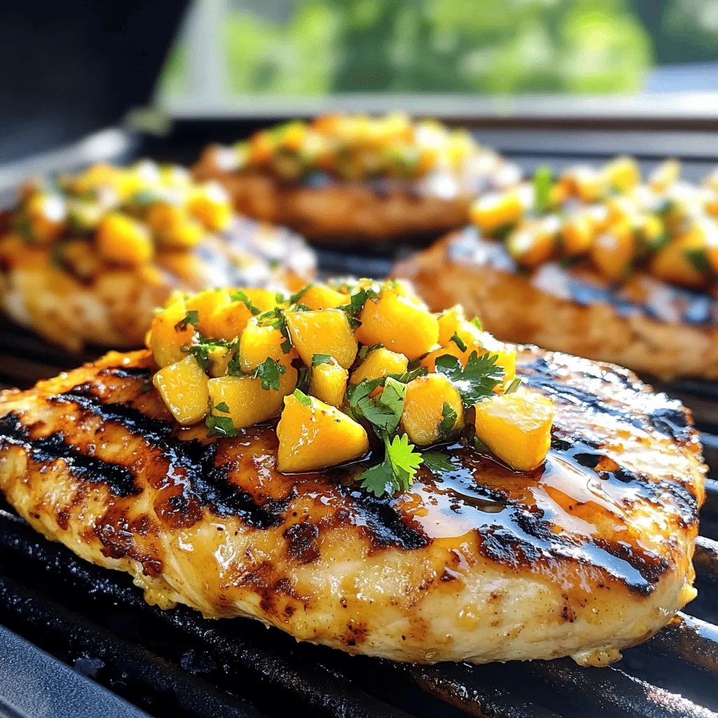 - 4 boneless, skinless chicken breasts - 2 ripe peaches, diced - 2 jalapeños, finely chopped (seeds removed for less heat) - 3 tablespoons honey - 2 tablespoons olive oil - 1 tablespoon apple cider vinegar - 1 teaspoon garlic powder - 1 teaspoon onion powder - Salt and pepper to taste - Fresh cilantro, chopped (for garnish) The chicken breasts serve as the main protein in this dish. They are lean and cook quickly. Using boneless and skinless chicken makes it easy to enjoy. Peaches add a sweet and juicy flavor. Ripe peaches burst with natural sugars, balancing the heat from jalapeños. They also bring a lovely color to the dish. Jalapeños give the dish its spice. Removing the seeds helps lower the heat. You can adjust the amount based on your spice level comfort. Honey is a natural sweetener that adds depth to the flavor. It pairs well with the tangy apple cider vinegar. Together, they create a nice balance. Olive oil keeps the chicken moist and helps the seasonings stick. It also adds a light richness to the meal. Garlic powder and onion powder enhance the overall flavor. They provide that savory taste without overpowering the dish. If you need a substitute for chicken, try turkey. It has a similar texture and flavor. For peaches, you can use nectarines or apricots. They bring a sweet taste, too. If jalapeños are too spicy, consider using bell peppers. They give crunch without the heat. Maple syrup or agave can replace honey for a vegan option. Both add sweetness. Instead of apple cider vinegar, use white wine vinegar. It has a mild flavor and works well. Lastly, you can skip garlic and onion powders if fresh garlic or onions are on hand. Just chop them finely and adjust to taste. 1. Start by preheating your grill or grill pan. Set it to medium-high heat. 2. In a bowl, mix the diced peaches and chopped jalapeños. 3. Add honey, olive oil, apple cider vinegar, garlic powder, onion powder, salt, and pepper. 4. Stir the mixture well to make a bright salsa. 5. Season the chicken breasts with salt and pepper on both sides. 1. Place the seasoned chicken on the hot grill. 2. Cook each side for about 6-7 minutes. 3. Use a meat thermometer to check for doneness. The chicken should reach 165°F (75°C). 4. In the last 2 minutes, spoon the peach and jalapeño salsa over the chicken. 5. Cover the grill to help the flavors blend. 6. Once cooked, take the chicken off the grill. Let it rest for a few minutes. 7. Serve the chicken with any leftover salsa on top, garnished with fresh cilantro. - Keep an eye on the chicken as it cooks. Avoid opening the grill too often. - Check the internal temperature early to prevent overcooking. - If you're unsure, cut into the chicken to check if it's done. The meat should be juicy and white inside. To get the best grilled flavor, preheat your grill well. A hot grill seals in juices. Always clean the grill grates before cooking. This step helps prevent sticking. Use olive oil on the chicken for extra flavor. It also keeps the chicken moist. Grill the chicken for about 6-7 minutes on each side. Check the temperature to ensure it's cooked through. You can control the heat in this dish easily. For less spice, remove the seeds from the jalapeños. You can also use fewer jalapeños for a milder taste. If you like more heat, add an extra jalapeño or two. Another option is to add a sprinkle of cayenne pepper. This spice will kick things up a notch. Let the chicken rest for a few minutes after grilling. Resting keeps the juices locked in. Slice the chicken to show off the beautiful colors. Serve it topped with the peach and jalapeño salsa. The fresh cilantro adds a nice touch. Pair this dish with rice or a light salad for a perfect meal. {{image_2}} You can swap out peaches for other fruits. Try mangoes or nectarines for a twist. These fruits bring sweetness and balance to the heat. For a different flavor, use fresh pineapple. You can also add diced red onion to the salsa for extra crunch. If you want more heat, include sliced jalapeños in the salsa. They add a fresh spicy kick. If you don’t have a grill, you can use an oven or a skillet. For the oven, preheat it to 400°F (200°C). Place the seasoned chicken in a baking dish. Bake for about 25 minutes or until the chicken is cooked through. If using a skillet, heat some olive oil over medium heat. Cook the chicken for 6-7 minutes on each side. Use a lid to keep the moisture in. Jalapeño peach chicken pairs well with many sides. Serve it with rice or quinoa for a filling meal. A fresh salad with mixed greens complements the dish nicely. You can also add grilled vegetables for more flavor. Corn on the cob or a classic coleslaw can brighten the plate. Don’t forget to drizzle some extra salsa on the sides for extra flavor! To store leftover Jalapeño Peach Chicken, place it in an airtight container. Make sure to cool it first. This dish lasts in the fridge for up to four days. Label the container with the date to keep track. To reheat, I suggest using the oven for best results. Preheat your oven to 350°F (175°C). Place the chicken on a baking sheet and cover it with foil. Heat for about 15-20 minutes or until warm. You can also use a microwave. Just heat in short bursts, checking often. You can freeze Jalapeño Peach Chicken for up to three months. Wrap each piece tightly in plastic wrap. Then, place the wrapped chicken in a freezer-safe bag. When ready to eat, thaw it in the fridge overnight before reheating. You can serve this dish with many sides. Rice or quinoa adds a nice touch. Grilled vegetables bring out the fresh flavors. A simple green salad pairs well too. You might also enjoy it with warm tortillas. These options balance well with the sweet heat of the chicken. Yes, you can prepare some parts ahead. Make the salsa a day early. Store it in the fridge to blend the flavors. You can also season the chicken in advance. Just keep it covered until you grill it. This saves time and makes for an easy meal. This dish has a mild to medium spice level. Jalapeños can add heat, so adjust them to your taste. Remove the seeds for less spice. You can also use fewer jalapeños. Adding more peaches can help balance the heat too. Yes, other fruits work well in this dish. Try mango or pineapple for a twist. These fruits have a sweet flavor that complements the chicken. You can also mix and match fruits based on what you have. Get creative and have fun with it! In this post, we explored every part of making Jalapeño Peach Chicken. We went over the key ingredients and how to prepare them. I shared step-by-step cooking instructions and tips to boost flavor. We also discussed variations and storage methods to keep your meal fresh. Remember, cooking is fun and creative. Don't be afraid to experiment and make it your own. Enjoy delicious meals that bring joy to your table!