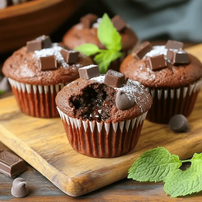 - 1 cup all-purpose flour - 1/2 cup unsweetened cocoa powder - 1 cup granulated sugar - 1/2 teaspoon baking powder - 1/2 teaspoon baking soda - 1/4 teaspoon salt The dry ingredients form the base of your muffins. The flour gives structure, while cocoa adds deep, rich flavor. Sugar sweetens the muffins, helping to balance the cocoa. Baking powder and baking soda are your leavening agents that help the muffins rise. Salt enhances all the flavors in your batter. - 1 large egg - 1/2 cup buttermilk - 1/4 cup vegetable oil - 1 teaspoon vanilla extract The wet ingredients bring moisture and richness. The egg binds everything together. Buttermilk adds a subtle tang, making your muffins tender. Vegetable oil keeps them moist, while vanilla extract adds a lovely aroma. Each of these ingredients plays a vital role in giving your muffins a soft, fluffy texture. - 1 cup semi-sweet chocolate chips - 1/2 cup dark chocolate chunks These add-ins are what truly make these muffins "Death by Chocolate." The semi-sweet chocolate chips melt into the batter, creating pockets of gooey chocolate bliss. Dark chocolate chunks elevate the flavor and add extra richness. You can never have too much chocolate, right? These additions make each bite a delicious surprise. 1. Start by preheating your oven to 350°F (175°C). This heat will make the muffins rise perfectly. 2. Line a muffin tin with paper liners or lightly grease it. This step helps your muffins come out easily. 3. In a large bowl, sift together the dry ingredients. This includes the flour, cocoa powder, sugar, baking powder, baking soda, and salt. Sifting makes sure there are no lumps. 1. In another bowl, whisk together the wet ingredients. You’ll mix the egg, buttermilk, vegetable oil, and vanilla extract. This step combines flavors for a rich taste. 2. Pour the wet mix into the dry mix. Stir gently until just combined. Be careful not to overmix; this keeps the muffins light and fluffy. 3. Fold in the semi-sweet chocolate chips and dark chocolate chunks. Make sure they spread evenly through the batter for a gooey surprise. 1. Spoon the batter into the prepared muffin tin. Fill each cup about 3/4 full. This helps them rise without spilling over. 2. Place the muffin tin in the preheated oven. Bake for 18-22 minutes. Check doneness by inserting a toothpick into the center. It should come out with a few moist crumbs. 3. Once baked, let the muffins cool in the tin for 5 minutes. After that, transfer them to a wire rack to cool completely. Enjoy the rich aroma while they cool! To keep your muffins light and fluffy, avoid overmixing the batter. When you mix, stop as soon as you see no dry flour. This helps preserve air pockets that make muffins rise. For the best baking results, follow the right time and temperature. Preheat your oven to 350°F (175°C). Bake the muffins for 18 to 22 minutes. Use a toothpick to check doneness. It should come out with a few moist crumbs. Dust the cooled muffins with powdered sugar. This makes them look fancy and adds sweetness. For a great serving idea, place them on a rustic wooden board. Add fresh mint leaves for color and freshness. Enjoy them with a cup of coffee or warm milk for a treat. Choose a non-stick muffin tin. This helps muffins release easily. If you don’t have one, use paper liners for easy cleanup. Use a large mixing bowl for the dry ingredients. A medium bowl works well for the wet mix. A whisk is ideal for blending the wet ingredients. A spatula helps to fold in the chocolate chips. {{image_2}} You can easily swap some ingredients. If you want gluten-free muffins, use almond flour or a gluten-free blend. Both work well. For a vegan version, try a flaxseed egg. Mix one tablespoon of flaxseed meal with three tablespoons of water. Let it sit for five minutes. You can also use almond milk or coconut milk instead of buttermilk. Want to take these muffins up a notch? Add a pinch of cinnamon for warmth. Espresso powder can also boost the chocolate flavor. If you love texture, fold in chopped nuts like walnuts or pecans. Diced fruits, like cherries or raspberries, can also add a fun twist. Both offer great flavors and make your muffins unique. Make your muffins fit any occasion! For holidays, add festive sprinkles or top with a peppermint glaze. In the fall, use pumpkin spice to create autumn-themed chocolate muffins. In summer, try adding fresh berries. They will create a bright and fruity flavor. Each variation can make your muffins special and fun! For short-term storage, keep your muffins fresh in an airtight container. This prevents them from drying out. You can use a plastic or glass container with a tight lid. If you want to store them outside the fridge, keep them at room temperature. They will stay soft for about two days. If you choose to refrigerate, they may last a bit longer, but they might lose some moisture. If you want to save your muffins for later, freezing is the way to go. First, let them cool completely. Wrap each muffin in plastic wrap. Then, place them in a freezer bag. This keeps them fresh for up to three months. When you want one, take it out and thaw it in the fridge overnight. For a quick fix, you can microwave it for 20-30 seconds. These Death by Chocolate Muffins have a good shelf life. At room temperature, they stay fresh for about two days. If you store them in the fridge, they can last up to a week. Always check for signs of spoilage. Look for mold, a hard texture, or an off smell. If you notice any of these, it’s best to toss them out. Enjoy your muffins while they are still delicious! These muffins earn their name from the rich chocolate flavor. We use a mix of cocoa powder, semi-sweet chocolate chips, and dark chocolate chunks. This combination creates a deep, intense chocolate experience. The cocoa powder gives a bold base, while the chocolate chips and chunks add gooey bites. Each muffin is like a chocolate lover's dream. The balance of sweetness and richness keeps you wanting more. Yes, you can make these muffins ahead of time. You can prepare the batter and store it in the fridge for up to 24 hours. This way, you can bake them fresh in the morning. Alternatively, bake the muffins and let them cool completely. Store them in an airtight container for up to three days. For longer storage, freeze them for up to three months. Just thaw them overnight when you want to enjoy them. To keep muffins from sticking, you have two great options. First, line your muffin tin with paper liners. This is easy and effective. Second, if you prefer not to use liners, lightly grease the muffin cups with vegetable oil or butter. Make sure to coat the sides and the bottom well. Both methods will help ensure your muffins pop right out, keeping their shape and texture intact. In this article, we covered how to make delicious Death by Chocolate Muffins from scratch. We explored the ingredients, which include rich cocoa, chocolate chips, and moist wet components. I shared step-by-step instructions for mixing, baking, and ensuring perfect muffins. You also learned tips for variations, storage, and answers to frequently asked questions. These muffins are a chocolate lover's dream. Enjoy baking, tasting, and sharing these treats. Happy baking!