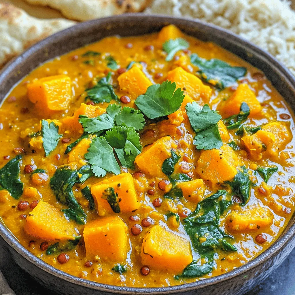 - 1 medium butternut squash, peeled and diced - 1 cup red lentils, rinsed - 1 can (14 oz) coconut milk - 1 can (14 oz) diced tomatoes You need a few key items for this curry. The butternut squash gives it a sweet flavor. Red lentils add protein and texture. Coconut milk makes it creamy and rich, while diced tomatoes add a nice tang. - 2 tablespoons curry powder - 1 teaspoon ground cumin - 1 teaspoon turmeric Spices are important in this recipe. Curry powder brings warmth and depth. Ground cumin adds earthy notes, and turmeric gives it color and health benefits. - Fresh cilantro - Juice of 1 lime - 2 cups spinach For garnishing, fresh cilantro adds a burst of flavor. Lime juice brightens the dish, while spinach adds color and nutrients. You can serve this curry with naan or rice for a complete meal. To start, peel and dice the butternut squash into small cubes. Aim for uniform pieces. This helps it cook evenly. Next, rinse the red lentils under cold water. This step removes any dust and makes them clean. Chop the onion finely. Mince the garlic cloves. If you have ginger, grate about an inch of it. This will add a nice flavor to your curry. Now, let’s layer the ingredients in the slow cooker. First, add the butternut squash, red lentils, chopped onion, minced garlic, and grated ginger. These are your base flavors. Next, pour in the coconut milk and vegetable broth. Then, add the diced tomatoes with their juice. This adds moisture and richness. Stir in the spices: curry powder, ground cumin, turmeric, salt, and pepper. Mixing the spices well with the vegetables ensures every bite is tasty. You have two options for cooking. For a low heat method, set your slow cooker for 6-8 hours. This gives the flavors time to blend. If you’re in a hurry, use the high heat method for 3-4 hours. Stir the curry occasionally if you can. This helps the ingredients mix well. About 15 minutes before serving, toss in the chopped spinach. It will wilt nicely in the heat of the curry. Lastly, squeeze in the juice of one lime to brighten the dish. Taste and adjust seasoning if needed before serving. To make your curry even better, you can adjust the spices. Start with the basic amounts, then taste as it cooks. If you want more heat, add more curry powder or a pinch of cayenne. For a milder flavor, reduce the spices. Adding extra vegetables can also boost flavor. Try carrots, bell peppers, or peas. Just chop them small so they cook well with the squash and lentils. This makes your curry colorful and full of nutrients. If your curry is too thick, add more vegetable broth or coconut milk. Stir it in slowly until it reaches the right consistency. You can always add more liquid, but it's hard to fix a curry that is too thin. If the spice level is too high, add more coconut milk or a touch of sugar. This helps balance out the heat. Taste as you go to make sure it suits your palate. For the best side dishes, serve your curry with warm naan or fluffy basmati rice. Both soak up the rich sauce well. When serving, use deep bowls to hold the curry. Garnish with fresh cilantro for a pop of color. A squeeze of lime juice adds brightness and flavor. This makes the dish look and taste great! {{image_2}} You can change the legumes in this dish. Instead of red lentils, try green lentils or chickpeas. Both options add great texture. You can also use black beans for a twist. For the squash, butternut is a star, but you can switch it up. Acorn squash or pumpkin work well too. They all bring a slight sweetness and a beautiful color. Want more heat? Add chili flakes or cayenne pepper. A little goes a long way. You can also try adding curry paste for a richer flavor. Fresh herbs can boost your curry. Cilantro adds freshness, while mint gives a nice zing. You can also toss in basil for a unique twist. Using seasonal veggies can change your curry game. In winter, add root veggies like carrots or parsnips. In summer, bell peppers or zucchini can lighten the dish. You can adapt for summer cooking by serving it chilled. Let it cool, then serve it over salad or with pita chips. In winter, a warm bowl is comforting, paired with crusty bread. You can keep the Slow Cooker Butternut Squash Lentil Curry in the fridge for up to five days. Store it in an airtight glass or plastic container. This keeps it fresh and safe. Make sure to let it cool down before sealing it. This helps avoid condensation, which can make it watery. For freezing, place the curry in a freezer-safe container. Leave some space at the top for expansion. It can last up to three months in the freezer. When you're ready to eat, thaw it in the fridge overnight. You can also use a microwave for quick thawing. You can reheat the curry in two ways: microwaving or stovetop. For microwaving, use a microwave-safe bowl and heat it in short bursts. Stir in between to avoid hot spots. For stovetop, pour it into a pan and heat on low. Stir gently to keep the flavor and texture. Add a splash of water or coconut milk if it seems too thick. Enjoy every bite! Yes, you can make this recipe ahead of time. To do this, follow these best practices for meal prep: - Prep Ingredients Early: Chop the butternut squash, onion, and garlic a day before. This saves time on the day of cooking. - Store Separately: Keep the chopped veggies in airtight containers in the fridge. Store the lentils, spices, and coconut milk separately. - Cook and Store: You can cook the curry and refrigerate it for up to three days. Reheat it in the slow cooker or on the stove. - Make It Freezer-Friendly: This curry freezes well. Portion it in freezer-safe bags or containers for easy meals later. Yes, this dish is gluten-free. Here’s how to verify the ingredients: - Check Labels: Always check the labels on the coconut milk and diced tomatoes to ensure no gluten is added. - Spices Matter: Most spices, like curry powder and turmeric, are gluten-free. However, confirm your brands. - Serve with Gluten-Free Sides: Pair this curry with gluten-free rice or gluten-free naan for a complete meal. Absolutely! Here are some great suggestions for plant-based proteins: - Chickpeas: Canned or cooked chickpeas add a nice texture and protein boost. - Tofu: Cubed and lightly sautéed tofu can be mixed in for added protein. - Peas: Add green peas at the end of cooking for extra protein and sweetness. - Nuts: Toss in cashews or almonds for crunch and protein. Feel free to mix and match these options based on your taste! This blog post showed you how to make a delicious slow cooker curry. You learned about key ingredients like butternut squash, lentils, and coconut milk. We discussed spices that add warmth and flavor, plus tips for garnishes. You now know step-by-step instructions for prep and cooking, with helpful tips for flavor and troubleshooting. You can even switch ingredients for a new twist. Whether you store, freeze, or serve, you are ready to enjoy this dish. Try it out and let the flavors shine!
