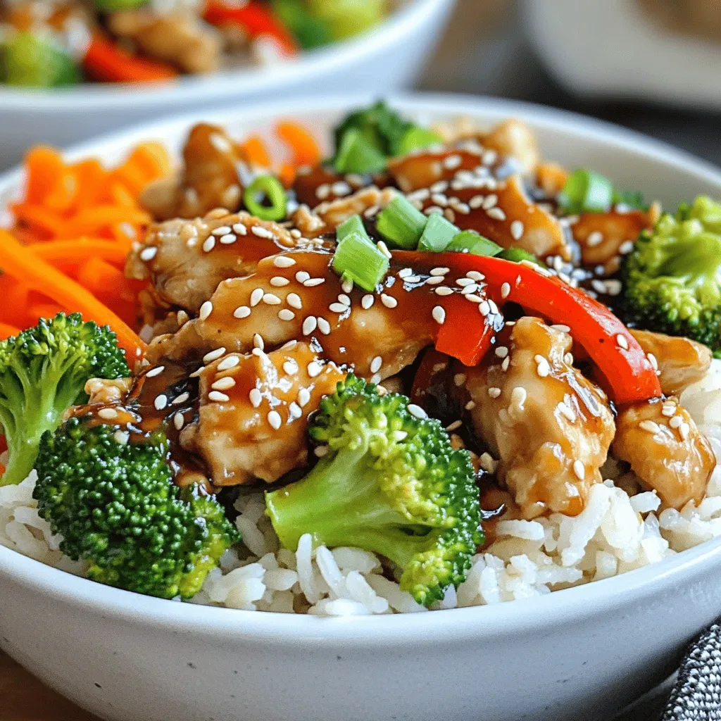 - 2 cups cooked jasmine rice - 1 lb chicken breast, cut into bite-sized pieces - 1 cup broccoli florets - 1 red bell pepper, sliced - 1 carrot, julienned - 1/4 cup soy sauce - 2 tablespoons honey - 1 tablespoon rice vinegar - 1 teaspoon garlic, minced - 1 teaspoon ginger, grated - 1 tablespoon cornstarch mixed with 2 tablespoons water (slurry) - Sesame seeds for garnish - Green onions, sliced for garnish The ingredients for Better-Than-Takeout Teriyaki Chicken Bowls are simple and fresh. You start with jasmine rice, which is fluffy and fragrant. The chicken breast is lean and cuts easily into bite-sized pieces. I like to add colorful veggies like broccoli, red bell pepper, and carrot. They not only taste great but add a nice crunch. The sauce is what makes this dish shine. Soy sauce gives it a savory depth. Honey adds a sweet touch, while rice vinegar brings a hint of tang. Garlic and ginger provide a warm, aromatic base that makes the dish feel special. To thicken the sauce, we use a cornstarch slurry, which is easy to make. Finally, garnishing the bowls with sesame seeds and green onions gives a nice finish. It adds a bit of crunch and brightness to the whole dish. This mix of ingredients makes the bowls not just tasty but also fun to eat! - Cook the jasmine rice according to package instructions. - Keep rice warm until ready to serve. Cooking rice is easy! Follow the package steps for the best results. I love using jasmine rice because it has a nice, fluffy texture. Once cooked, keep it warm. This way, your rice will be ready to soak up all the tasty sauce later. - Whisk together soy sauce, honey, rice vinegar, minced garlic, and grated ginger. To make the teriyaki sauce, grab a medium bowl. Combine soy sauce, honey, rice vinegar, minced garlic, and grated ginger. Whisk them together until smooth. This sauce is sweet and tangy. It will bring your dish to life! - Heat vegetable oil in a large skillet or wok over medium-high heat. - Add chicken pieces and cook until browned and cooked through. Now, heat vegetable oil in a large skillet or wok on medium-high heat. Once hot, add chicken pieces. Cook for about 5 to 7 minutes. You want the chicken to be browned and cooked through. This step gives your dish a great base flavor. - Stir-fry broccoli, red bell pepper, and carrot with the chicken. Next, toss in the broccoli, red bell pepper, and carrot. Stir-fry them with the chicken for another 3 to 4 minutes. You want the veggies to be tender but still crisp. This adds color and nutrition to your meal! - Pour the prepared teriyaki sauce over the mixture and bring to a simmer. - Stir in cornstarch slurry to thicken. Now, pour your teriyaki sauce over the chicken and veggies. Bring everything to a simmer. This step helps blend the flavors. Then, add the cornstarch slurry to thicken the sauce. Cook for an extra 1 to 2 minutes. You want the sauce to coat your chicken and veggies nicely. - Assemble bowls starting with jasmine rice and top with teriyaki chicken and vegetables. - Garnish with sesame seeds and sliced green onions. Finally, it’s time to serve! In each bowl, start with a scoop of warm jasmine rice. Top it with the teriyaki chicken and vegetables. For the finishing touch, sprinkle sesame seeds and sliced green onions on top. This adds crunch and a pop of flavor! Enjoy your meal! - Use fresh garlic and ginger for better flavor. Fresh ingredients make a big difference. - Marinate chicken in teriyaki sauce for extra tastiness. This step adds rich flavor. - Make sure the skillet or wok is hot enough to sear the chicken. A hot surface gives a nice crust. - Avoid overcrowding the skillet for even cooking. Cook in batches if needed for best results. - Serve with additional sauces on the side. This lets everyone adjust the flavor to their liking. - Pair with a fresh salad for a complete meal. A crisp salad balances the warm rice and chicken. {{image_2}} You can easily swap chicken for tofu or shrimp. Tofu absorbs flavors well and works great in this dish. Shrimp cooks quickly and adds a nice touch. For a different flavor profile, consider using beef or pork. Each meat brings its own taste, making the dish unique. Feel free to add snap peas or bok choy for more crunch. These veggies cook fast and keep their color. You can also include more colorful vegetables. Try yellow bell pepper or mushrooms to brighten up your bowl. Colorful meals are not only pretty but also packed with nutrients. Want a vegan option? Replace honey with maple syrup. This simple swap keeps the sweet taste while making it plant-based. You can also experiment with different teriyaki sauce brands. Each brand has its own flavor, so try a few to find your favorite. Mixing and matching keeps your meals exciting! Store leftovers in an airtight container. This keeps them fresh and safe. Best consumed within 3-4 days. After that, the flavors might fade. You can freeze these teriyaki chicken bowls for up to 3 months. This is great for meal prep. When ready to eat, thaw in the refrigerator before reheating. This helps maintain the best taste and texture. Reheat in the microwave or on the stovetop. If using the stovetop, add a splash of water. This prevents the dish from drying out. Enjoy your meal just as it was when freshly made! Prep time: 10 min, Total time: 30 min, Servings: 4. Yes, brown rice can be used but will require a longer cooking time. Some brands are gluten-free; check labels for soy sauce alternatives. Yes, add red pepper flakes or sriracha to the sauce for heat. Pair with steamed vegetables or a side salad for a balanced meal. This blog post shows how to make delicious teriyaki chicken bowls. You learned about key ingredients, step-by-step instructions, and helpful tips. Remember to keep the skillet hot for perfect chicken and to try different veggies. You can also swap chicken for tofu or shrimp for variety. Store leftovers properly, and you can enjoy this dish later. With simple changes, you can make this meal just right for you. Dive in and enjoy each bite!