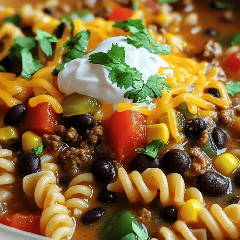 To make delicious Crockpot Taco Pasta, you need a few key ingredients. Here’s what you will need: - 1 lb ground beef or turkey - 1 medium onion, chopped - 1 bell pepper, diced (any color) - 3 cloves garlic, minced - 1 packet taco seasoning - 1 can (15 oz) diced tomatoes with green chilies - 1 can (15 oz) black beans, rinsed and drained - 1 cup corn (frozen or canned) - 2 cups chicken or vegetable broth - 8 oz uncooked pasta (penne or rotini) - 1 cup shredded cheddar cheese These ingredients combine to create a hearty and tasty meal. You can make your Crockpot Taco Pasta even better with some toppings. Here are a few options: - ½ cup sour cream (for serving) - Fresh cilantro, chopped (for garnish) These toppings add flavor and a fresh touch to your dish. Feel free to swap ingredients to fit your taste. Here are some ideas: - Use ground chicken or plant-based meat instead of beef or turkey. - Swap bell peppers for zucchini or spinach for a veggie boost. - Try different pasta types like shells or fusilli. These changes keep the dish fresh and exciting every time you make it! Start by heating a skillet over medium heat. Add 1 lb of ground beef or turkey. Then, add 1 medium chopped onion and 1 diced bell pepper. Cook these for about 5-7 minutes. You want the meat browned and the veggies soft. After that, drain any extra fat. Next, stir in 3 cloves of minced garlic and 1 packet of taco seasoning. Cook for 1-2 more minutes until it smells great. Now, transfer the meat and veggie mix into the crockpot. Add 1 can of diced tomatoes with green chilies, 1 can of black beans (rinsed and drained), and 1 cup of corn. Pour in 2 cups of chicken or vegetable broth. Stir everything together well. Then, add 8 oz of uncooked pasta, like penne or rotini. Make sure the pasta is fully covered by the broth. Cover the crockpot. If you set it to low, cook for 4-5 hours. If you choose high, cook for 2-3 hours. Check on it now and then. Stir if you can. Once the pasta is tender, it’s ready. Lastly, stir in 1 cup of shredded cheddar cheese until it melts. Serve hot and enjoy! To keep pasta firm, add it later in cooking. I like to add it halfway through. This way, it cooks well but doesn’t turn mushy. If you want to add it at the start, reduce the liquid a bit. Taco seasoning is key to this dish. I use one packet, but feel free to add more. Fresh garlic and onion boost flavor too. For extra zest, try a squeeze of lime juice before serving. Chopped cilantro adds freshness and color. Cooking time matters a lot with a crockpot. If you use low heat, aim for 4-5 hours. On high heat, check at 2-3 hours. Stir the pasta gently if you can. This helps it cook evenly and soak up flavors. {{image_2}} You can easily make this dish vegetarian or vegan. Use plant-based ground meat instead of beef or turkey. You can also skip the cheese or use a vegan cheese option. For creaminess, consider using cashew cream or vegan sour cream. This way, everyone can enjoy the flavors of taco pasta. While the recipe calls for penne or rotini, feel free to try other pasta types. You can use shells, farfalle, or even gluten-free pasta. Just make sure to adjust the cooking time based on the pasta's shape and size. Keep an eye on the pasta so it cooks just right in your crockpot. Boost the nutrition of your taco pasta by adding more veggies. Chopped zucchini, corn, or spinach work great. You can also add proteins like cooked chicken, turkey, or black beans for a heartier meal. Mix and match to create your own unique version of this tasty dish. After enjoying your Crockpot Taco Pasta, let it cool down. Place leftovers in an airtight container. This keeps your pasta fresh for up to three days in the fridge. If you want to save it longer, freezing is a great option. When you are ready to eat your leftovers, heat them on the stove or in the microwave. If using the stove, add a splash of broth or water. This helps bring back moisture. Stir occasionally to heat evenly. If using the microwave, cover the dish to keep it from drying out. Heat in short bursts, stirring in between. To freeze Crockpot Taco Pasta, follow these steps. First, let it cool completely. Then, portion it into freezer-safe bags or containers. Make sure to remove as much air as possible. Label with the date. It can stay good in the freezer for up to three months. When you are ready to eat, thaw in the fridge overnight before reheating. Yes, you can use different meats in this recipe. Ground turkey is a great choice. It is leaner but still tasty. You can also use chicken or even shredded beef. Each meat adds a unique flavor. Just ensure it is cooked before adding it to the crockpot. To make Crockpot Taco Pasta gluten-free, you need to change a few things. First, use gluten-free pasta instead of regular pasta. Also, check the taco seasoning. Some brands have gluten. Look for gluten-free labels. Finally, make sure the broth you use is gluten-free too. Crockpot Taco Pasta goes well with many sides. A simple green salad is fresh and light. You could serve tortilla chips with salsa for a crunchy treat. Cornbread is another great option and adds a nice sweetness. If you want more veggies, try steamed broccoli or a corn salad. Crockpot Taco Pasta is simple and fun to make. It offers tasty options for everyone. You can swap ingredients, add toppings, or change the pasta type. Remember to watch the cooking time to prevent mushiness. Store leftovers properly and enjoy them later. With all these tips, your dish will impress your friends and family. Experiment and make it your own! Enjoy every bite you create!