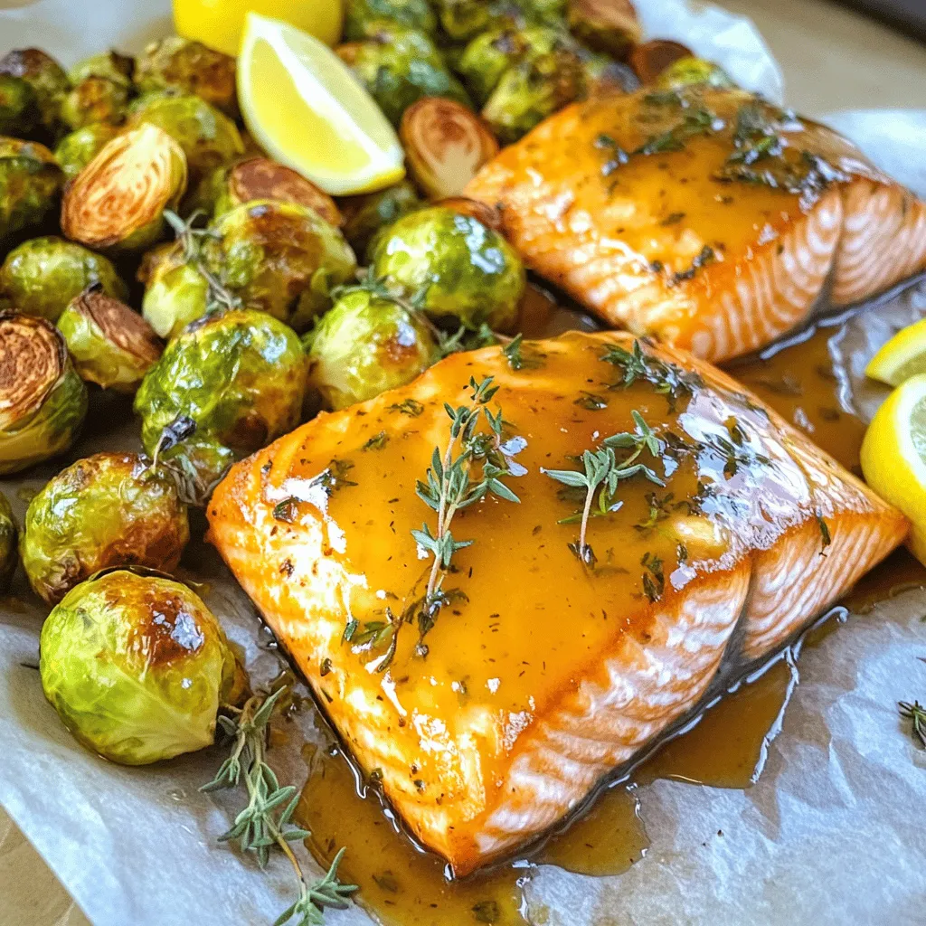 - 4 salmon fillets (6 oz each) - 2 cups Brussels sprouts, halved - 1/4 cup pure maple syrup - 2 tablespoons Dijon mustard - 2 tablespoons olive oil - 2 cloves garlic, minced - 1 tablespoon fresh thyme leaves (or 1 teaspoon dried thyme) - Lemon wedges for serving - Salt and pepper - Fresh vs. dried thyme considerations: Fresh thyme gives a bright flavor, while dried thyme is more concentrated. Use what you have! First, preheat your oven to 400°F (200°C). This step is key for perfect cooking. Next, line a large baking sheet with parchment paper. This makes cleanup easy and helps prevent sticking. In a small bowl, whisk together 1/4 cup of pure maple syrup, 2 tablespoons of Dijon mustard, 2 minced cloves of garlic, and 2 tablespoons of olive oil. Mix these until well combined. This glaze packs a sweet and tangy punch that pairs perfectly with salmon. Now, arrange 2 cups of halved Brussels sprouts on one half of the baking sheet. Drizzle them with olive oil, and season with salt, pepper, and fresh thyme. Toss well to coat. On the other half of the sheet, place 4 salmon fillets. Season them with salt and pepper. Brush the maple-Dijon mixture over each fillet generously. This adds flavor and makes the salmon shine. Place the baking sheet in the preheated oven. Bake for about 15 to 20 minutes. The salmon should flake easily with a fork, and the Brussels sprouts will be golden and tender. Once done, remove from the oven and let everything rest for a couple of minutes. Serve hot with lemon wedges for a zesty kick. Enjoy your delicious meal! To check salmon doneness, look for a few signs. The fish should turn opaque and flake easily with a fork. A good rule is to bake it for 15-20 minutes at 400°F (200°C). If you have a food thermometer, aim for an internal temperature of 145°F (63°C). For a flaky texture, let the salmon rest after baking. This helps the juices redistribute, making it moist and tender. You can also brush the fish with the maple-Dijon glaze before baking. This adds flavor and helps keep it juicy. Roasting Brussels sprouts brings out their best flavor. Cut them in half to ensure even cooking. Toss them with olive oil, salt, and pepper. Spread them out on the baking sheet, giving them space to cook evenly. For added flavor, try adding balsamic vinegar or a sprinkle of parmesan cheese before serving. You can also mix in nuts like walnuts or pecans for crunch. Pair your dish with easy side options like quinoa or rice. These grains absorb the flavors from the salmon and sprouts well. You can also serve a light salad to balance the meal. For wine, a crisp white like Sauvignon Blanc works well. It complements the sweetness of the maple syrup and the rich salmon. Enjoy your meal with a squeeze of lemon for an extra zing! {{image_2}} You can switch up the salmon for other proteins. Chicken works well and cooks nicely. Tofu is a great option for a plant-based choice. Just cut it into cubes and marinate it like the salmon. For veggies, try asparagus or broccoli. Both roast well and add great taste. They can replace Brussels sprouts or even team up with them for more color. Want to change the taste? Adding spices can do just that. Paprika gives a nice warmth. Cayenne pepper adds heat for those who love spice. If you want a different sweetener, consider honey or agave syrup. Both will still give you that sweet touch. Just keep the balance of flavors in mind for the best dish. This dish pairs nicely with grains. Quinoa or rice are great choices. They soak up the flavors and add a hearty base. Leftovers can also be fun! You can make a salad by flaking the salmon. Mix it with greens and a vinaigrette for a quick meal. It transforms your leftovers into something new and tasty. To store your leftovers, place the salmon and Brussels sprouts in an airtight container. Make sure to let them cool completely first. Keep the container in the refrigerator. Your meal will stay fresh for up to three days. To maintain freshness, avoid mixing the salmon and sprouts before storing. This keeps each component tasting great. If you want to store for a longer time, freezing is a good option. Wrap the salmon and Brussels sprouts tightly in plastic wrap or foil. Place them in a freezer-safe bag. This way, they can last up to three months in the freezer. For thawing, move your items to the fridge for a few hours or overnight before cooking. You can also use the microwave's defrost setting if you're in a hurry. To reheat the salmon and Brussels sprouts, use the oven for best results. Preheat your oven to 350°F (175°C). Place the food in a baking dish and cover with foil. Heat for about 15-20 minutes, or until warmed through. This method helps keep the salmon moist and prevents the sprouts from getting soggy. You can also reheat in a skillet over low heat, stirring gently until warm. Bake salmon at 400°F (200°C) for 15-20 minutes. The salmon should flake easily with a fork. This time works well for fresh fillets. If you use thicker cuts, check for doneness at 20 minutes. Yes, you can use frozen salmon. Thaw it in the fridge overnight for best results. If you need to cook it from frozen, add a few more minutes to the baking time. Just make sure it reaches an internal temperature of 145°F (63°C). You can use yellow mustard or whole grain mustard. Yellow mustard has a milder taste. Whole grain mustard offers a bit more texture and flavor. Both will work well with the maple syrup. Roasted potatoes or a fresh salad complement this meal nicely. You can also serve it with quinoa for a hearty touch or a side of rice to soak up the glaze. Each adds a nice balance to the salmon and sprouts. Yes, you can prep this dish ahead of time. Marinate the salmon and Brussels sprouts for up to two hours before cooking. Store them in the fridge, covered. This helps the flavors meld together. Just bake them when you’re ready to eat! This recipe guides you in making a tasty salmon dish with Brussels sprouts. We covered the key ingredients, the glaze mix, and baking tips. Remember to check for perfect doneness and explore variations to suit your taste. Storing leftovers properly is crucial for freshness. With these easy steps and tips, you can create a healthy meal that your family will love. Try it out, and enjoy every bite!