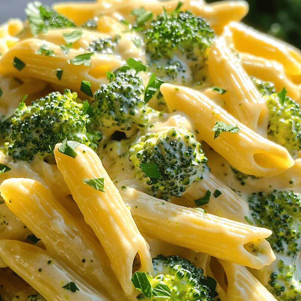 - 8 oz penne pasta - 2 cups broccoli florets - 4 cups vegetable broth - 1 cup shredded sharp cheddar cheese - 1 cup heavy cream - 1 tablespoon olive oil - 1 small onion, diced - 2 cloves garlic, minced - 1 teaspoon Dijon mustard - Salt and pepper to taste - Fresh parsley for garnish In this recipe, I use simple, fresh ingredients. The penne pasta serves as a great base. It holds sauce well and mixes nicely with broccoli. Broccoli florets add color and nutrients. The vegetable broth makes the dish flavorful and comforting. For the creamy goodness, I use heavy cream and sharp cheddar cheese. The cheese gives a rich taste. The heavy cream helps make the dish smooth. I always add onion and garlic for a tasty aroma. The Dijon mustard adds a bit of zing that brightens the entire dish. Remember to season with salt and pepper to make everything pop. Lastly, I love garnishing with fresh parsley. It adds a nice touch and a fresh flavor. Overall, these ingredients come together to make a delightful meal. First, heat one tablespoon of olive oil in a large pot over medium heat. Add one small diced onion and two minced garlic cloves. Sauté these until the onion turns translucent, about three to four minutes. This step builds a great base flavor. Next, add eight ounces of penne pasta and two cups of broccoli florets to the pot. Pour in four cups of vegetable broth. Stir everything together. Bring the mixture to a boil. Once boiling, reduce the heat and let it simmer. Cook for about ten to twelve minutes. Stir occasionally. You want the pasta to be al dente and the broccoli tender. After cooking, stir in one cup of heavy cream and one teaspoon of Dijon mustard. Add salt and pepper to taste. Then, gradually mix in one cup of shredded sharp cheddar cheese. Keep stirring until the cheese melts and the sauce becomes creamy. Let it cook for an additional two to three minutes. Taste your dish and adjust the seasoning. If needed, add more salt or pepper. To serve, scoop the creamy pasta into bowls. Top with fresh chopped parsley for a nice touch. Enjoy your meal warm! To stop pasta from sticking, use enough water. Make sure the water is boiling before you add the pasta. Stir the pasta often while it cooks. This keeps it from clumping together. For broccoli, add it to the pot during the last few minutes of cooking. This way, it stays tender but not mushy. You want it bright green and crisp. If you don't have heavy cream, try using half-and-half or whole milk. You can also use a plant-based cream if you want a dairy-free option. For pasta, penne works great, but you can use rotini or fusilli. These shapes hold the sauce well and add a fun twist. Add herbs for extra taste. Fresh basil or thyme makes the dish pop. You can also sprinkle in some red pepper flakes for heat. This adds a nice kick if you like spice. Adjust the amount based on your taste. {{image_2}} You can make this dish even cheesier. Try adding different cheeses like mozzarella or gouda. Mixing in sharp cheddar gives a bold taste. You can also use creamy cheeses like cream cheese for a rich texture. Each cheese adds a unique flavor twist. Want to add some protein? You can include cooked chicken or shrimp. Simply add them in during the last few minutes of cooking. For a vegetarian option, try adding chickpeas or beans. These options keep your meal filling and tasty. If you need gluten-free choices, use gluten-free pasta. Many brands offer great options. To make it vegan, swap heavy cream for coconut milk. You can also use vegan cheese made from nuts or soy. These swaps keep the creamy texture and flavor without dairy. To store your creamy broccoli cheddar pasta, let it cool first. This helps prevent moisture build-up. Use airtight containers for best results. Glass or plastic containers work well. Make sure the lids fit tightly to keep the food fresh. You can reheat leftovers in the microwave or on the stovetop. If using a microwave, place the pasta in a bowl and cover it loosely. Heat in short bursts, stirring in between. For stovetop, place it in a pot over low heat. Stir often to prevent sticking. Add a splash of milk or cream to keep it creamy. In the fridge, your pasta lasts about 3 to 4 days. If you want to keep it longer, you can freeze it. For freezing, use freezer-safe containers. It can last up to 2 months in the freezer. When ready to eat, thaw it overnight in the fridge before reheating. Making this dish takes about 25 minutes from start to finish. You’ll need 10 minutes to prep your ingredients. Cooking the pasta and broccoli takes about 15 minutes. This quick time makes it perfect for busy days. Yes, you can use frozen broccoli. Frozen broccoli is easy and saves time. It cooks quickly and is often pre-washed. However, fresh broccoli may offer a better texture. Frozen can become soft, so be mindful while cooking. You can easily scale this recipe. Just double or triple the ingredients. Keep the same cooking time, but check for doneness. You can also add more cheese for extra creaminess. This makes it easy to feed a crowd! This blog post covered how to make Creamy Broccoli Cheddar Pasta in one pot. We discussed key ingredients, the cooking process, and helpful tips. Creating this dish is fun and easy. You can customize it to your taste, making it perfect for everyone. Don't forget to store leftovers properly for later. Enjoy your cooking and share this recipe with friends! It's a delicious way to enjoy pasta and veggies.