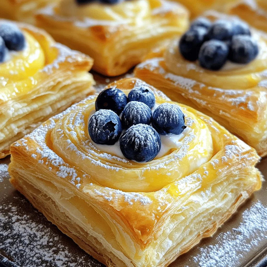 - 1 sheet of puff pastry, thawed - 8 oz cream cheese, softened - 1/2 cup powdered sugar - 1 teaspoon vanilla extract - 1 egg yolk - 1 tablespoon lemon juice - 1/4 cup fresh blueberries (or fruit of choice) - 1 egg, beaten (for egg wash) - Powdered sugar for dusting You can swap cream cheese for ricotta or mascarpone. These will change the taste but keep it creamy. For a sweeter note, try using maple syrup instead of powdered sugar in the filling. If you lack blueberries, feel free to use strawberries, raspberries, or even peaches. Each fruit adds a different twist! Each serving has about 300 calories. It also provides 6 grams of protein and 18 grams of fat. There are 30 grams of carbs, with 1 gram being fiber. These numbers can vary based on your ingredient choices. For a lighter version, consider using low-fat cream cheese. Start by preheating your oven to 400°F (200°C). This high heat helps the pastry puff up nicely. Next, line a baking sheet with parchment paper. This keeps the Danish from sticking. On a clean surface, sprinkle a little flour to prevent sticking. Roll out the puff pastry. You want it smooth and slightly bigger. Cut it into four equal squares. In a bowl, mix the softened cream cheese, powdered sugar, vanilla extract, egg yolk, and lemon juice. Beat this mixture until it is smooth and creamy. This is the delicious filling. Place a generous spoonful of the cream cheese mixture in the center of each square. Be sure not to overfill, or it may spill out while baking. Fold each corner of the pastry squares toward the center. This creates a lovely pinwheel shape. Pinch the corners together to seal them well. Brush the tops of the Danish with the beaten egg. This makes them golden and shiny. Place a few fresh blueberries on top of each pastry for burst of flavor. Bake in the preheated oven for about 15-20 minutes. Watch them closely until the pastry is golden and puffed. Once baked, remove the Danish from the oven. Let them cool on a wire rack for a few minutes. This keeps the bottom crispy. Before serving, dust the tops with a little powdered sugar. This adds a nice touch and sweetness. Enjoy your Creamy Cheese Danish warm or at room temperature! To get a great puff pastry, start with a good quality sheet. I like to thaw it slowly in the fridge. This helps keep the layers intact. When you roll it out, use a lightly floured surface. This prevents sticking. Roll it gently to smooth out creases and expand it a bit. Cutting it into equal squares helps ensure even baking. One common mistake is overworking the pastry. If you handle it too much, it can become tough. Always keep the dough cold. If it warms up, pop it back in the fridge for a few minutes. Another mistake is not sealing the corners well. If they are not sealed, the filling may leak out during baking. Lastly, remember to brush the tops with egg wash for a nice golden color. You can serve these Creamy Cheese Danishes warm or at room temperature. They pair well with fresh fruit like strawberries or raspberries. A cup of coffee or tea makes a great drink choice. For a twist, add a drizzle of honey or chocolate sauce on top. These ideas will make your dessert even more tasty and fun! {{image_2}} You can change the filling of your Creamy Cheese Danish to match your taste. Instead of the classic cream cheese mix, try using fruit. Fresh strawberries or raspberries work well. You can also use chocolate chips for a sweet twist. Just remember to adjust the sugar if your fruit is sweet. Want a lighter version? Use low-fat cream cheese instead of regular. It keeps the taste creamy while cutting calories. You can also swap powdered sugar for a sugar substitute. This way, you enjoy a tasty treat without the extra guilt. Toppings can elevate your Danish. A simple glaze made from powdered sugar and lemon juice adds a nice shine. You can also sprinkle nuts on top for a crunch. Feeling adventurous? Try a drizzle of chocolate or caramel for extra flavor. Each option gives your Danish a unique twist! After enjoying your creamy cheese Danish, let any leftovers cool completely. Then, place them in an airtight container. This keeps them fresh for up to three days in the fridge. Make sure to separate layers with parchment paper to avoid sticking. To freeze your Danish, wrap each piece tightly in plastic wrap. Then, place them in a freezer bag. They can last up to two months in the freezer. When ready to enjoy, simply thaw them in the fridge overnight. Reheat your Danish in the oven for the best taste. Set the oven to 350°F (175°C) and bake for about 10 minutes. This warms them through and makes the pastry crispy again. You can also use a microwave, but it may soften the pastry. Enjoy your treat warm! Yes, you can make Creamy Cheese Danish ahead of time. Prepare the filling and pastry separately. Store the filling in the fridge. Roll out the pastry and cut it into squares, then keep them in the fridge. When you are ready, fill the pastries and bake them. This way, you have fresh Danish when you need them. If you need a substitute for cream cheese, try using mascarpone cheese. It has a similar taste and texture. You can also use ricotta cheese for a lighter option. Just remember to drain any excess liquid from ricotta before mixing. Greek yogurt is another choice, but it will be tangier. To keep the pastry from getting soggy, make sure to pre-bake the puff pastry for a few minutes. This seals the surface and keeps moisture out. Also, do not overfill the pastries with the cheese mixture. A generous spoonful is enough. Lastly, bake them until golden brown for a crispy finish. This article covered the key steps to make a great Creamy Cheese Danish. We discussed ingredients, baking instructions, and tips for success. You learned how to avoid mistakes and store leftovers properly. In conclusion, these steps will help you create a tasty treat. Feel free to explore variations and ingredients to make it your own. Enjoy every bite and share with friends!