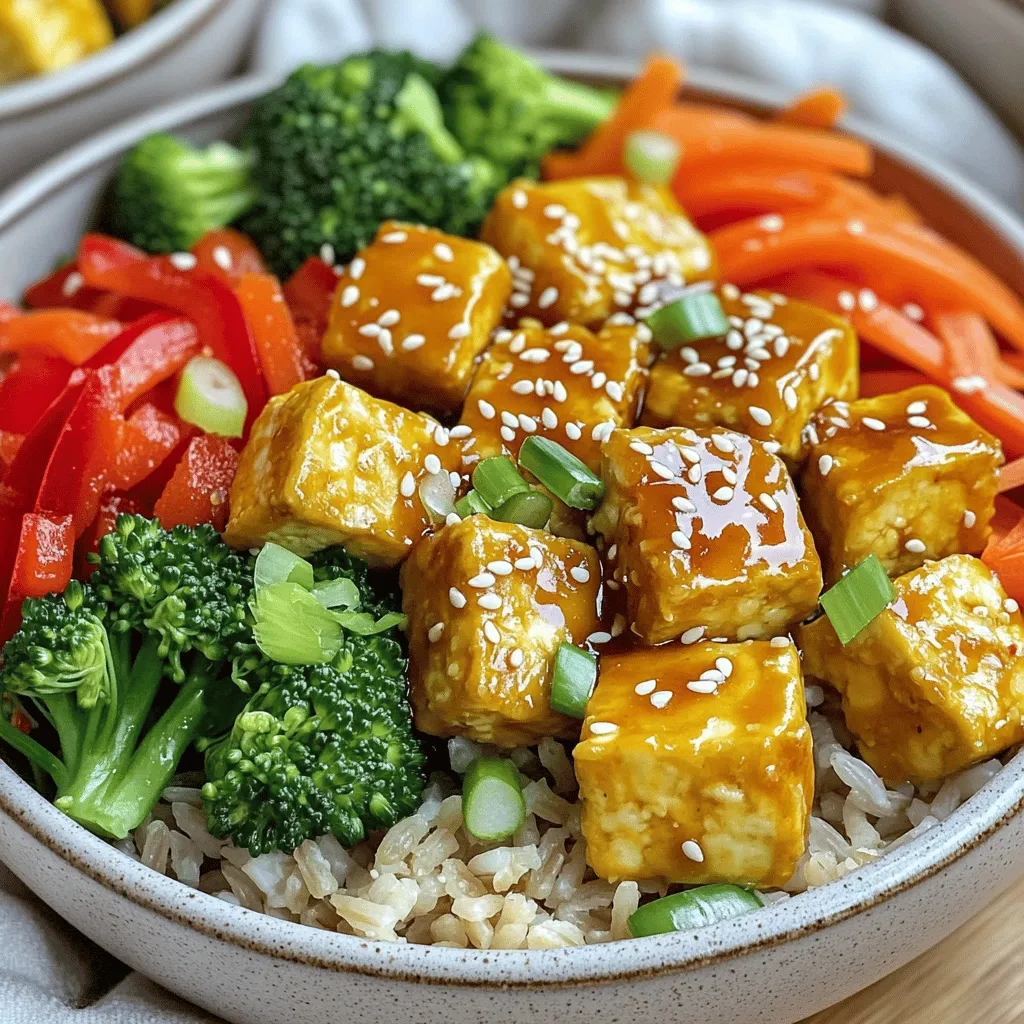 - 1 block (14 oz) firm tofu - 3 tablespoons cornstarch - 2 tablespoons vegetable oil - 1 cup cooked brown rice - 1 red bell pepper, sliced - 1 cup broccoli florets - 1 carrot, julienned - ½ cup edamame (shelled) - 3 green onions, sliced - Sesame seeds for garnish - ¼ cup sweet chili sauce - 1 tablespoon soy sauce - 1 tablespoon rice vinegar - 1 teaspoon sesame oil For this dish, I use firm tofu. It holds its shape well and has a great texture. I press it to remove water, making it crispier when cooked. Cornstarch is key. It creates a nice coating on the tofu. This gives it a crunchy bite. I add vegetable oil to the skillet for frying. It helps the tofu turn golden and crispy. For the base, I use cooked brown rice. It adds fiber and a nutty flavor. The veggies are colorful and packed with nutrients. I like using red bell pepper for sweetness. Broccoli florets add a nice crunch. Carrots bring a slight earthiness, and edamame adds protein. The green onions are fresh and bright. I sprinkle sesame seeds on top for extra texture. The sweet chili sauce is simple but tasty. I mix sweet chili sauce, soy sauce, rice vinegar, and sesame oil. This combination brings a tangy, sweet flavor that coats everything perfectly. With these ingredients, I create a flavorful and healthy dish. Each bite is a mix of textures and tastes. You will love how they all come together! First, drain the tofu. Press it gently to remove excess water. Next, cut the tofu into bite-sized cubes. Place the cubes in a medium bowl. Add cornstarch and toss until the tofu is well coated. Heat vegetable oil in a large skillet over medium-high heat. Once hot, add the coated tofu. Cook for about 5-7 minutes. Turn the tofu occasionally. You want all sides to turn golden and crispy. When ready, remove the tofu from the skillet and set aside. In the same skillet, add a little more oil if needed. Now, add the sliced red bell pepper, broccoli florets, carrot, and edamame. Stir-fry the vegetables for about 4-5 minutes. They should be tender but still crisp. In a small bowl, whisk together the sweet chili sauce, soy sauce, rice vinegar, and sesame oil. Pour this mixture over the sautéed vegetables. Bring it to a gentle simmer. Add the crispy tofu back to the skillet. Toss it gently with the vegetable and sauce mixture. Cook for an additional 2-3 minutes. This step heats everything through. Divide the cooked brown rice among serving bowls. Top each bowl with the sweet chili tofu and vegetable mixture. Finally, sprinkle sliced green onions and sesame seeds on top. This adds extra crunch and flavor. Enjoy your tasty Sweet Chili Tofu Bowls! - Best practices for pressing tofu: Start with firm tofu. Wrap it in a clean kitchen towel or paper towels. Place a heavy object on top, like a cast-iron pan. Let it sit for at least 15 minutes. This step removes excess water for better texture. - Achieving crispiness with cornstarch: After pressing, cut the tofu into bite-sized cubes. Toss the cubes in cornstarch in a bowl. Ensure each piece is well coated. This will help create a golden, crispy crust when cooked. - How to maintain vegetable color and texture: When you sauté vegetables, use high heat. This helps them cook fast while keeping their bright colors. Stir them often to avoid burning. Aim for tender-crisp texture, which is both tasty and vibrant. - Recommended vegetable combinations: Use a mix of colors and textures. Red bell pepper adds sweetness. Broccoli gives crunch, while carrots add a slight earthiness. Edamame brings protein and a pop of color. This mix creates a balanced and appealing dish. - Adjusting sweetness and spice levels: If you like it sweeter, add more sweet chili sauce. For heat, try adding red pepper flakes or sriracha. Taste the sauce as you mix it. Adjust to suit your preference for spice and sweetness. - Adding extra flavors: You can enhance the sauce by adding minced garlic or ginger. A splash of lime juice can also brighten the flavors. Experiment with different herbs like cilantro or basil for a fresh twist. {{image_2}} You can switch up the protein in your Sweet Chili Tofu Bowls. Tempeh is a great choice. It has a nutty flavor and a firm texture. Seitan is another option. It mimics meat well and adds chewiness. You can also add beans for extra protein. Chickpeas or black beans work well here. They boost nutrition and add heartiness to your meal. Feel free to get creative with your veggies. Seasonal vegetables add freshness. You can use zucchini, snap peas, or asparagus. Swap out the red bell pepper for yellow or orange peppers for a sweet twist. You can also try cauliflower or bok choy for more flavor. These swaps can change the taste and look of your dish. Pair your Sweet Chili Tofu Bowls with different grains. Quinoa or farro can replace brown rice. They each add a unique flavor and texture. You can also serve them with a side salad. A crisp cucumber salad or tangy slaw complements the dish well. These options keep your meal light and refreshing. Store your sweet chili tofu bowls in the fridge. They last about 3 to 4 days. Use airtight containers to keep them fresh. Glass jars or plastic containers work well. Make sure to let them cool before sealing. Reheat your bowls in the microwave or on the stove. If using a microwave, warm them in short bursts. Stir often to heat evenly. For the stove, use a skillet on low heat. Add a splash of water to avoid drying. This keeps the tofu crispy and the veggies tender. You can freeze sweet chili tofu bowls too. Pack them in airtight containers or freezer bags. They stay good for up to 2 months. When you're ready to eat, thaw in the fridge overnight. Reheat as mentioned above to enjoy a quick meal. Yes, you can use frozen tofu. Frozen tofu has a unique texture. It becomes spongy and absorbs flavors well. This can enhance the taste of your dish. However, it can also be a bit crumbly. Make sure to thaw it completely before cooking. Yes, this recipe can be gluten-free. Use gluten-free soy sauce instead of regular soy sauce. This small change makes the whole dish safe for those with gluten issues. Check sweet chili sauce labels for gluten ingredients. Many brands offer gluten-free options. You can add heat in a few ways. Try adding red pepper flakes while cooking the tofu. You can also drizzle sriracha over the finished bowl. For a fresh kick, slice up fresh chili peppers. Adjust the heat based on your taste. Yes, you can prepare parts ahead of time. Cook the tofu and veggies earlier in the day. Store them separately in the fridge. When you’re ready to eat, just reheat and combine. This saves time and keeps flavors fresh. This dish combines crispy tofu and fresh veggies for a tasty bowl. You learned how to prepare tofu, sauté vegetables, and make a flavorful sauce. We also explored tips for crispiness and ways to customize the meal. Don’t forget storage tips and variations. This recipe not only fits your schedule but also satisfies your taste. Enjoy your cooking adventure and don’t hesitate to make it your own!