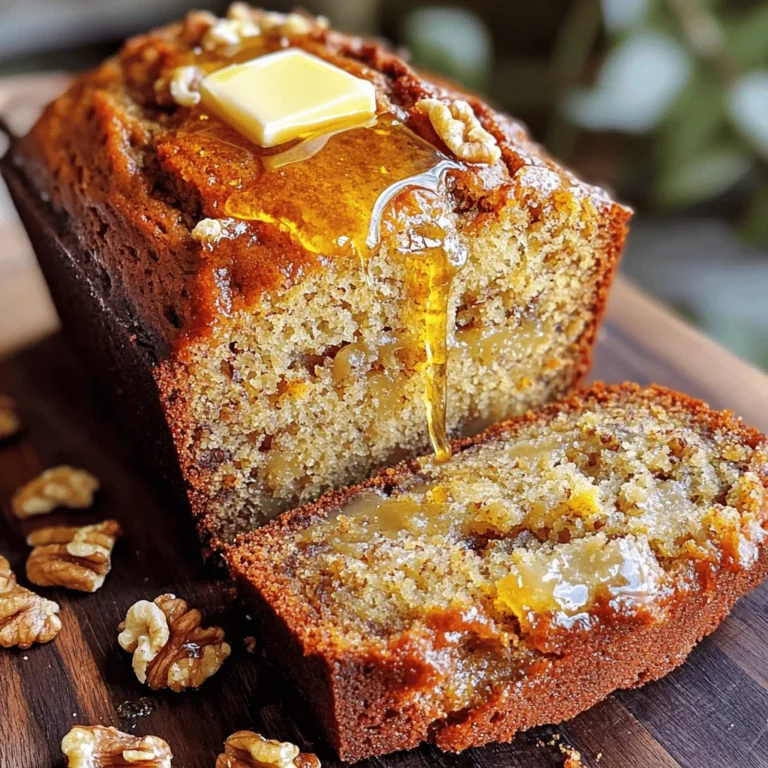 - 4 ripe bananas, mashed - 1/3 cup melted butter - 1 teaspoon baking soda - Pinch of salt - 3/4 cup sugar (can reduce to 1/2 cup for less sweetness) - 1 large egg, beaten - 1 teaspoon vanilla extract - 1 cup all-purpose flour - 1/2 cup chopped walnuts or pecans (optional) - 1/2 teaspoon ground cinnamon (optional) Ripe bananas are key for this bread. They bring natural sweetness and moisture. Overripe bananas work best. Their soft texture blends easily into the batter. You can mash them with a fork or potato masher. Melted butter adds richness. It also helps create a tender crumb in the bread. You can use coconut oil for a dairy-free option. Baking soda helps the bread rise. It reacts with the acidity in the bananas. This gives the bread a light texture. Don't skip the salt; it enhances flavor. Sugar adds sweetness and moisture. You can cut the sugar to 1/2 cup for less sweetness. If you want a vegan option, replace the egg with 1/4 cup of applesauce or a flax egg. Vanilla extract adds depth to the flavor. It complements the bananas well. All-purpose flour is what binds everything together. For gluten-free bread, use a gluten-free flour blend. Chopped nuts add crunch and flavor. Walnuts or pecans work great. If you skip the nuts, the bread stays moist and soft. Ground cinnamon is optional but brings warmth. It pairs well with the bananas. If you like, try other spices like nutmeg for a twist. First, grab your ripe bananas. You need four of them. Place them in a bowl and mash them with a fork. Make them smooth but leave some small chunks for texture. Next, add 1/3 cup of melted butter to the mashed bananas. Mix them well until they form a creamy blend. Now, stir in 1 teaspoon of baking soda and a pinch of salt. This helps the banana bread rise and taste great. After that, add 3/4 cup of sugar, 1 large beaten egg, and 1 teaspoon of vanilla extract. Mix until the batter is frothy and well combined. When it’s time to add the flour, use 1 cup of all-purpose flour. Slowly add it to your mixture. Mix just until you see no dry flour. This is key! Do not overmix; it will make your bread tough. If you like, fold in 1/2 cup of chopped walnuts or pecans, and 1/2 teaspoon of ground cinnamon. These add flavor and crunch. Preheat your oven to 350°F (175°C). While waiting, grease a 9x5 inch loaf pan. This helps the bread come out easily later. Pour your batter into the prepared pan. Smooth the top with a spatula for a nice finish. Place the pan in the oven and bake for 60-65 minutes. You know it’s done when a toothpick inserted in the center comes out clean. Keep an eye on the bread. If it’s browning too fast, cover it with foil. This keeps it from burning. Once baked, remove the pan from the oven. Let it cool in the pan for about 10 minutes. This makes it easier to take out. After that, transfer the bread to a wire rack. Let it cool completely before slicing. For serving, slice the banana bread and enjoy it warm. Add a pat of butter on top. For a sweet twist, drizzle honey or maple syrup over each slice. It makes the bread even more delightful! To keep your banana bread moist, use ripe bananas. Ripe bananas have more sugar, which helps with moisture. Mash them well for even mixing. Use melted butter instead of solid butter, which helps blend better. Room temperature eggs mix more smoothly, leading to a fluffier bread. If your bread doesn't rise, check your baking soda. It should be fresh. If it's old, buy new baking soda. Overmixing can also lead to a dense loaf. Mix just until combined. If dryness happens, try adding a bit more butter or a splash of milk. Use a 9x5 inch loaf pan for best results. It helps the bread bake evenly. A non-stick pan makes removal easy. An oven thermometer is key to ensure your oven is at the right temperature. This helps your bread rise and bake properly. {{image_2}} You can boost the flavor of your banana bread with fun add-ins. Chocolate chips add a sweet touch. Just fold in about a cup for a rich bite. You can also try dried fruits like raisins or cranberries. They add a chewy texture and extra sweetness. For a warm twist, think about adding spices. A sprinkle of nutmeg or ginger can elevate the taste. Just half a teaspoon of each will do. These little changes can take your banana bread to the next level. Adding nuts or seeds can give your banana bread a nice crunch. Walnuts and pecans are classic choices. You can also use sunflower seeds or chia seeds for a healthier boost. Keep in mind that mix-ins might change the baking time. They can make the bread take a bit longer to bake. Always check for doneness with a toothpick. If you want to make your banana bread healthier, there are easy swaps. Start by reducing the sugar. You can cut it down to half a cup. This still keeps it sweet without being too much. You can also add oats or flaxseed to enhance the nutrition. Both add fiber and help you feel full. Just a half cup of oats is great. These small changes can make your banana bread a bit better for you without losing taste. To keep your banana bread fresh at room temperature, wrap it in plastic wrap. This helps seal in moisture. Place the wrapped bread in a cool, dry spot. Avoid direct sunlight or heat sources. When stored this way, your banana bread stays soft for about four days. For longer storage, freeze your banana bread. First, let it cool completely. Then, wrap it tightly in plastic wrap. You can also use aluminum foil for extra protection. Label the wrap with the date. When you're ready to enjoy it, let it thaw in the fridge overnight. Reheat slices in the microwave for about 10-15 seconds. This keeps the bread warm and soft. Banana bread lasts about four days at room temperature. If frozen, it can last up to three months. Check for signs of spoilage. If you see mold or a sour smell, it's time to toss it. A dry or crumbly texture also means it’s past its prime. Keeping an eye on these signs helps you enjoy your banana bread at its best. Yes, you can use frozen bananas for banana bread. In fact, overripe bananas work best. When bananas freeze, their texture changes, making them mushy when thawed. This mushiness is perfect for mixing into your batter. Just thaw the bananas and drain any excess liquid before mashing. This will ensure your bread stays moist and flavorful. Your banana bread may be too dense for several reasons. Here are some common causes: - Overmixing: Mixing the batter too much can create tough bread. Stir just until the flour is combined. - Too many bananas: Using too many bananas can add excess moisture. Stick to the recipe amount. - Wrong flour type: Using whole wheat flour can result in denser bread. All-purpose flour is best for lightness. To fix a dense loaf, try reducing the bananas or mixing gently. You can make banana bread healthier with simple swaps: - Reduce sugar: Cut sugar to 1/2 cup or use honey. - Swap butter for applesauce: This lowers fat and calories. - Add oats or flaxseed: These boost fiber and nutrition. You can also fold in some nuts or seeds for healthy fats and protein. Banana bread is great on its own, but you can enhance it: - Warm it up: A quick heat in the microwave makes it soft. - Toppings: Add a pat of butter, honey, or maple syrup. - Pair it: Enjoy with coffee or tea for a perfect snack. For a fun twist, try adding a dollop of yogurt on top. For the complete Moist Banana Bread Delight recipe, check [here](#). In this post, we explored the key ingredients and steps for perfect banana bread. You learned how to prep, mix, and bake for the best results. We covered tips for texture, troubleshooting, and variations to spark your creativity. Plus, you gained insights on storage and shelf life. Now, you can enjoy delicious banana bread any time. Remember, the right techniques and a few tweaks can elevate your baking game. Enjoy making your own moist banana bread, and share it with friends and family!