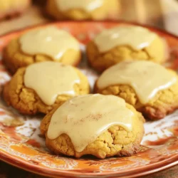 To make chewy pumpkin cookies with maple icing, you need the best ingredients. Each one adds flavor and texture. Here is the list of what you'll need: - 1 cup canned pumpkin puree - 1/2 cup unsalted butter - 1 cup brown sugar, packed - 1/2 cup granulated sugar - 1 large egg - 2 teaspoons vanilla extract - 2 cups all-purpose flour - 1 teaspoon baking soda - 1 teaspoon ground cinnamon - 1/2 teaspoon ground nutmeg - 1/2 teaspoon ground ginger - 1/4 teaspoon salt - 1 cup powdered sugar (for icing) - 2 tablespoons maple syrup - 1 tablespoon milk (as needed) Canned pumpkin puree is key for that rich pumpkin flavor. Unsalted butter gives the cookies a nice, creamy base. The two types of sugar create a soft and chewy texture. An egg binds everything together. Vanilla adds warmth. All-purpose flour and baking soda help the cookies rise. Spices like cinnamon, nutmeg, and ginger bring autumn vibes. Use salt to enhance all these flavors. For the maple icing, powdered sugar, maple syrup, and milk blend to a smooth finish. Adjust the milk to get the right consistency. With these ingredients, you can create a delightful treat that everyone will love! Preheating the Oven First, set your oven to 350°F (175°C). This helps the cookies bake evenly. Creaming Butter and Sugars In a large bowl, add 1/2 cup of softened unsalted butter, 1 cup of brown sugar, and 1/2 cup of granulated sugar. Mix them well until the mixture becomes light and fluffy. This step adds air and makes your cookies soft. Adding Pumpkin, Egg, and Vanilla Next, add 1 cup of canned pumpkin puree, 1 large egg, and 2 teaspoons of vanilla extract into the bowl. Stir until everything is well combined. This blend gives the cookies their rich flavor and moist texture. Whisking Flour and Spices In another bowl, whisk together 2 cups of all-purpose flour, 1 teaspoon of baking soda, 1 teaspoon of ground cinnamon, 1/2 teaspoon of ground nutmeg, 1/2 teaspoon of ground ginger, and 1/4 teaspoon of salt. This mix creates the base flavor profile of your cookies. Integrating Dry Ingredients with Wet Mixture Gradually add the dry mix to your wet ingredients. Stir gently until just combined. Be careful not to over-mix. This helps keep your cookies chewy. Portioning the Dough Using a cookie scoop or a spoon, drop rounded tablespoons of dough onto a lined baking sheet. Space them about 2 inches apart. This gives them room to spread while baking. Baking Time and Temperature Bake the cookies in your preheated oven for 12 to 15 minutes. They should be set and slightly golden at the edges. The centers will look soft. Cooling the Cookies Once baked, take the cookies out and let them cool on the baking sheet for 5 minutes. Then, transfer them to a wire rack. Allow them to cool completely before icing. This prevents the icing from melting. To get the best chewy cookies, follow these tips: - Storage Tips for Freshness: Store your cookies in an airtight container. This keeps them soft. You can also place a slice of bread in the container. The bread keeps the cookies moist. Replace the bread slice if it gets hard. - Alternative Baking Methods: Try baking the cookies at a lower temperature. Set the oven to 325°F (165°C). This makes them chewy and soft. Check them a bit earlier, about 10-12 minutes. Creating perfect icing is easy with these steps: - Adjusting Icing Consistency: Start with 2 tablespoons of maple syrup and 1 tablespoon of milk. Mix in powdered sugar until smooth. If it's too thick, add more milk. Aim for a pourable icing that coats the back of a spoon. - Timing for Drizzling: Always wait for the cookies to cool. This keeps the icing from melting. Once cool, drizzle the icing in a zigzag pattern. Let it set for a few minutes before serving. {{image_2}} You can make these cookies even more fun by adding extras. Try mixing in chocolate chips or chopped nuts. Both options add a nice crunch and flavor. If you want a twist, use different spices. Cardamom and allspice can give a warm, cozy taste. Think about your favorite flavors and mix them in. If you need a gluten-free option, you can swap the all-purpose flour for a gluten-free blend. Look for a blend that has xanthan gum. For a vegan version, replace the egg with a flax egg. To make a flax egg, mix one tablespoon of ground flaxseed with three tablespoons of water. Let it sit for a few minutes to thicken. Use coconut oil instead of butter for a dairy-free twist. These changes keep your cookies tasty and fun for everyone! - Airtight Containers: Store your chewy pumpkin cookies in an airtight container. This helps keep them soft and fresh. Make sure the cookies are fully cooled before sealing them. If you stack them, place parchment paper between layers to avoid sticking. - Freezing Cookies: To save some cookies for later, freeze them. Place the cooled cookies in a single layer on a baking sheet. Freeze until solid, then transfer them to a freezer bag. They can last up to three months in the freezer. - Room Temperature vs Refrigerator: At room temperature, these cookies stay good for about a week. If you refrigerate them, they might dry out quicker. So, I suggest keeping them in a cool, dry place. - Signs of Spoilage: Check for any strange smells or a dry texture. If the cookies feel hard or crumbly, they may be past their prime. Discard any cookies that show signs of mold or an off smell. To make chewy pumpkin cookies, follow these key steps: 1. Preheat the oven: Set it to 350°F (175°C) and prepare a baking sheet with parchment. 2. Cream butter and sugars: Mix the softened butter, brown sugar, and granulated sugar until fluffy. 3. Add wet ingredients: Stir in canned pumpkin, egg, and vanilla extract until fully mixed. 4. Combine dry ingredients: In another bowl, whisk together flour, baking soda, cinnamon, nutmeg, ginger, and salt. 5. Mix it all: Gradually add the dry mix to the wet mix, stirring just until combined. 6. Scoop and bake: Drop rounded tablespoons of dough on the sheet, spacing them apart. Bake for 12-15 minutes. 7. Cool down: Let cookies cool on the sheet for 5 minutes, then transfer them to a wire rack. 8. Prepare maple icing: Whisk powdered sugar, maple syrup, and milk. Drizzle over cooled cookies. This method ensures soft, chewy cookies with a sweet maple icing. Yes, you can use fresh pumpkin, but consider these pros and cons: Pros: - Fresh pumpkin has a vibrant flavor. - It can be more nutritious. Cons: - You must cook and puree it first, which takes time. - Sometimes, fresh pumpkin has more water, which may change the cookie texture. If you choose fresh pumpkin, ensure it is well-drained to keep your cookies chewy. Pair these cookies with drinks and snacks for a delightful experience: - Coffee or Tea: A warm cup complements the spices. - Milk: A classic pairing with cookies. - Ice Cream: Vanilla or caramel flavors work well. For a festive touch, serve on a decorative plate or stack them with a ribbon. Enjoying these cookies with friends makes them even better! You now have all you need to make chewy pumpkin cookies with maple icing. We covered key ingredients, step-by-step instructions, and useful tips. Remember, the right spices give these cookies their special taste. Store them well to keep them fresh and tasty. You can even try fun variations like nuts or gluten-free options. These cookies will surely impress your friends and family. Enjoy baking and tasting this delicious treat!