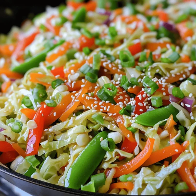 - 1 medium green cabbage, finely shredded - 1 large carrot, julienned - 1 red bell pepper, thinly sliced - 1 cup snap peas, trimmed - 3 cloves garlic, minced - 1-inch ginger, grated - 3 tablespoons soy sauce - 1 tablespoon sesame oil - 2 tablespoons vegetable oil - 1 teaspoon sesame seeds - Salt and pepper to taste - Green onions, sliced (for garnish) The key to a great Asian cabbage stir fry is fresh, vibrant ingredients. I love using green cabbage for its crispness and mild taste. It adds bulk and nutrition. The carrot brings a sweet crunch, while the red bell pepper adds color and flavor. Snap peas give a nice snap, making every bite exciting. The aromatics truly elevate this dish. Garlic adds depth, and ginger brings warmth. Together, they create a fragrant base that makes your kitchen smell amazing. Don’t forget the sauces and oils! Soy sauce adds that umami taste we crave. Sesame oil gives a nutty flavor that rounds it all out. I use vegetable oil for frying since it has a high smoke point. The sesame seeds on top add a little crunch, and green onions make it look pretty. Gather these ingredients, and you’ll be ready to create something delicious and healthy! - Heat the vegetable oil in a large skillet or wok over medium-high heat. - Add garlic and ginger, stirring until fragrant. - Toss in shredded cabbage and sauté until wilted. - Add carrot, bell pepper, and snap peas, and stir-fry until tender-crisp. - Drizzle soy sauce and sesame oil, seasoning to taste. - Remove from heat, garnish with sesame seeds and green onions. To make this stir fry, start by heating the oil in your skillet or wok. This step helps the flavors come alive. Once hot, toss in the minced garlic and grated ginger. Stir them until you smell their sweet aroma. This usually takes about 30 seconds. Next, add the finely shredded cabbage. Stir it well for 2-3 minutes until it starts to wilt. This keeps the cabbage crunchy yet soft. Then, throw in the julienned carrot, sliced red bell pepper, and snap peas. Stir-fry these veggies for 3-4 minutes until they become tender-crisp. This mix of colors and textures makes the dish vibrant. Finally, drizzle the soy sauce and sesame oil over your veggies. Make sure to stir everything well. This helps coat each vegetable with flavor. Season with salt and pepper to taste. After stirring for another minute, you can remove the skillet from the heat. Top your stir fry with sesame seeds and sliced green onions for a nice finish. This adds both crunch and a pop of color. Enjoy your tasty and healthy Asian cabbage stir fry! - Use high heat for a quick cooking time. This helps veggies cook fast and stay crisp. - Don’t overcrowd the pan for even cooking. Cook in batches if needed to keep things hot. - Experiment with extra seasonings like chili flakes or hoisin sauce. These add depth to your dish. - Allow ingredients to remain crisp for a better texture. This makes every bite enjoyable and fresh. - Pair with rice or noodles for a complete meal. This adds a nice touch and fills you up. - Serve as a side dish to complement main courses. It goes well with chicken, fish, or tofu. {{image_2}} You can add protein to your stir fry in many ways. Here are a few ideas: - Tofu: Use firm tofu for a great texture. - Chicken: Thinly slice chicken breast for quick cooking. - Shrimp: Choose peeled and deveined shrimp for ease. - Beef: Use flank steak cut into thin strips. Each option adds flavor and makes the dish more filling. Mixing up your veggies keeps things fresh. Try these tasty swaps: - Bok choy: It adds a nice crunch. - Broccoli: Chop it into bite-sized pieces for a hearty bite. - Bell peppers: Use different colors for a visual feast. These choices keep your stir fry colorful and fun. You can make simple swaps to fit your diet. Consider these options: - Tamari: Use this instead of soy sauce for gluten-free meals. - More veggies: Add extra vegetables for a low-carb dish. These changes help you enjoy a healthy meal without missing out on taste. Store any leftovers in an airtight container. They will stay fresh in the fridge for up to 3 days. Make sure to cool them down before sealing. This helps keep flavors intact. You can freeze this dish for later. Place it in meal-sized portions. It will last in the freezer for up to 2 months. When you’re ready to eat, thaw it in the fridge overnight. To reheat, use the stovetop or microwave. If using a pan, add a splash of water to avoid sticking. Stir well to heat evenly. Enjoy your stir fry hot for the best taste! Yes, it’s great for meal prepping for the week. You can store it in the fridge for easy lunches or dinners. Just pack it in airtight containers. This way, you save time and enjoy a quick, healthy meal. Use tofu and ensure soy sauce is plant-based. Tofu adds protein and a nice texture. You can sauté it with the garlic and ginger to let it absorb the flavors. It will make your stir fry hearty and satisfying. Avoid overcooking the vegetables to maintain their crunch. Cook them just until they are bright and tender-crisp. This keeps the flavors fresh and the colors vibrant. If they get too soft, the stir fry will lose its appeal. Yes, Napa cabbage or savoy cabbage can also be used. Each type brings a unique taste and texture. Napa cabbage is softer, while savoy has a crinkly leaf that adds interest. Feel free to mix and match for your favorite flavor! This stir-fry recipe uses fresh produce and simple sauces for big flavor. You can customize it with proteins or additional veggies. Proper heat and careful cooking help keep the crunch. Leftovers are easy to store and reheat. Enjoy this dish as a quick meal or side. Remember, cooking can be fun and creative! Take your time to try new flavors and ingredients. With practice, you’ll make a delicious stir-fry every time.