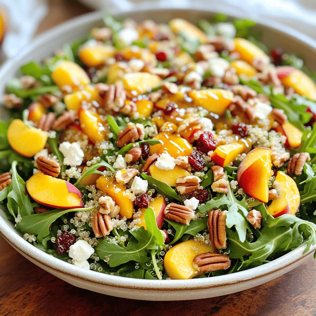 To make Millionaire Peach Salad, gather these fresh ingredients: - 4 ripe peaches, diced - 2 cups fresh arugula - 1 cup cooked quinoa - 1/2 cup feta cheese, crumbled - 1/4 cup pecans, toasted and roughly chopped - 1/4 cup dried cranberries or cherries Each item brings a unique taste. The peaches add sweetness. Arugula gives a peppery bite. Quinoa adds protein and texture. Feta brings creaminess and salt. Pecans add crunch, while cranberries or cherries give a touch of tartness. To take your salad up a notch, consider these high-end additions: - Fresh herbs like basil or mint for extra flavor - A sprinkle of edible flowers for visual appeal - A drizzle of truffle oil for an earthy depth These luxurious touches can elevate your dish. They not only enhance the taste but also make it look more gourmet. The dressing ties everything together. You will need: - 3 tablespoons honey - 2 tablespoons fresh lemon juice - 1 tablespoon extra virgin olive oil - Salt and pepper to taste Mix these ingredients well. The honey adds sweetness, while lemon juice gives brightness. Olive oil adds richness. Adjust the salt and pepper to suit your taste. This dressing will make each bite burst with flavor! First, cook the quinoa. Follow the package instructions carefully. Usually, you will rinse it first. Then, boil it in water. Use double the water to quinoa. Let it simmer until all water is gone. This takes about 15 minutes. Once done, remove it from heat. Let it cool to room temperature. This step is key for the salad. Now, in a large bowl, add the diced peaches. You need four ripe peaches, diced nicely. Next, add the fresh arugula, about two cups. Then, toss in one cup of cooked quinoa. Crumble half a cup of feta cheese on top. Add a quarter cup of toasted pecans, chopped roughly. Finally, mix in a quarter cup of dried cranberries or cherries. This mix gives the salad a nice flavor. In a small bowl, whisk together three tablespoons of honey. Add two tablespoons of fresh lemon juice. Pour in one tablespoon of extra virgin olive oil. Season with salt and pepper to taste. Whisk until it is well mixed. This dressing adds a sweet and tangy kick. Now, drizzle the dressing over the salad mix. Gently toss everything together. Make sure all the ingredients are coated well. Taste the salad and adjust the seasoning if needed. You can add more salt or pepper if you like. Serve it right away for the best taste. Enjoy the fresh, delightful flavors! To make Millionaire Peach Salad even better, focus on fresh, ripe peaches. These add sweet, juicy bites. You can also choose to grill the peaches for a smoky taste. When you cook them briefly, they get a warm, soft texture. Mix in fresh herbs like basil or mint for extra flavor. They make the meal sing! Don't forget to toast the pecans. This brings out their nutty flavor and adds crunch. Serving this salad well makes it special. Use a large, shallow bowl for a beautiful spread. Place the salad in the center and add extra peach slices on top. Sprinkle more toasted pecans for a nice touch. A drizzle of the dressing on top adds shine. This makes the dish look gourmet and inviting. A few fresh herbs can finish it off for a pop of color. Timing is key for this salad's best taste. Make the quinoa first, so it cools while you prep other items. Combine your salad just before serving. This keeps the arugula crisp and the peaches fresh. If you want to chill it, wait only 15 minutes. This gives flavors time to mix without losing crunch. Always taste the salad right before serving. Adjust salt or pepper for perfect seasoning. {{image_2}} You can mix it up with different fruits. Try using ripe nectarines or juicy plums. Both fruits add sweetness and depth. In the fall, apples and pears work well too. Their crunch pairs nicely with the soft peaches. Don’t forget to adjust the dressing to match the fruit's flavor. To make this salad more filling, add protein. Grilled chicken or shrimp can boost the meal. For a vegetarian option, try chickpeas or black beans. They add a nice texture and taste. You could also use hard-boiled eggs for extra richness. Just chop them up and mix them in. Making a vegan version is easy! Swap feta cheese for a plant-based option. You can use tofu or cashew cheese. For protein, add nuts or seeds. Use maple syrup instead of honey for the dressing. This keeps the salad sweet without animal products. Enjoy a fresh twist that fits any diet! To keep your Millionaire Peach Salad fresh, store it in an airtight container. This helps to lock in flavors and moisture. Always place the salad in the fridge. The cooler temperature keeps the ingredients crisp and vibrant. Try to eat it within 2 days for the best taste. If you notice the peaches getting soft, it's time to enjoy it! If you have leftovers, separate the dressing from the salad. The dressing can make the salad soggy if mixed too soon. Store the salad in one container and the dressing in another. When you are ready to eat, pour the dressing over the salad. Give it a gentle toss to refresh the flavors. You don’t need to heat this salad, as it tastes best cold. However, if you want the quinoa warm, gently warm it in the microwave. Be careful not to heat the salad too much. Add the cool ingredients back once the quinoa is warm. This way, you keep the fresh taste of the peaches and greens. Enjoy your delicious creation anytime! Yes, you can change some ingredients in this salad. If you do not have peaches, use ripe nectarines or plums. These fruits will still give you that sweet flavor. You can swap arugula for spinach or mixed greens. If you want a creamier texture, use goat cheese instead of feta. Experimenting with ingredients can help you find new favorites! This salad stays fresh in the fridge for about two days. After that, the peaches can turn mushy. If you keep the dressing separate, it may last longer. Just mix it in before serving. Always check for freshness before eating. You can use many nuts in this salad. Almonds, walnuts, or cashews work well. Each nut brings its own flavor and crunch. Toasting the nuts adds a nice touch. Just make sure they are chopped to a size that mixes well with the salad. Yes, you can prepare some parts ahead. Cook the quinoa and store it in the fridge. You can also chop the peaches and nuts. However, I recommend mixing everything right before serving. This keeps the salad fresh and tasty. If you must make it early, add the dressing just before you eat. This blog post explored making a fresh, tasty salad with quinoa. I shared my favorite ingredients, cooking steps, and tips for great flavor and look. You learned about variations to suit different tastes and the best ways to store your salad. Remember, you can always adapt the recipe to fit your needs. A salad can bring joy and health to your meals. Enjoy making your own unique salad today!