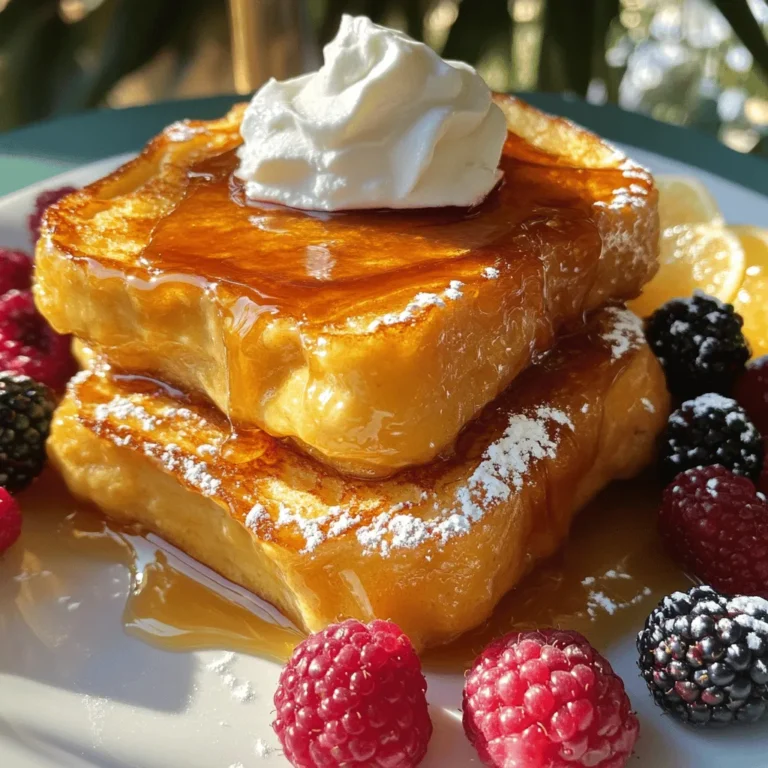 - 6 thick slices of brioche bread - 4 large eggs - 1 cup heavy cream - ½ cup whole milk - ⅓ cup granulated sugar - 1 tablespoon vanilla extract - 1 teaspoon ground cinnamon - Pinch of salt - ¼ cup brown sugar (for topping) To make Crème Brûlée French Toast, you need thick slices of brioche bread. This bread has a fluffy texture and a rich taste. Four large eggs create a creamy custard. Heavy cream and whole milk combine for a smooth blend. Granulated sugar adds sweetness, while brown sugar forms that delicious crust on top. A touch of vanilla and cinnamon gives it warmth and flavor. - Fresh berries - Whipped cream (optional, for serving) While the main ingredients shine, you can add fresh berries for a fruity touch. They add color and flavor. Whipped cream is optional, but it makes each bite extra special. You can mix and match these toppings to suit your taste. Enjoy experimenting with your favorite flavors! Start by whisking together the eggs and cream. This is key for a smooth custard. In a large bowl, add: - 4 large eggs - 1 cup heavy cream - ½ cup whole milk - ⅓ cup granulated sugar - 1 tablespoon vanilla extract - 1 teaspoon ground cinnamon - Pinch of salt Whisk until it all blends well. The vanilla and cinnamon add a lovely flavor. Feel free to adjust the cinnamon to your taste. Next, it’s time to soak the bread. Take your thick slices of brioche and place them in a shallow dish. Pour the custard mixture over them. Make sure each slice gets soaked well. For the best results, let them soak for at least 30 minutes. If you have time, cover the dish and refrigerate it for up to 2 hours or even overnight. This soak helps the bread absorb all those yummy flavors. Before you bake, preheat your oven to 375°F (190°C). Grease a baking dish or an oven-safe skillet with cooking spray or butter. Arrange the soaked brioche slices in the dish. Bake for about 25-30 minutes. Look for the custard to be set and the tops to turn golden brown. Once done, remove it from the oven. Sprinkle brown sugar over the top of each slice. To caramelize, use a kitchen torch. Melt the sugar until it forms a crunchy crust. If you don’t have a torch, you can broil it in the oven for 3-5 minutes. Keep a close eye to prevent burning. Your Crème Brûlée French Toast is now ready to enjoy! Soaking is key for creamy French toast. It helps the bread absorb the custard. I suggest soaking for at least 30 minutes. For the best taste, soak it overnight in the fridge. This lets the flavors blend. If you don't have brioche, try challah or sourdough. Both will give you tasty results. A kitchen torch is best for brûlée. It melts the sugar quickly and evenly. If you don't have one, you can broil the French toast. Set your oven to broil and watch closely. It only takes about 3-5 minutes. Just keep an eye on it to avoid burning. Garnish with fresh berries for a bright touch. Whipped cream adds extra creaminess. You can also serve it with maple syrup. For drinks, consider coffee or hot chocolate. Both pair well with this sweet dish. {{image_2}} You can easily change the flavor of your Crème Brûlée French Toast. Here are a few fun ideas: - Add Fruit Flavors: Use fruit extracts like almond, orange, or maple. You can also add fresh fruits like strawberries or peaches during soaking. - Incorporate Chocolate or Nuts: Mix in chocolate chips or chopped nuts for a delicious crunch. They add great texture and flavor. Making Crème Brûlée French Toast that fits your diet is simple. Here’s how: - Gluten-free Options: Use gluten-free bread instead of brioche. Look for a thick slice that will hold up well during soaking. - Dairy-free Alternatives: Swap heavy cream and milk with almond milk or coconut milk. Use a dairy-free butter for greasing. How you serve your French toast can change the whole experience: - Individual Portions vs. Family-Style: Serve each piece on a plate for an individual touch. Or, keep it casual and serve it family-style on a big plate. - Creative Toppings and Mixes: Top with whipped cream, fresh berries, or a drizzle of honey. You can also try flavored syrups like caramel or chocolate for extra sweetness. To keep your Crème Brûlée French Toast fresh, follow these tips: - Allow the French toast to cool completely. - Place it in an airtight container. - Store in the fridge for up to 3 days. I suggest using a glass or plastic container. They keep the flavors intact and prevent drying. When you're ready to enjoy the leftovers, use these reheating methods: - Oven Method: Preheat the oven to 350°F (175°C). Place slices on a baking sheet. Heat for about 10-15 minutes until warm. - Microwave Method: Place a slice on a microwave-safe plate. Heat for 30 seconds to 1 minute. Check often to avoid sogginess. To keep the texture nice, avoid reheating for too long. This way, your French toast stays soft and tasty. Yes, you can make this dish ahead of time. I recommend soaking the brioche slices overnight. This helps the bread absorb the custard fully. After soaking, cover it well and store it in the fridge. On the day you plan to serve, just bake it. This makes brunch stress-free and fun! If you can't find brioche, use challah or thick white bread. Both options work well. You want a bread that is soft but sturdy. Sourdough can also add a nice twist, but it will change the taste. Just make sure it’s thick enough to soak up that yummy custard. Look for a golden-brown top. The custard should be set, not wobbly. You can insert a knife into the center; it should come out clean. If you see liquid, bake it a bit longer. Keep an eye on it to prevent overcooking! Yes, you can freeze it! After baking, let it cool completely. Then, wrap each slice tightly in plastic wrap. Place the wrapped slices in a freezer bag. When ready to eat, thaw overnight in the fridge, then reheat in the oven. Enjoy your sweet treat anytime! You learned how to make Crème Brûlée French Toast with tasty ingredients and simple steps. Start with thick brioche, eggs, and cream for a rich base. Remember to soak the bread well for the best texture. Use tools like a kitchen torch to get that crispy top. Don’t forget to explore fun variations and serving ideas! Keep leftovers fresh and know how to reheat them. Now, you’re ready to impress at breakfast or brunch. Enjoy creating and sharing this delicious dish!