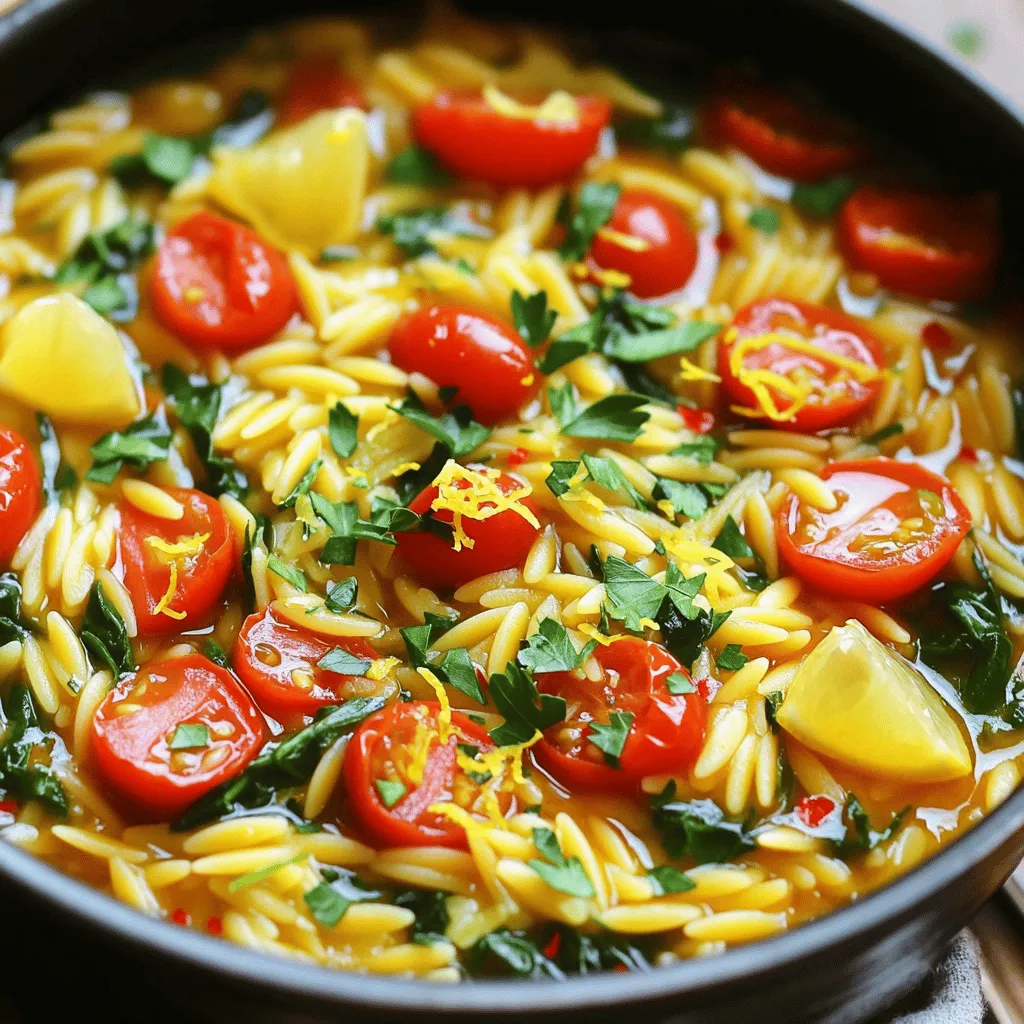 - 1 cup orzo pasta - 4 cups vegetable broth - 3 tablespoons olive oil - 4 garlic cloves, minced - 1 small onion, finely chopped - Zest of 1 lemon - Juice of 1 lemon - 1 cup cherry tomatoes, halved - 1 cup spinach, roughly chopped - 1/2 teaspoon red pepper flakes (optional) - Salt and pepper to taste - Fresh parsley, chopped (for garnish) - Grated Parmesan cheese (optional, for serving) Gather these ingredients to make your One-Pot Lemon Garlic Orzo. Each item plays a key role in making this dish bright and tasty. Orzo pasta is the base. It cooks quickly and absorbs flavors well. Vegetable broth adds depth and richness. Olive oil brings a smooth taste and helps with cooking. Garlic and onion provide a strong, savory aroma. They make your kitchen smell wonderful as they cook. The zest and juice of the lemon add a tangy brightness that lifts the dish. Cherry tomatoes add sweetness and color, while spinach gives a fresh note and nutrients. The optional red pepper flakes can give a slight kick if you like heat. Finally, season with salt and pepper for balance. Fresh parsley adds a pop of color and freshness. Grated Parmesan can make the dish creamier if you want. Now that you have your ingredients, you are all set to create a delicious meal! Start by heating olive oil in a large pot over medium heat. Once the oil is warm, add the finely chopped onion and minced garlic. Sauté these for about 3-4 minutes. When the onion turns translucent, it’s ready for the next step. Next, add the orzo pasta to the pot. Stir it well to coat it in the oil. Toast the orzo for about 2 minutes. This will enhance its flavor and give it a nice touch. Now, pour in 4 cups of vegetable broth. Add the lemon zest for a bright flavor. If you like a bit of heat, sprinkle in the red pepper flakes. Bring this mixture to a boil. When it starts boiling, lower the heat. Cover the pot and let it simmer for about 10-12 minutes. Stir it occasionally to keep it from sticking. The orzo should be al dente when it’s done. Once the orzo reaches the right texture, remove the pot from the heat. Stir in the lemon juice, halved cherry tomatoes, and chopped spinach. Mix everything until the spinach wilts. Season it with salt and pepper to your taste. If you want a creamy touch, stir in some grated Parmesan cheese. For a fresh finish, garnish with chopped parsley. Enjoy your delicious One-Pot Lemon Garlic Orzo! To prevent orzo from sticking, you should stir it often while cooking. When you first add the orzo to the pot, make sure to coat it well with olive oil. Toast it for two minutes to help keep it separate. As you simmer, stir the pot every few minutes for the best results. For the perfect al dente texture, keep an eye on the cooking time. You want the orzo to have a slight bite. Start checking it around the 10-minute mark. If it feels soft, it may be overcooked. The orzo should absorb most of the broth but still have some moisture left. Adding Parmesan cheese boosts the flavor. Stir in the cheese after you remove the pot from the heat. This creates a creamy texture that blends well with the lemon and garlic. Use freshly grated cheese for the best taste. Adjusting seasoning is key to making this dish your own. After adding the lemon juice, taste it. You may want to add more salt or pepper based on your preference. If you like a kick, toss in more red pepper flakes. Always feel free to make it suit your palate! {{image_2}} You can add protein to this dish easily. Chicken or shrimp works well. For chicken, cut it into bite-sized pieces. Sauté it with the onion and garlic. Cook until golden brown. This adds flavor and makes it heartier. For shrimp, add it during the last few minutes of cooking. Shrimp cooks fast, so keep an eye on it. It will turn pink and firm up quickly. If you prefer a vegetarian meal, try different veggies. Bell peppers, zucchini, or mushrooms are great choices. Chop your vegetables into small pieces. Sauté them with the onion and garlic. This will add color and nutrients. You can also add more spinach for extra greens. Experimenting with herbs or spices can change the taste of your orzo. Basil, oregano, or thyme work well. Add them during the cooking process for the best flavor. If you want a kick, try adding more red pepper flakes. A squeeze of lime instead of lemon can also give a fresh twist. Each change offers a new taste experience! To keep your One-Pot Lemon Garlic Orzo fresh, store it in an airtight container. You can refrigerate it for up to three days. If you want to freeze it, make sure it cools down first. Place the orzo in a freezer-safe container. It will last in the freezer for about one month. When you are ready to enjoy it again, thaw it in the refrigerator overnight. For the best taste, reheat leftover orzo on the stove. Add a splash of vegetable broth or water. Heat it over medium heat, stirring often. This keeps it creamy and prevents drying out. You can also use a microwave. Place the orzo in a microwave-safe dish. Add a little broth or water, cover it, and heat in short bursts, stirring in between. Enjoy your dish warm and fresh! What can I serve with One-Pot Lemon Garlic Orzo? You can serve this dish with grilled chicken or fish. A simple salad pairs well, too. Garlic bread is another great choice. All these options add flavor and make the meal more filling. Can I make this dish gluten-free? Yes, you can use gluten-free orzo pasta. Many brands offer this option now. Just check the package for cooking times. You can enjoy the same great taste without gluten. How long can leftovers be stored? You can keep leftovers in the fridge for about three days. Just place them in an airtight container. If you want to store them longer, freeze the orzo for up to two months. This recipe for One-Pot Lemon Garlic Orzo is simple and fun to make. You learned about the key ingredients and how to cook them step by step. We shared tips to get the best texture and flavor. You can even customize it with proteins or veggies. Storing leftovers is easy, and we answered common questions, too. Enjoy this tasty dish, and don't be afraid to make it your own!