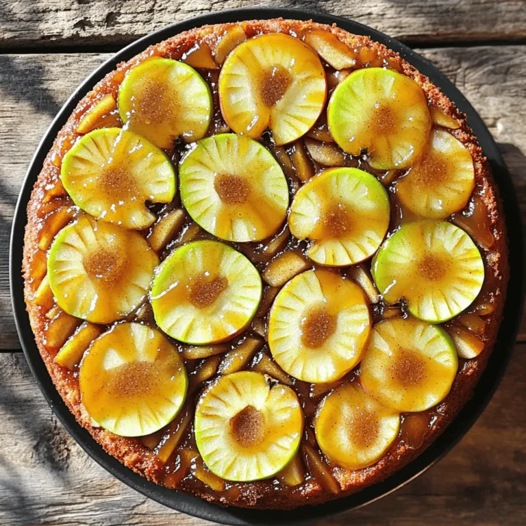 - 3 medium apples, peeled, cored, and sliced - 1 cup brown sugar - 1/2 cup unsalted butter, melted - 1 teaspoon ground cinnamon - 1 1/2 cups all-purpose flour - 1 tablespoon baking powder - 1/2 teaspoon salt - 1/2 cup granulated sugar - 1/4 cup milk - 2 large eggs - 1 teaspoon vanilla extract These ingredients come together to create a delicious Caramel Apple Upside-Down Cake. The apples are the star of this dish. They soften and soak up the caramel flavor, making each bite a treat. Using fresh apples is key. I prefer a mix of sweet and tart apples. This balance gives great flavor. The butter and brown sugar create a rich caramel that pairs perfectly with the apples. The flour, baking powder, and salt work together to form a light cake. The eggs and milk add moisture, while the vanilla gives a warm note. Together, these ingredients create a cake that is both soft and rich. - Vanilla ice cream - Whipped cream - Chopped nuts Serving this cake warm with vanilla ice cream makes it extra special. The cold ice cream melts into the warm cake, creating a delightful contrast. You can also top it with whipped cream for a lighter touch. Chopped nuts add a nice crunch, enhancing the texture. Feel free to mix and match these toppings to find your favorite combo. Each adds a unique twist to this classic dessert. 1. First, preheat your oven to 350°F (175°C). This step is key for even baking. 2. Grease a 9-inch round cake pan with butter or cooking spray. This helps the cake release easily. 3. In a mixing bowl, combine 1/2 cup of melted unsalted butter and 1 cup of brown sugar. Mix until smooth. This mix will create your caramel base. 4. Pour this buttery mixture into the bottom of the prepared cake pan. 1. Next, take your 3 medium apples. Peel, core, and slice them evenly. 2. Arrange the apple slices on top of the caramel mixture. Spread them out so every slice gets some caramel. 3. Sprinkle 1 teaspoon of ground cinnamon over the apples. This adds a warm flavor that enhances the cake. 4. In another bowl, whisk together 1 1/2 cups of all-purpose flour, 1 tablespoon of baking powder, and 1/2 teaspoon of salt. Set this dry mix aside. 5. In a large bowl, beat 1/2 cup of granulated sugar and 2 large eggs until light and fluffy. This helps make the cake airy. 6. Add 1/4 cup of milk and 1 teaspoon of vanilla extract to the egg mixture. Mix until everything combines well. 7. Gradually stir in the dry ingredients. Mix until just combined. Avoid overmixing for a tender cake. 1. Now, pour the batter over the arranged apples in the pan. Smooth it out with a spatula. 2. Bake in your preheated oven for 30 to 35 minutes. Check with a toothpick. It should come out clean when the cake is done. 3. Once baked, take the cake out of the oven. Let it cool in the pan for about 10 minutes. 4. Carefully invert the cake onto a serving plate. This reveals the beautiful caramelized apple topping. Now your caramel apple upside-down cake is ready to enjoy! Choosing the right apples For this cake, use firm apples like Granny Smith or Honeycrisp. They hold their shape well. These apples add a nice tart flavor to balance the sweet caramel. Importance of room temperature ingredients Using room temperature eggs and milk helps the batter mix well. This makes the cake soft and fluffy. Take the eggs and milk out of the fridge about 30 minutes before you start baking. Pairing with ice cream Serve your warm cake with a scoop of vanilla ice cream. The cold ice cream melts into the warm cake, creating a tasty treat. The mix of hot and cold makes each bite special. Presentation tips To impress your guests, focus on how you serve the cake. Use a nice plate and add a drizzle of caramel on top. You can sprinkle some chopped nuts or a dusting of cinnamon for a pop of color. This makes the cake look delightful and appetizing. {{image_2}} You can make this cake even more fun by adding nuts or dried fruits. Walnuts or pecans give a nice crunch. Dried cranberries or raisins add sweetness and chewiness. You can also spice things up by adding nutmeg or allspice. A pinch of nutmeg gives a warm flavor. Allspice adds a hint of clove and cinnamon. These spices blend well with the apples, making each bite special. If you need a gluten-free cake, you can use almond flour or a gluten-free mix. Just make sure the mix has a binding agent like xanthan gum. For a dairy-free version, swap the butter with coconut oil or vegan butter. Use almond milk instead of regular milk. This way, everyone can enjoy this tasty treat! To keep your caramel apple upside-down cake fresh, store it properly. Here are some tips: - Storing leftover cake: Let the cake cool completely. Once cooled, cover it tightly with plastic wrap or aluminum foil. This helps to keep moisture in and prevents it from drying out. You can also place it in an airtight container for added protection. - Best containers for freshness: Use a cake dome or a cake carrier if you have one. These keep the cake safe from air and help maintain its softness. A glass or plastic container works well too, as long as it seals tightly. If you want to enjoy your cake warm, reheating is easy. Here’s how: - How to rewarm cake without drying: Preheat your oven to 300°F (150°C). Place the cake on a baking sheet. Cover it with aluminum foil to keep it moist. Heat for about 10-15 minutes. Check if it’s warm enough by inserting a toothpick; it should come out warm but not hot. Enjoy your cake just like it was fresh from the oven! How long does the cake last at room temperature? This cake lasts about two days at room temperature. Keep it covered to stay fresh. After that, store it in the fridge for up to a week. Can I use different fruits besides apples? Yes, you can use pears or peaches. Just slice them thinly. The cooking time may stay the same, but check for doneness. What is the best way to serve this cake? Serve warm for the best taste. A scoop of vanilla ice cream or whipped cream on top makes it even better. Can I make this cake in advance? You can bake it a day before your event. Just cool it and cover it well. When ready to serve, warm it in the oven. What to do if my cake is too dense? If your cake is dense, check your mixing. Make sure not to overmix the batter. Also, ensure your baking powder is fresh. You now have all the tools to make a tasty apple cake. We covered key ingredients, steps for baking, and fun tips to enhance your cake. Remember, using the right apples is key, and feel free to get creative with toppings. You can even try variations to suit any diet. Follow these methods, and your cake will shine at any gathering. Enjoy sharing this treat with friends and family! Happy baking!