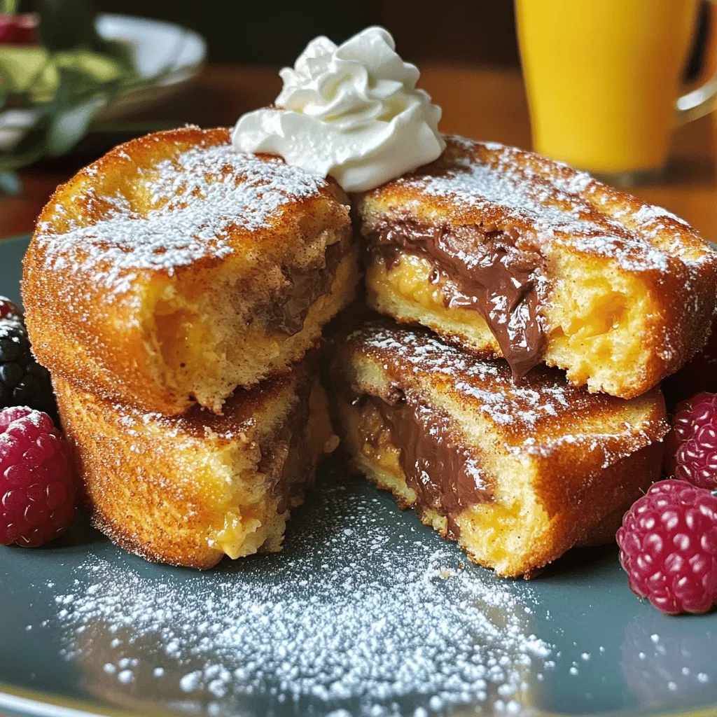 To make churro stuffed French toast, gather these key ingredients: - 4 slices of thick bread (like brioche or challah) - 1 cup cream cheese, softened - 1/2 cup cinnamon sugar (1/4 cup granulated sugar mixed with 2 tablespoons cinnamon) - 1/2 cup chocolate spread (like Nutella) - 2 large eggs - 1/2 cup milk - 1 teaspoon vanilla extract - 1 tablespoon unsalted butter - Additional cinnamon sugar for dusting These ingredients work together to create a sweet and rich breakfast. You can enhance your churro stuffed French toast with these optional garnishes: - Whipped cream for a fluffy topping - Fresh fruit like strawberries, bananas, or berries for color and flavor These garnishes add a fun touch and make the dish even more appealing. Not all bread is created equal for stuffed French toast. Here are my top picks: - Brioche: This bread is rich and soft, perfect for soaking up the egg mix. - Challah: This eggy bread has a lovely texture and flavor that works well. - Texas Toast: Thick slices of Texas toast can also give a great bite. Each option adds its unique charm to the dish. Choose your favorite for a delicious breakfast! To make the filling, I start by mixing the cream cheese and chocolate spread. In a medium bowl, I add 1 cup of softened cream cheese and 1/2 cup of chocolate spread. I stir until the mixture is smooth and well combined. This creamy filling adds a rich taste to the French toast. Once done, I set it aside for later use. Next, I take two slices of thick bread, like brioche or challah. I spread the chocolate cream cheese mixture on one side of each slice. I make sure to cover the whole slice for the best flavor. Then, I close the slices to form two tasty sandwiches. This step is key to creating the stuffed effect in the French toast. Now it’s time to cook! I grab a shallow bowl and whisk together 2 large eggs, 1/2 cup of milk, and 1 teaspoon of vanilla extract. This egg mixture coats the bread and makes it rich. I heat a skillet over medium heat and add 1 tablespoon of unsalted butter until it melts. I dip each sandwich in the egg mixture, making sure both sides are coated. Then, I place the sandwiches on the skillet. I cook them for about 3-4 minutes on each side until they turn golden brown and crispy. As soon as I take them off the skillet, I coat them with additional cinnamon sugar for a sweet touch. Finally, I slice each stuffed French toast in half to show off the yummy filling. I love serving it with whipped cream and fresh fruit for a special treat! To get that perfect crisp, use thick bread like brioche or challah. These types absorb the egg mix well but stay firm. Don't rush the cooking. Keep the heat medium, so the toast cooks through and doesn't burn. Flip the toast gently to keep the filling intact. After cooking, coat the toast in cinnamon sugar while it's warm. This helps the sugar stick. If you need alternatives, there are plenty! You can swap cream cheese with mascarpone or ricotta for a lighter taste. Instead of chocolate spread, use peanut butter or any nut butter. For milk, any plant-based milk works. Almond or oat milk can be great options. You can also change the eggs. Use one tablespoon of flaxseed meal mixed with three tablespoons of water as a vegan substitute. To make your churro stuffed French toast even better, serve it with whipped cream and fresh fruit. Strawberries, blueberries, or bananas add a nice touch. You can also drizzle chocolate syrup for extra sweetness. If you want a crunch, sprinkle some chopped nuts on top. This will add texture and flavor to your dish. {{image_2}} You can get creative with the fillings for your churro stuffed French toast. Try using sweetened ricotta or mascarpone for a creamy twist. You can also swap the chocolate spread for fruit preserves like strawberry or raspberry. For a nutty flavor, add almond butter or peanut butter. Each of these options adds a unique taste and texture to your dish. To boost the flavor, consider adding spices like nutmeg or allspice to the egg mixture. A splash of orange or almond extract can give your French toast a delightful twist. If you want extra crunch, sprinkle chopped nuts, like pecans or walnuts, inside the filling. A drizzle of caramel or chocolate sauce on top can take it to the next level. Making churro stuffed French toast vegan is simple. Use plant-based milk and replace the eggs with a flaxseed mix (1 tablespoon flaxseed meal with 2.5 tablespoons water). For gluten-free options, choose gluten-free bread that you love. Just make sure to check that your filling ingredients are also gluten-free. These adjustments let everyone enjoy this tasty treat without worry. To keep your churro stuffed French toast fresh, let it cool first. Place the slices in an airtight container. You can store them in the fridge for up to three days. This way, you can enjoy them later without losing flavor. When you're ready to eat leftovers, preheat your oven to 350°F (175°C). Place the slices on a baking sheet. Warm them for about 10 minutes. This method helps keep the toast crispy on the outside and warm inside. You can also use a toaster oven for a quicker option. If you want to save some for later, freezing works well too. Wrap each slice in plastic wrap. Then, place them in a freezer-safe bag. This helps prevent freezer burn. You can freeze them for up to a month. When you're ready to eat, thaw them in the fridge overnight. Reheat as mentioned above for a tasty breakfast treat! Yes, you can prepare Churro Stuffed French Toast ahead of time. Make the stuffed sandwiches and dip them in the egg mixture. Cover them and place them in the fridge overnight. In the morning, cook them right away. This saves time and makes breakfast easy. You can use many tasty toppings! Here are a few ideas: - Whipped cream for a light touch - Fresh berries like strawberries or blueberries - More cinnamon sugar for extra sweetness - A drizzle of chocolate sauce for fun - Sliced bananas for a fruity kick Feel free to mix and match your favorite toppings to make it your own! To make Churro Stuffed French Toast dairy-free, swap traditional dairy products with plant-based options. Use dairy-free cream cheese and a dairy-free milk, like almond or oat milk. These swaps keep the taste rich and creamy while being kind to your tummy. Enjoy your delicious, dairy-free treat! This post covered how to make delicious stuffed French toast. We looked at key ingredients, cooking steps, and tips for perfect results. I shared ideas for variations and how to store leftovers safely. Remember, trying new fillings can make each bite special. You can add your favorite toppings for extra flavor. Enjoy making this dish your own!