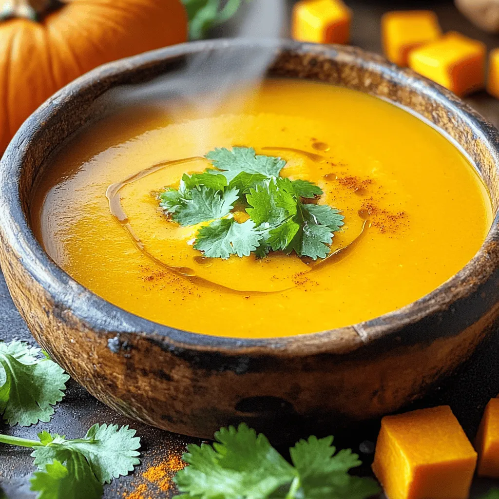 - 1 medium pumpkin (about 2-3 pounds), peeled and diced - 1 medium onion, chopped - 2 cloves garlic, minced - 1 carrot, peeled and diced - 1 tablespoon fresh ginger, minced - 1 teaspoon ground cumin - 1 teaspoon ground coriander - 4 cups vegetable broth - 1 cup coconut milk - 2 tablespoons olive oil - Salt and pepper to taste - Fresh cilantro or parsley for garnish For those with dietary needs, you can swap coconut milk with almond milk. Use low-sodium broth for a lighter option. If you want a vegan version, skip the coconut milk. You can also use any squash if pumpkin is out of season. Each serving of this silky pumpkin soup has about 220 calories. It contains 9 grams of fat, 3 grams of protein, and 30 grams of carbs. This soup is rich in vitamin A, which is great for your eyes. It also has vitamin C, which helps your immune system. Plus, the fiber from pumpkin and carrots aids digestion. Overall, it's a tasty and healthy choice! Start by peeling the pumpkin. Use a sharp knife and slice it carefully. Cut the pumpkin into small cubes. Aim for pieces about one inch. This size helps them cook evenly. Next, chop the onion into small bits. Mince the garlic and ginger finely. This will add strong flavors. Peel and dice the carrot into small cubes, similar in size to the pumpkin. Tips for chopping: - Use a stable cutting board. - Keep your fingers tucked in while chopping. - A sharp knife will make the task easier and safer. Heat a big pot over medium heat. Add the olive oil and let it warm up. Once hot, toss in the chopped onion. Stir and sauté for about five minutes. You want the onion to turn translucent. Now, add the minced garlic, ginger, and carrot. Sauté for another three to four minutes. You want to smell the fragrant spices. Next, add the diced pumpkin, cumin, and coriander. Stir and cook for about five minutes. This toasts the spices and brings out their flavors. Pour in the vegetable broth. Bring the mix to a boil. Once boiling, reduce the heat. Let it simmer for 20 to 25 minutes. The pumpkin should be soft enough to pierce with a fork. For a silky texture, use an immersion blender. Carefully blend the soup until smooth. If you don’t have one, use a regular blender. Pour the soup in batches into the blender. Blend until creamy, then return it to the pot. Blending tips: - Let the soup cool slightly before blending. - Blend in small amounts to avoid spills. - A high-speed blender works best for a smooth finish. To make your pumpkin soup rich and smooth, experiment with different types of cream or milk. You can use heavy cream for a decadent taste. If you prefer a lighter option, try almond milk or oat milk. Coconut milk gives a nice tropical twist, which pairs well with pumpkin. Adjust spices to fit your taste. If you love heat, add more ginger or a dash of cayenne. For a milder flavor, reduce the cumin and coriander. One common mistake is not cooking the pumpkin enough. If it's too firm, your soup won't blend well. Always check if the pumpkin is tender before blending. Another pitfall is burning the garlic. Keep an eye on it while sautéing, as it can turn bitter quickly. Also, be careful not to add too much salt too early. Taste your soup before seasoning to avoid over-salting. Garnishes can elevate your soup. Fresh cilantro or parsley adds color and freshness. A drizzle of olive oil can add richness. For a fun touch, try adding roasted pumpkin seeds on top. Pair your silky pumpkin soup with crusty bread for a complete meal. A simple green salad with light dressing also complements the soup well. Enjoy your warm bowl of comfort! {{image_2}} You can change the taste of silky pumpkin soup by adding spices and herbs. Try adding nutmeg for warmth or a pinch of red pepper flakes for heat. Fresh herbs like thyme or sage can also give a nice touch. If you want a thicker soup, add more diced carrots or even some cooked lentils for protein. These additions make the soup heartier and boost nutrition. In fall, you can use roasted pumpkin or butternut squash for a sweeter flavor. Roasting the pumpkin brings out its natural sugars. In winter, consider adding root vegetables like parsnips or sweet potatoes. These ingredients not only change the taste but also add a colorful twist to your soup. To make the soup vegan, simply swap coconut milk for heavy cream. Use vegetable broth to keep it plant-based. For a gluten-free version, ensure your broth is gluten-free. If you need low-carb options, skip the carrots and focus on pumpkin and broth. You can also use almond milk as a lighter alternative to coconut milk, making it suitable for those who are lactose intolerant. To keep your silky pumpkin soup fresh, use airtight containers. Make sure the soup cools down to room temperature before sealing. This helps prevent moisture buildup. You can store it in the fridge for up to five days. If you want to save it longer, consider freezing it. Use freezer-safe containers or bags. Be sure to leave some space at the top, as soup expands when frozen. Label the containers with the date to keep track. When reheating, choose a gentle method. You can warm the soup on the stove over low heat. Stir it often to avoid sticking. If using a microwave, heat in short bursts, stirring in between. This helps keep the soup creamy and smooth. If the soup seems thick, add a splash of vegetable broth or coconut milk. This revives the texture and flavor. For a richer taste, you can stir in a bit of cream before serving. To make your pumpkin soup richer, try adding a few key ingredients. Use more coconut milk or heavy cream for a creamier texture. You can also add butter for a richer taste. Another option is to include a few roasted garlic cloves. They add depth and a nice flavor boost. You can even stir in some grated cheese, like Parmesan, just before serving. Each of these options brings a lovely creaminess to your soup. Yes, you can use canned pumpkin instead of fresh. Canned pumpkin is convenient and saves time. It has a smooth texture and is often cooked already. However, fresh pumpkin can have a deeper flavor. Canned pumpkin may lack some of the natural sweetness of fresh. If you use canned, check for added sugars or spices. This choice depends on your taste and how much time you have. Pumpkin soup lasts about 3 to 5 days in the fridge. Store it in an airtight container for best results. Make sure to let it cool completely before sealing. If you want to keep it longer, consider freezing it. Frozen soup can last up to 3 months. Just remember to leave some space in the container for expansion. Leftover pumpkin seeds are great for snacking. You can roast them with a little olive oil and salt. This makes a crunchy treat. You can also use them as a garnish on soups or salads. Another idea is to blend them into smoothies for extra nutrition. They are rich in protein and healthy fats, so don’t toss them out! This blog post covered everything you need to know for silky pumpkin soup. We discussed ingredients, storage, and cooking tips. I provided ways to modify the recipe for different diets. Remember, small changes can lead to big flavor boosts. Avoid common mistakes to ensure your soup turns out great each time. With these tips in hand, you can create delicious variations for any season. Enjoy making this dish and sharing it with others! Your kitchen adventures await, so dive in with confidence.
